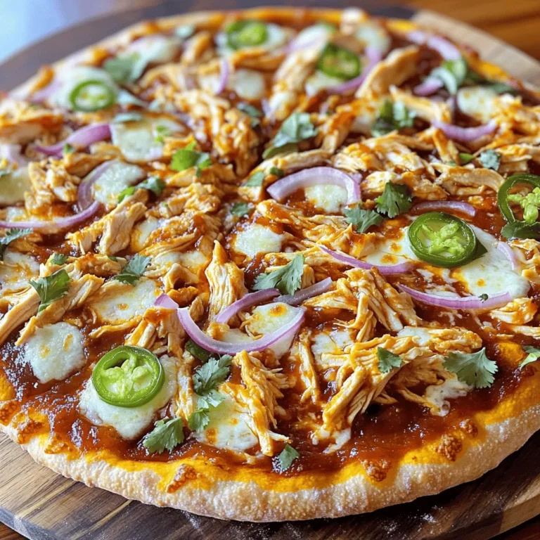 - 1 pre-made pizza dough or 1 pound homemade pizza dough - 1 cup cooked chicken breast, shredded - 1/2 cup BBQ sauce (spicy or regular) - 1 cup mozzarella cheese, shredded - 1/2 cup red onion, thinly sliced - 1/4 cup fresh cilantro, chopped - 1 jalapeño, thinly sliced (optional, for extra heat) - 1 teaspoon olive oil - Salt and pepper to taste For the dough, I love using brands like Pillsbury or Trader Joe's. They offer great taste and save time. If you're making it at home, use high-quality flour. For BBQ sauce, Sweet Baby Ray's is a crowd-pleaser. It pairs well with chicken. For cheese, I recommend part-skim mozzarella. It melts well and keeps the pizza light. Fresh cilantro adds a burst of flavor, so grab the freshest bunch you can find. If you want a lighter option, try using grilled tofu instead of chicken. For a different sauce, you can use ranch dressing or hot sauce. If red onion isn't your favorite, green onions work just as well. You can swap mozzarella for cheddar or even goat cheese for a unique twist. If you need a gluten-free option, use a gluten-free pizza crust or cauliflower crust. First, preheat your oven to 475°F (245°C). This heat helps make a crispy crust. If you have a pizza stone, place it in the oven while it heats. For the dough, you can use store-bought or make your own. If you pick homemade dough, roll it out on a floured surface. Aim for your favorite thickness. If using store-bought, stretch it out to fit your stone or baking sheet. In a medium bowl, mix the shredded chicken with 1/4 cup of BBQ sauce. Make sure all the chicken gets coated well. This step is key for flavor. You can use spicy BBQ sauce for more heat or regular for a milder taste. If you want extra spice, slice a jalapeño to add later. Now, spread the remaining BBQ sauce over the dough. Leave a small edge around the border. Evenly place the BBQ chicken on top. Next, sprinkle the shredded mozzarella cheese over the chicken. Add the sliced red onion for a nice crunch. If you like it spicy, place the jalapeño slices on top. Bake the pizza in the oven for about 12-15 minutes. Look for a golden crust and bubbly cheese. When it's ready, take it out and let it cool for a couple of minutes. Finally, sprinkle fresh cilantro on top, add salt and pepper, and slice it up. Enjoy your spicy BBQ chicken pizza! For the complete process, check out the Full Recipe. For the best pizza dough, start with a clean surface. If you use pre-made dough, let it sit for 15 minutes. This helps it stretch better. If you make your own, knead it well. A good dough has a smooth texture. Roll it out to your desired thickness. A thicker crust gives you a chewy bite. A thinner crust gets crispy. To bake your pizza perfectly, preheat your oven to 475°F (245°C). If you have a pizza stone, put it in the oven while it heats. This helps the crust get crispy. Once the oven is hot, bake your pizza for 12-15 minutes. Keep an eye on the cheese; it should be bubbly and slightly golden. If the edges brown too fast, lower the temperature. Seasoning is key to a tasty pizza. Use salt and pepper on the chicken and veggies. This enhances their natural flavors. If you love heat, add cayenne or chili flakes. Fresh herbs like cilantro add brightness. You can also mix spices into the BBQ sauce for extra kick. Try garlic powder or smoked paprika. These simple tips will make your spicy BBQ chicken pizza sing with flavor! {{image_2}} You can mix up your spicy BBQ chicken pizza by adding different toppings. Try using bacon bits for a smoky flavor. Bell peppers add a nice crunch, and corn brings sweetness. For a gourmet touch, add goat cheese or blue cheese. You can even use pineapple for a sweet twist that balances the spice. If you need a gluten-free option, there are great pre-made crusts available. Cauliflower crust is a popular choice. It’s lower in carbs and still tasty. You can make your own by mixing riced cauliflower with cheese and eggs. This way, you enjoy the same great flavors without the gluten. To adjust the spice, change the BBQ sauce. Use a milder sauce if you prefer less heat. You can also add more or fewer jalapeños. If you want to crank up the heat, try adding crushed red pepper flakes or hot sauce. This way, you can create the perfect spicy BBQ chicken pizza to suit your taste. For the full recipe, check out the section above. You can keep leftover spicy BBQ chicken pizza in the fridge. Place slices in an airtight container. Make sure they cool first. This keeps the crust from getting soggy. Leftover pizza stays fresh for about three to four days. When you’re ready to eat, reheating is key. Use an oven for the best taste. Preheat it to 375°F (190°C). Place the pizza on a baking sheet. Heat it for about 10 to 12 minutes. This warms the pizza and makes the crust crispy. You can also use a skillet. Heat the skillet over medium heat. Place a slice in the pan and cover it. This method warms the bottom and keeps it crispy. Freezing is a great option for meal prep. First, let the pizza cool completely. Then, wrap each slice in plastic wrap. Place the wrapped slices in a freezer bag. Squeeze out as much air as possible. You can freeze pizza for up to two months. To reheat, thaw in the fridge overnight and follow the reheating steps. This way, you'll enjoy your spicy BBQ chicken pizza anytime! For the full recipe, check out the earlier sections. You can easily make your pizza unique. Try adding different toppings. Here are some ideas: - Cheese: Use gouda or pepper jack for extra flavor. - Veggies: Add bell peppers, mushrooms, or spinach for more texture. - Protein: Swap chicken for pulled pork or beef for a twist. - Sauce: Mix BBQ sauce with ranch or hot sauce for a new taste. Mix and match these options to fit your taste! BBQ chicken pizza pairs well with many sides. Consider these options: - Salad: A fresh green salad with vinaigrette is a great choice. - Wings: Serve spicy wings for a fun meal combo. - Dips: Try ranch or blue cheese dip on the side. - Drinks: Pair with iced tea or a light beer for balance. These sides will make your meal more enjoyable. You can keep leftover pizza in the fridge for about 3 to 4 days. To store it: - Place slices in an airtight container or wrap them in foil. - Label the container with the date to track freshness. When you're ready to eat, simply reheat your pizza. Enjoy it warm for the best taste! For the full recipe, check out the details above. In this blog post, we explored the key ingredients for BBQ chicken pizza, including recommended brands and substitutions. I shared step-by-step instructions, tips for perfecting your dough, and ways to enhance flavor. We also looked at tasty variations, options for crusts, and smart storage tips. Now you’re ready to make a delicious BBQ chicken pizza that suits your taste. Enjoy the process and the wonderful flavors you create! Dive in and have fun making your own version at home!