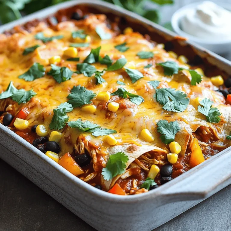 To make this dish, you need some key ingredients. Here’s what you will use: - 2 cups cooked chicken, shredded - 1 can (15 oz) enchilada sauce (red or green) - 1 cup black beans, drained and rinsed - 1 cup corn (frozen or fresh) - 1 cup diced bell peppers (any color) - 1 teaspoon cumin - 1 teaspoon chili powder - 2 cups shredded cheese (cheddar or a Mexican blend) - 8 small flour tortillas You can start with cooked chicken. I like to use rotisserie chicken. It saves time and tastes great. Cheese makes this dish creamy and rich. I suggest using cheddar or a Mexican blend. Both melt well and add flavor. If you want something different, try pepper jack for a kick! You can also mix cheeses for a tasty twist. Garnishes can make your meal pop. I love adding fresh cilantro on top. It adds a nice color and flavor. Sour cream is a great side too. It cools down the spice. You can also serve it with rice or chips for a full meal. Enjoy your Easy Chicken Enchilada Bake with these fun extras! For the full recipe, check out the instructions above. First, set your oven to 375°F (190°C). This step warms the oven for the enchilada bake. While it preheats, gather your ingredients. You need cooked chicken, enchilada sauce, black beans, corn, bell peppers, spices, tortillas, and cheese. Having everything ready makes cooking smooth. In a large bowl, mix the shredded chicken, black beans, corn, diced bell peppers, cumin, and chili powder. Add half of the enchilada sauce to the mix. Stir everything well so the flavors blend nicely. This filling is the heart of the dish. It brings all the tastes together. Grab a 9x13 inch baking dish. Spread a thin layer of the remaining enchilada sauce on the bottom. This helps prevent sticking. Next, lay four tortillas on top of the sauce. Take a scoop of the chicken mixture and place it in each tortilla. Roll them tightly and place them seam side down in the dish. Repeat this with the other tortillas until the filling is gone. Pour any leftover enchilada sauce over the top. Finally, sprinkle shredded cheese over everything. Cover the dish with aluminum foil. Bake it in the oven for 20 minutes. This step helps the filling heat up. After that, remove the foil and bake for another 10 minutes. Keep an eye on the cheese; it should be bubbly and slightly golden. Once finished, let it cool for a few minutes. Then slice it into squares, garnish with fresh cilantro, and serve with sour cream if you like. Enjoy your Easy Chicken Enchilada Bake! To keep your enchiladas crisp, layer them with care. Start with a thin layer of sauce on the bottom. This helps prevent sogginess. Use only enough sauce to moisten the tortillas. Avoid drenching them before baking. You can also bake uncovered for the last few minutes. This makes the top nice and crunchy. Using the right tools makes a big difference. A large mixing bowl helps you combine the filling well. Use a spatula to spread sauce and cheese evenly. Tongs are great for handling hot tortillas. A 9x13 inch baking dish is perfect for this recipe. It holds all your enchiladas snugly. Want to give your enchiladas a kick? Add jalapeños or diced green chiles to the filling. You can also mix in some chipotle powder for a smoky flavor. If you like fresh herbs, try adding chopped cilantro or parsley. A squeeze of lime juice before serving adds a zesty touch. For a creamy twist, top with sour cream or avocado. For the full recipe, check out the Easy Chicken Enchilada Bake section! {{image_2}} You can make this dish without chicken. Use beans, like black or pinto, for protein. Add veggies, such as zucchini, mushrooms, or spinach. These options give a fresh taste. They also make the dish colorful and fun. Mix in some extra spices to boost flavor. This way, everyone can enjoy the meal, even non-meat eaters. Want a healthier twist? Swap out the flour tortillas for corn tortillas. They are lower in calories and gluten-free. You can also use low-fat cheese or skip it entirely. Try using Greek yogurt instead of sour cream. It adds creaminess and protein without extra fat. Finally, consider adding more veggies. This will increase fiber and nutrients, making the dish even better for your health. To change the flavor, try different enchilada sauces. Green sauce adds a fresh, bright taste. A tomatillo sauce brings a tangy twist. You can also add salsa for a kick. For a smoky flavor, try chipotle sauce. Each sauce creates a new vibe for your meal. Mix it up and see what your family loves best! For the full recipe, check out the section above. After enjoying your Easy Chicken Enchilada Bake, save any leftovers to enjoy later. Let the dish cool down to room temperature. Then, cover it tightly with plastic wrap or foil. You can also use an airtight container for best results. Store the leftovers in the fridge. They will stay fresh for up to three days. To reheat your enchilada bake, preheat your oven to 350°F (175°C). Place the dish covered with foil in the oven. Heat for about 20 minutes. This helps keep the dish moist and tasty. If you prefer, you can microwave individual portions. Heat them for one to two minutes, checking frequently. Want to save your enchilada bake for later? You can freeze it! First, let it cool completely. Then, cut the dish into portions. Wrap each piece in plastic wrap, then in foil. Place them in a freezer-safe bag. Label the bag with the date. Your enchiladas will be good for up to three months in the freezer. When ready to eat, thaw them in the fridge overnight before reheating. For best taste, reheat in the oven. Enjoy your easy meal anytime! For the full recipe, check out the section above. Yes, you can make this dish ahead of time. Prepare the filling and assemble the enchiladas. Cover the baking dish with foil and store it in the fridge. When you’re ready to bake, just add a few more minutes to the cooking time. This makes dinner easy on busy nights. If you want a change, try using corn tortillas. You can also use lettuce wraps for a low-carb option. Another idea is to use zucchini slices. These swaps still hold the filling well and keep the dish tasty. Absolutely! To use a slow cooker, layer the filling and tortillas in the pot. Pour the enchilada sauce over everything. Set it on low for about 4 hours or high for 2 hours. This method will keep the dish moist and flavorful. To make this bake gluten-free, use corn tortillas instead of flour tortillas. Check your enchilada sauce to ensure it’s gluten-free. Most brands offer gluten-free options. With these changes, you can enjoy this dish without worry. The Easy Chicken Enchilada Bake combines simple ingredients and straightforward steps. With tips to avoid soggy enchiladas and ways to enhance flavors, this dish is both fun and flexible. You can try vegetarian options or swap ingredients for healthier choices. Proper storage will keep your leftovers tasty. Whether you prepare it ahead or use a slow cooker, this recipe fits any schedule. Enjoy crafting this satisfying meal that your family will love!