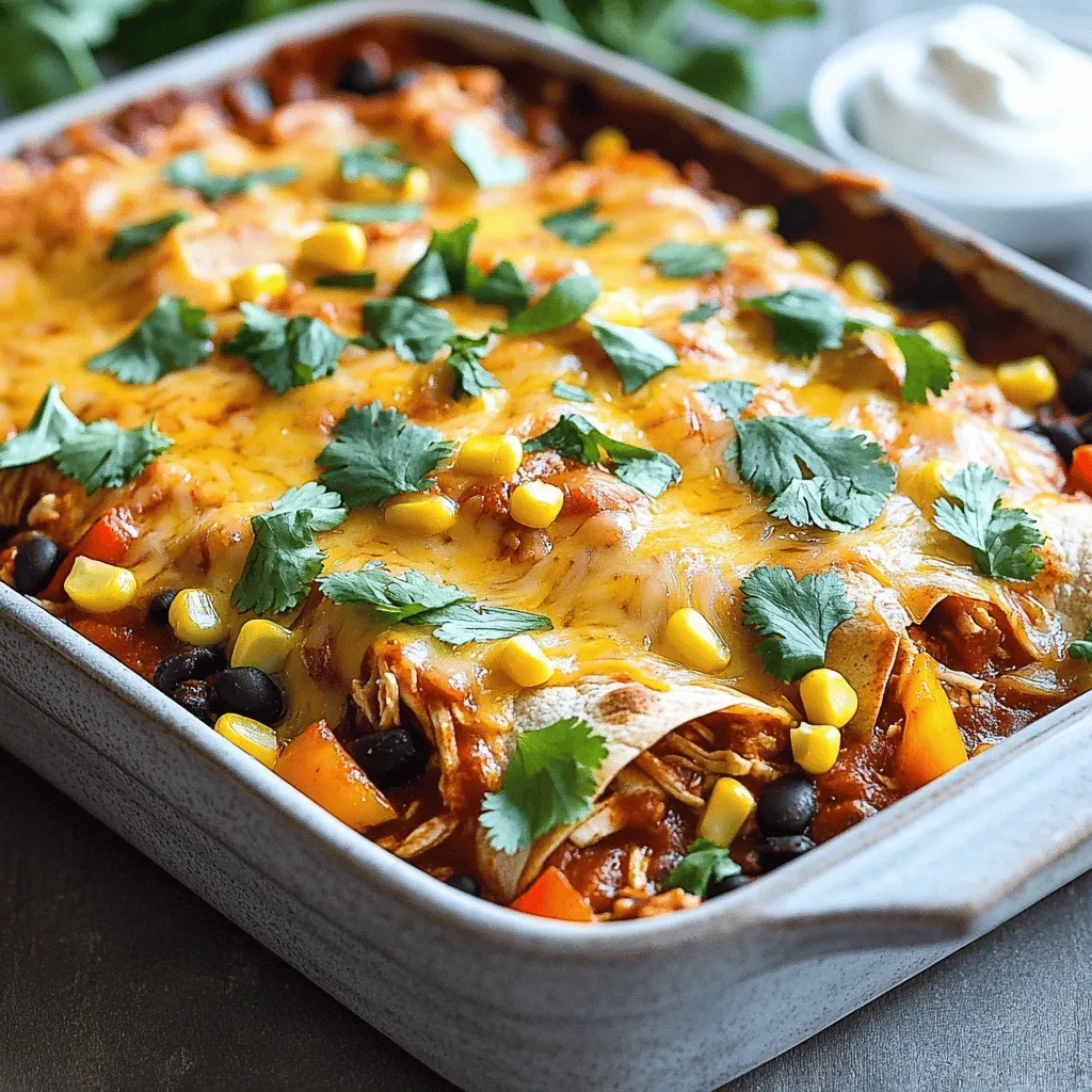 To make this dish, you need some key ingredients. Here’s what you will use: - 2 cups cooked chicken, shredded - 1 can (15 oz) enchilada sauce (red or green) - 1 cup black beans, drained and rinsed - 1 cup corn (frozen or fresh) - 1 cup diced bell peppers (any color) - 1 teaspoon cumin - 1 teaspoon chili powder - 2 cups shredded cheese (cheddar or a Mexican blend) - 8 small flour tortillas You can start with cooked chicken. I like to use rotisserie chicken. It saves time and tastes great. Cheese makes this dish creamy and rich. I suggest using cheddar or a Mexican blend. Both melt well and add flavor. If you want something different, try pepper jack for a kick! You can also mix cheeses for a tasty twist. Garnishes can make your meal pop. I love adding fresh cilantro on top. It adds a nice color and flavor. Sour cream is a great side too. It cools down the spice. You can also serve it with rice or chips for a full meal. Enjoy your Easy Chicken Enchilada Bake with these fun extras! For the full recipe, check out the instructions above. First, set your oven to 375°F (190°C). This step warms the oven for the enchilada bake. While it preheats, gather your ingredients. You need cooked chicken, enchilada sauce, black beans, corn, bell peppers, spices, tortillas, and cheese. Having everything ready makes cooking smooth. In a large bowl, mix the shredded chicken, black beans, corn, diced bell peppers, cumin, and chili powder. Add half of the enchilada sauce to the mix. Stir everything well so the flavors blend nicely. This filling is the heart of the dish. It brings all the tastes together. Grab a 9x13 inch baking dish. Spread a thin layer of the remaining enchilada sauce on the bottom. This helps prevent sticking. Next, lay four tortillas on top of the sauce. Take a scoop of the chicken mixture and place it in each tortilla. Roll them tightly and place them seam side down in the dish. Repeat this with the other tortillas until the filling is gone. Pour any leftover enchilada sauce over the top. Finally, sprinkle shredded cheese over everything. Cover the dish with aluminum foil. Bake it in the oven for 20 minutes. This step helps the filling heat up. After that, remove the foil and bake for another 10 minutes. Keep an eye on the cheese; it should be bubbly and slightly golden. Once finished, let it cool for a few minutes. Then slice it into squares, garnish with fresh cilantro, and serve with sour cream if you like. Enjoy your Easy Chicken Enchilada Bake! To keep your enchiladas crisp, layer them with care. Start with a thin layer of sauce on the bottom. This helps prevent sogginess. Use only enough sauce to moisten the tortillas. Avoid drenching them before baking. You can also bake uncovered for the last few minutes. This makes the top nice and crunchy. Using the right tools makes a big difference. A large mixing bowl helps you combine the filling well. Use a spatula to spread sauce and cheese evenly. Tongs are great for handling hot tortillas. A 9x13 inch baking dish is perfect for this recipe. It holds all your enchiladas snugly. Want to give your enchiladas a kick? Add jalapeños or diced green chiles to the filling. You can also mix in some chipotle powder for a smoky flavor. If you like fresh herbs, try adding chopped cilantro or parsley. A squeeze of lime juice before serving adds a zesty touch. For a creamy twist, top with sour cream or avocado. For the full recipe, check out the Easy Chicken Enchilada Bake section! {{image_2}} You can make this dish without chicken. Use beans, like black or pinto, for protein. Add veggies, such as zucchini, mushrooms, or spinach. These options give a fresh taste. They also make the dish colorful and fun. Mix in some extra spices to boost flavor. This way, everyone can enjoy the meal, even non-meat eaters. Want a healthier twist? Swap out the flour tortillas for corn tortillas. They are lower in calories and gluten-free. You can also use low-fat cheese or skip it entirely. Try using Greek yogurt instead of sour cream. It adds creaminess and protein without extra fat. Finally, consider adding more veggies. This will increase fiber and nutrients, making the dish even better for your health. To change the flavor, try different enchilada sauces. Green sauce adds a fresh, bright taste. A tomatillo sauce brings a tangy twist. You can also add salsa for a kick. For a smoky flavor, try chipotle sauce. Each sauce creates a new vibe for your meal. Mix it up and see what your family loves best! For the full recipe, check out the section above. After enjoying your Easy Chicken Enchilada Bake, save any leftovers to enjoy later. Let the dish cool down to room temperature. Then, cover it tightly with plastic wrap or foil. You can also use an airtight container for best results. Store the leftovers in the fridge. They will stay fresh for up to three days. To reheat your enchilada bake, preheat your oven to 350°F (175°C). Place the dish covered with foil in the oven. Heat for about 20 minutes. This helps keep the dish moist and tasty. If you prefer, you can microwave individual portions. Heat them for one to two minutes, checking frequently. Want to save your enchilada bake for later? You can freeze it! First, let it cool completely. Then, cut the dish into portions. Wrap each piece in plastic wrap, then in foil. Place them in a freezer-safe bag. Label the bag with the date. Your enchiladas will be good for up to three months in the freezer. When ready to eat, thaw them in the fridge overnight before reheating. For best taste, reheat in the oven. Enjoy your easy meal anytime! For the full recipe, check out the section above. Yes, you can make this dish ahead of time. Prepare the filling and assemble the enchiladas. Cover the baking dish with foil and store it in the fridge. When you’re ready to bake, just add a few more minutes to the cooking time. This makes dinner easy on busy nights. If you want a change, try using corn tortillas. You can also use lettuce wraps for a low-carb option. Another idea is to use zucchini slices. These swaps still hold the filling well and keep the dish tasty. Absolutely! To use a slow cooker, layer the filling and tortillas in the pot. Pour the enchilada sauce over everything. Set it on low for about 4 hours or high for 2 hours. This method will keep the dish moist and flavorful. To make this bake gluten-free, use corn tortillas instead of flour tortillas. Check your enchilada sauce to ensure it’s gluten-free. Most brands offer gluten-free options. With these changes, you can enjoy this dish without worry. The Easy Chicken Enchilada Bake combines simple ingredients and straightforward steps. With tips to avoid soggy enchiladas and ways to enhance flavors, this dish is both fun and flexible. You can try vegetarian options or swap ingredients for healthier choices. Proper storage will keep your leftovers tasty. Whether you prepare it ahead or use a slow cooker, this recipe fits any schedule. Enjoy crafting this satisfying meal that your family will love!
