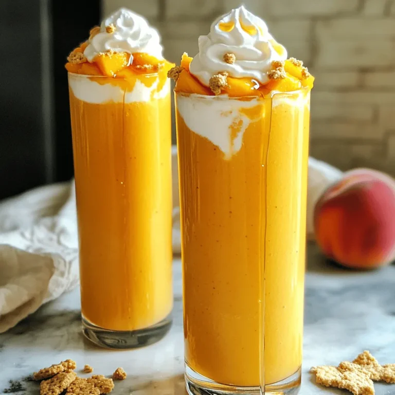 - 2 ripe peaches - 1 banana (frozen) - 1 cup Greek yogurt (preferably vanilla) To make a Peach Pie Smoothie, you need fresh ingredients. Start with two ripe peaches. They should smell sweet and feel slightly soft. Next, grab a frozen banana. It adds creaminess and a nice chill. Finally, include one cup of Greek yogurt. I like using vanilla-flavored yogurt for extra sweetness. - Honey or maple syrup - Cinnamon and nutmeg - Rolled oats You can enhance your smoothie with a few optional ingredients. Honey or maple syrup gives it a sweet touch. A pinch of cinnamon and nutmeg adds warmth and spice. If you want more texture, consider adding rolled oats. They help make the smoothie filling and hearty. - Whipped cream - Crushed graham crackers When serving, consider some fun toppings. A dollop of whipped cream makes it feel like dessert. Crushed graham crackers can mimic that pie crust flavor. They add a nice crunch that pairs well with the smoothness of the drink. For the complete recipe, check the [Full Recipe]. 1. Start by washing the peaches under cold water. 2. Cut the peaches in half, remove the pit, and chop them into small pieces. 3. Grab a frozen banana from your freezer. If you don't have one, peel and slice a banana, then freeze it for later use. 1. In a blender, combine the chopped peaches, frozen banana, Greek yogurt, and almond milk. 2. Add in honey, cinnamon, nutmeg, rolled oats, and vanilla extract. 3. Blend on high speed until the mix is smooth. Check for any chunks. 4. If the smoothie is too thick, slowly add more almond milk until you reach your desired thickness. 1. Taste your smoothie. If it needs more sweetness, add a little more honey. Blend briefly. 2. Pour the smoothie into tall glasses. 3. For a fun touch, top each glass with whipped cream and a sprinkle of crushed graham crackers for that pie flavor. 4. Enjoy your tasty peach pie smoothie right away! For the full recipe, see the details above. Best types of peaches Use ripe, juicy peaches for the best flavor. Look for peaches that smell sweet and have a slight give when pressed. Freestone peaches are easier to prepare since the pit comes out easily. Using Greek yogurt vs. regular yogurt I recommend Greek yogurt for this smoothie. It adds creaminess and protein. Regular yogurt is fine too, but it may make the smoothie thinner. Choose vanilla-flavored Greek yogurt for added sweetness. How to adjust thickness If your smoothie is too thick, add more almond milk. Start with a little and blend. You want a nice, drinkable consistency. If you like it thicker, add more oats or yogurt. Tips for creaminess Frozen banana is key for a creamy texture. It blends well and adds natural sweetness. If you want extra creaminess, try adding a touch of avocado or a dollop of nut butter. Ideal glassware Serve your peach pie smoothie in tall glasses. This makes it look appealing and fun to drink. A mason jar works well too for a rustic touch. Pairing with snacks This smoothie pairs well with light snacks. Try it with whole-grain toast or a handful of nuts. You could also enjoy it with a simple fruit salad for a refreshing meal. For the full recipe, check out the Peach Pie Smoothie details above. {{image_2}} You can switch up the fruit in your peach pie smoothie. Try using ripe mangoes or sweet strawberries. These fruits can add new flavors and keep things exciting. You can also mix in berries like blueberries or raspberries. They pair well with peach and add a nice color. Just make sure the fruits are ripe for the best taste. If you want a dairy-free smoothie, you can swap Greek yogurt for plant-based yogurt. Look for options made from almond or coconut. They give a nice creaminess. For milk, you can use oat milk or soy milk instead of regular milk. These alternatives work great and keep the smoothie tasty. You can change how sweet your smoothie is. Use natural sweeteners like agave syrup or stevia instead of sugar. These options are often healthier and still sweet. You can also add spices like ginger or cardamom for more flavor. They can make your smoothie taste more complex and delicious. You can find the Full Recipe to make this tasty peach pie smoothie in the previous sections. To keep your Peach Pie Smoothie fresh, store leftovers in a sealed jar. This helps lock in the flavor. You can also pour the smoothie into an ice cube tray and freeze it for later. This is a smart way to enjoy a quick treat. When you want to enjoy your frozen smoothie, just take it out of the freezer. Let it sit in the fridge for a few hours to thaw. If it separates, just shake or stir it well before drinking. This will mix the ingredients back together. Peaches last about three to five days in the fridge. Bananas can spoil faster, so check them often. Signs your smoothie has gone bad include a sour smell or a change in color. If you notice these signs, it’s best to toss it out. The prep time for a Peach Pie Smoothie is about 10 minutes. This includes washing, chopping, and blending your ingredients. You can whip it up quickly, making it perfect for busy mornings or a refreshing snack. Yes, you can prepare this smoothie in advance. To do this, blend all the ingredients and store it in an airtight container. Keep it in the fridge for up to 24 hours. Just give it a quick stir before you drink. If you want to store it longer, pour the smoothie into ice cube trays and freeze. Then, blend the cubes with a bit of almond milk when you are ready to enjoy. To make the Peach Pie Smoothie vegan, swap Greek yogurt for plant-based yogurt. You can use almond, coconut, or soy yogurt. Also, replace honey with maple syrup or agave nectar for sweetness. These simple swaps keep all the flavor while making it dairy-free. This blog post showed you how to make a delicious Peach Pie Smoothie. You learned about the fresh ingredients and optional enhancements to boost flavor. I shared steps for blending and tips for the best texture. You can even explore tasty variations and storage tips. In the end, this smoothie is a fun and tasty way to enjoy fruit. Try it today and experiment with different ingredients!