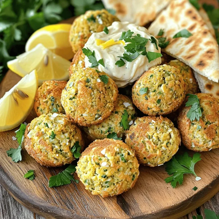 - 1 can (15 oz) chickpeas, drained and rinsed - 1 small onion, roughly chopped - 2 cloves garlic, minced - 1/4 cup fresh parsley, chopped - 1/4 cup fresh cilantro, chopped - 1 teaspoon ground cumin - 1 teaspoon ground coriander - 1 teaspoon baking powder - 1 tablespoon olive oil - 1 tablespoon lemon juice - Salt and pepper to taste - 1/2 cup breadcrumbs (panko works well for extra crunch) The base of my baked falafel is chickpeas. They give it a hearty texture. I love using fresh herbs like parsley and cilantro. They brighten up the flavor. Aromatics such as garlic and onion add depth to the dish. The spices cumin and coriander bring warmth and earthiness. Baking powder helps the falafel rise and stay light. - 1/4 cup tahini - 2 tablespoons water (more if needed for consistency) - 1 tablespoon lemon juice - 1 garlic clove, minced - Salt to taste For the tahini sauce, tahini is the star. It has a nutty flavor that pairs well with falafel. I mix in garlic and lemon juice for a punch. Adding water helps achieve the right texture. Adjust it until it’s smooth and creamy. - 1/2 cup breadcrumbs - Extra seasonings like paprika or cayenne - Fresh garnishes such as lemon wedges or extra herbs You can add breadcrumbs if you want extra crunch. Seasonings like paprika can give a nice kick. Fresh garnishes are great for serving. They make the dish look pretty and add flavor. You can find the full recipe with all these ingredients listed. To start, gather your ingredients for the falafel. You will need chickpeas, onion, garlic, parsley, cilantro, cumin, coriander, baking powder, olive oil, lemon juice, salt, and pepper. You can find the full recipe [here](#). 1. Combining ingredients in a food processor: Place all the ingredients into a food processor. Pulse the mixture until it is mostly smooth. But remember, some texture is key. You want it to hold together later. 2. Achieving the right texture: If the mix feels too wet, add a bit of breadcrumbs. This helps bind everything. The right texture is sticky but not runny. It should form into balls easily. Now it's time to shape your falafel. 1. Shaping falafel balls or patties: Take a scoop of the mixture and roll it into a ball. Aim for about 1.5 inches in size. You can also flatten the balls into patties if you prefer. Place them on a lined baking sheet. 2. Baking instructions and tips: Preheat your oven to 400°F (200°C). Bake the falafel for 20-25 minutes. Flip them halfway through for even crispiness. They should be golden brown when done. While the falafel bakes, let’s whip up the tahini sauce. 1. Whisking the sauce ingredients: In a small bowl, combine tahini, water, lemon juice, minced garlic, and a pinch of salt. Whisk until smooth. 2. Adjusting consistency for serving: If the sauce is too thick, add a bit more water. You want it pourable but not runny. Taste and adjust the salt if needed. This simple process creates a delightful dish. Enjoy your baked falafel with the creamy tahini sauce! To get the best falafel, avoid dryness. Dry falafel is not fun to eat. To keep your falafel moist, make sure you do not over-process the chickpeas. Leave some texture for a better bite. You can adjust the moisture with breadcrumbs. If your mix seems too wet, add more breadcrumbs. Use panko for extra crunch. This will help the falafel hold together while baking. Baking is a healthier choice than frying. It cuts down on oil and keeps the calories lower. Plus, baking can still give you a nice crunch. To achieve this, make sure to space out the falafel on the baking sheet. This allows hot air to circulate and crisp them up. You can also brush them lightly with olive oil before baking. This helps create that golden brown color and crunchy texture. Pair your baked falafel with fresh sides. Warm pita bread, crunchy veggies, or a simple salad work well. You can also add garnishes like fresh herbs, lemon wedges, or pickles for extra flavor. For presentation, serve the falafel on a large platter. Drizzle the tahini sauce over the top. Add a sprinkle of herbs for color. This makes for a beautiful and tasty dish that everyone will enjoy. You can find the full recipe to make this delicious meal. {{image_2}} You can change the flavor of your baked falafel easily. Try adding spices like paprika for warmth. A pinch of cayenne gives it a spicy kick. You can also mix in different herbs. Fresh dill or mint adds a unique taste. Each herb brings a new twist to your falafel. Baked falafel is flexible in how you serve it. You can wrap it in pita bread or flatbreads. This makes a lovely sandwich filled with veggies and sauces. Alternatively, serve it as part of a salad. A fresh salad with greens, tomatoes, and cucumbers pairs well. For a traditional touch, present your falafel on a Middle Eastern platter. This can include hummus, tabbouleh, and olives for a feast. You can also adjust the tahini sauce to fit your taste. Try adding different citrus juices, like lime or orange, for a new flavor. If you enjoy heat, add chili paste or red pepper flakes for spice. This will make your tahini sauce exciting and bold. You can explore these variations while following the Full Recipe for baked falafel. To keep your baked falafel fresh, place it in an airtight container. Store it in the fridge for up to four days. When you want to eat it, reheat the falafel in the oven. Set the oven to 350°F (175°C) and bake for about 10 minutes. This method helps keep the falafel crispy. You can also use a toaster oven for a quick reheat. Tahini sauce lasts about a week in the fridge. Store it in a clean, sealed jar. If the sauce thickens, add a little water and stir to bring it back to life. You can use tahini sauce in other dishes, too. Drizzle it on salads or use it as a dip for veggies. It adds a nice nutty flavor. You can freeze baked falafel for later use. Place the falafel in a single layer on a baking sheet. Freeze until solid, then move them to a freezer bag. They stay good for about three months. For tahini sauce, pour it into an ice cube tray. Once frozen, transfer the cubes to a bag. This way, you can use small amounts whenever you want. Yes, you can make baked falafel ahead of time. To do this, follow these steps: - Prepare the falafel mixture as per the full recipe. - Form the balls or patties but do not bake them. - Place the shaped falafel on a tray and freeze them. - Once frozen, transfer them to a zip-top bag. - To cook, bake directly from the freezer. Add a few extra minutes to the baking time. If you don’t have tahini, you can use other options. Here are some alternatives: - Sunflower seed butter offers a nut-free choice. - Greek yogurt gives a creamy texture. - Peanut butter can work for a different flavor. - You can also mix sesame seeds with olive oil for a homemade version. If your falafel is falling apart, it may be too wet. Here are some tips to fix this: - Add more breadcrumbs to bind the mixture. - Make sure to drain the chickpeas well before using. - Pulse the mixture just until combined, not too smooth. - Chill the mixture for about 30 minutes before forming the falafel. To check if your falafel is done, follow these tips: - Look for a golden brown color on the outside. - The falafel should feel firm but not hard. - A toothpick inserted should come out clean. - You can also taste one to check the texture and flavor. You now know how to make delicious baked falafel and tahini sauce. We covered main ingredients like chickpeas, fresh herbs, and garlic. You also learned how to bake for a crispy texture and tried different variations for added flavor. Remember, storing your falafel and sauce correctly keeps them fresh. Enjoy exploring new ways to serve this dish. Baked falafel is a healthy option that's fun to make and eat. I hope you feel inspired to try these recipes!