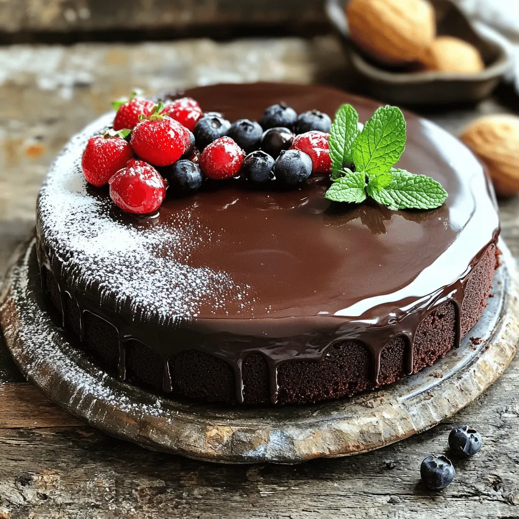 To create a rich vegan chocolate cake, you’ll need these key ingredients: - 1 ½ cups all-purpose flour - 1 cup granulated sugar - 1/3 cup unsweetened cocoa powder - 1 tsp baking soda - ½ tsp salt - 1/3 cup unsweetened applesauce - 1 cup non-dairy milk (almond, soy, or oat) - 1/3 cup vegetable oil (or melted coconut oil) - 1 tsp vanilla extract - 1 tbsp apple cider vinegar - ½ cup vegan chocolate chips (optional) These ingredients come together to form a moist and flavorful cake. Each plays a vital role in achieving the perfect texture and taste. Sometimes, you might not have all the ingredients. Here are some easy swaps: - All-purpose flour: Use whole wheat flour for added fiber or gluten-free flour for a gluten-free version. - Granulated sugar: Coconut sugar or maple syrup can work well here. Just adjust the liquid in your recipe. - Unsweetened applesauce: Mashed banana or silken tofu can provide similar moisture. - Non-dairy milk: Any plant milk will work, but coconut milk adds richness. - Vegetable oil: Use melted vegan butter or applesauce for less fat. These substitutions keep the cake vegan while allowing for flexibility based on what you have on hand. When making your vegan chocolate cake, select the best ingredients for a delightful outcome: - Flour: Choose unbleached, organic flour for better taste and texture. - Cocoa powder: Opt for high-quality, unsweetened cocoa to enhance the chocolate flavor. - Sugar: Make sure the sugar is vegan, as some brands use bone char in processing. - Non-dairy milk: Select brands without added sugars or preservatives for a cleaner flavor. - Vegan chocolate chips: Look for brands that use fair trade chocolate for ethical choices. These tips help improve the overall quality of your cake, making it a truly decadent treat. For the complete recipe, check out the Full Recipe section. 1. Preheat your oven to 350°F (175°C). This warms the oven for baking. 2. Grease and flour a 9-inch round cake pan. You can also line it with parchment paper. This helps the cake come out easily. 3. Sift together the dry ingredients. In a large bowl, mix 1 ½ cups all-purpose flour, 1 cup sugar, 1/3 cup cocoa powder, 1 tsp baking soda, and ½ tsp salt. Whisk until they blend. 4. Combine the wet ingredients in another bowl. Mix 1/3 cup applesauce, 1 cup non-dairy milk, 1/3 cup vegetable oil, 1 tsp vanilla extract, and 1 tbsp apple cider vinegar. Whisk until smooth. 5. Mix wet and dry ingredients together. Pour the wet mix into the dry mix. Stir gently until just combined. Don’t over-mix! If you like, fold in ½ cup vegan chocolate chips for more chocolate flavor. 6. Pour the batter into the prepared cake pan. Use a spatula to smooth the top. 7. Bake for 30-35 minutes. Check if it’s done by inserting a toothpick into the center. If it comes out clean, it’s ready. 8. Cool the cake in the pan for 10 minutes. Then, transfer it to a wire rack to cool completely. 9. Frost or serve the cake. You can add your favorite vegan chocolate frosting or dust it with powdered sugar. For a nice touch, serve slices on plates with fresh berries and mint. Drizzle with chocolate sauce for an extra treat. Try this full recipe for a rich, vegan chocolate cake that everyone will enjoy! To keep your vegan chocolate cake moist and fluffy, use fresh ingredients. Check the expiration dates on your baking soda and non-dairy milk. Applesauce adds moisture and helps with the cake's texture. Mix the wet and dry ingredients until just combined. Over-mixing can lead to a dense cake. Adding a bit of extra non-dairy milk can also help if your batter looks too thick. One common mistake is not preheating the oven. Always ensure your oven is ready before baking. Use the right size pan; a 9-inch round pan works best for this recipe. If you use a different size, adjust the baking time. Remember to check the cake a few minutes before the timer goes off. Each oven is unique. Lastly, let the cake cool in the pan for ten minutes. This helps it stay intact when you transfer it. To enhance the flavor of your cake, try adding a splash of coffee. It deepens the chocolate taste without making it taste like coffee. You can also use flavored extracts, like almond or orange. For a fun twist, fold in some nuts or dried fruit. If you love chocolate, add vegan chocolate chips for extra richness. Use high-quality cocoa powder; it makes a big difference in taste. For the full recipe, check the sections above. {{image_2}} You can make this cake gluten-free. Just swap all-purpose flour for gluten-free flour. Use a blend that contains xanthan gum for best results. This will help the cake rise nicely. Follow the same steps in the full recipe. You’ll still enjoy a moist and rich cake. Want to jazz up the flavor? Add mint extract or coffee. For mint, use about 1 teaspoon in the wet mix. For coffee, brew a strong cup and replace some non-dairy milk with it. Both options give your cake a unique twist. Experiment to find your favorite! You can easily turn this cake into a layered dessert. Bake two or three rounds instead of one. Stack them with vegan frosting between each layer. This makes for a stunning presentation. You can also fill the layers with fruit or a chocolate ganache. The choices are endless! To keep your vegan chocolate cake fresh, store it in an airtight container. This helps keep moisture in and prevents the cake from drying out. If you have leftover slices, place parchment paper between them. This prevents sticking and keeps each piece intact. You can freeze your vegan chocolate cake for later enjoyment. First, let the cake cool completely. Wrap it tightly in plastic wrap. Then, place it in a freezer-safe bag. This protects it from freezer burn and keeps it fresh. When you’re ready to eat, thaw it in the fridge overnight before serving. The cake stays fresh at room temperature for about 3 days. If you store it in the fridge, it can last up to a week. To check for freshness, look for any changes in texture or smell. Always trust your senses. If it seems off, it’s best to discard it. Yes, you can! If you don't have applesauce, try using mashed bananas. They add moisture and sweetness. You can also use pureed silken tofu or a vegan yogurt. Both options work well. Just keep the same amount as the recipe calls for. This way, your cake stays moist and delicious. To make your cake richer, add more chocolate! You can mix in vegan chocolate chips or chunks into the batter. A sprinkle of espresso powder in the dry mix can boost the chocolate flavor. For an extra layer of decadence, drizzle melted vegan chocolate on top after frosting. Each bite will be heavenly! A creamy vegan chocolate frosting is perfect for this cake. You can make it by blending vegan butter, cocoa powder, and powdered sugar. Add a splash of non-dairy milk for creaminess. Another great option is a rich coconut cream frosting. Just chill a can of coconut milk, scoop out the cream, and whip it. Both frostings will make your cake shine. For the full recipe, check out the Decadent Vegan Chocolate Dream Cake! In this post, we explored key ingredients for a vegan chocolate cake and their substitutes. I shared step-by-step instructions for preparation and baking. You learned tips to ensure fluffiness and flavor, along with fun variations like gluten-free options. I also discussed best storage methods and answered common questions. Baking a cake can be fun and easy. Use quality ingredients and enjoy the process. Happy baking!