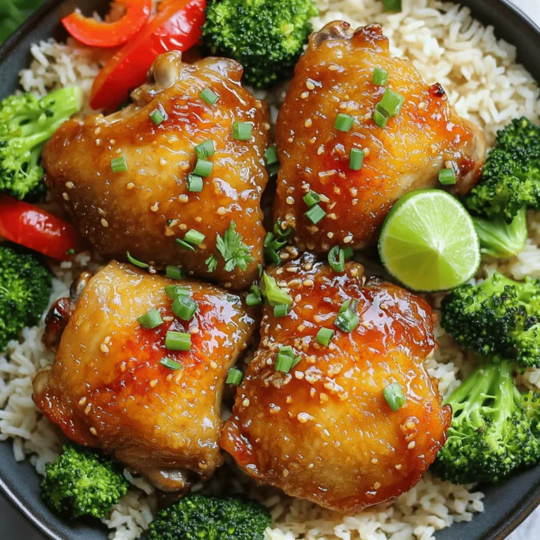 - 4 bone-in, skin-on chicken thighs - 1/4 cup honey - 4 cloves garlic, minced - 2 tablespoons soy sauce The main ingredients create a rich flavor. Chicken thighs are juicy and tender. Honey adds sweetness, while garlic gives a nice kick. Soy sauce brings in depth and saltiness. - 1 cup broccoli florets - 1 red bell pepper, sliced - Cooked rice or quinoa for serving These extra ingredients enhance the dish. Broccoli adds crunch and color. Red bell pepper brings sweetness and more vitamins. Serving over rice or quinoa makes it filling. You can find the full recipe in the article. First, preheat your oven to 400°F (200°C). This ensures your chicken cooks evenly. Next, prepare the sauce. In a small bowl, whisk together the honey, minced garlic, soy sauce, apple cider vinegar, and grated ginger. Set this aside. The sauce adds great flavor and sweetness to the dish. Now, let's sear the chicken. In a large oven-safe skillet, heat the olive oil over medium-high heat. Season the chicken thighs with salt and pepper. Once the oil is hot, place the chicken skin-side down. Sear for about 5-7 minutes until golden brown. After that, flip the chicken over. Add the veggies next. Surround the chicken with broccoli florets and sliced red bell pepper in the skillet. Then, glaze the chicken. Pour the honey garlic sauce evenly over both the chicken and vegetables. Make sure each piece is well coated. Transfer the skillet to your preheated oven. Bake for 25-30 minutes, until the chicken is fully cooked. The internal temperature should reach 165°F (74°C). Once cooked, remove the skillet from the oven. Let the chicken rest for a few minutes. For serving, place the chicken thighs over a bed of rice or quinoa. Drizzle some of the sauce from the pan over the top. For a nice touch, garnish with chopped green onions or sesame seeds. This adds color and flavor to your dish. Enjoy your One-Pan Honey Garlic Chicken Thighs! Check out the Full Recipe for more details. For chicken thighs, the best method is pan-searing followed by baking. This gives a nice brown skin. Start by heating olive oil in an oven-safe skillet. Sear the chicken skin-side down for about 5-7 minutes. This locks in juices and flavor. Then, flip the chicken to brown the other side briefly. To ensure the chicken is juicy and flavorful, season it well with salt and pepper. When you add the honey garlic sauce, make sure it coats the chicken evenly. This helps infuse the meat with flavor as it cooks. Always check the internal temperature. It should reach 165°F (74°C) to be safe to eat. For garnishing, sprinkle chopped green onions or sesame seeds on top. This adds color and a fresh taste. Serve the chicken and veggies on a colorful plate. Drizzle some of the leftover sauce over everything for extra flavor. Adding a lime wedge on the side gives a nice pop of brightness. Enjoy this beautiful dish! For the complete recipe, check out the Full Recipe. {{image_2}} You can change the veggies in this dish. Try using snap peas or carrots for a twist. If you want a different protein, use chicken breasts or even tofu. Both options will still soak up that tasty honey garlic sauce. Want to spice things up? Add red pepper flakes or a dash of hot sauce. You can also try adding fresh herbs like basil or cilantro for a fresh kick. Experiment with different flavors to find your favorite mix. If you need a gluten-free option, switch to tamari instead of soy sauce. For a low-carb meal, skip the rice or quinoa and serve the chicken with a side of sautéed zucchini or cauliflower rice. These swaps keep the meal tasty and fit your dietary needs. After enjoying your One-Pan Honey Garlic Chicken Thighs, store any leftovers in the fridge. Use airtight containers for best results. This keeps the chicken moist and tasty. Leftovers can last up to four days. Before sealing the container, let the chicken cool to room temperature. This step helps prevent excess moisture inside the container. To reheat, use the oven or a stovetop pan. For the oven, set it to 350°F (175°C). Place the chicken in a baking dish and cover it with foil. Heat for about 15-20 minutes. This keeps the chicken juicy. If using a pan, add a splash of water or broth. Cover the pan and warm it over medium heat. This method helps maintain the flavor and texture. If you want to freeze your chicken, wrap it tightly in plastic wrap first. Then, place it in a freezer bag. Be sure to remove as much air as possible. You can freeze the chicken for up to three months. When ready to eat, thaw it in the fridge overnight. This way, it stays safe and tasty. Reheat as mentioned above for the best results. For the full recipe, check the link. How do I know when chicken thighs are cooked? To check if chicken thighs are cooked, use a meat thermometer. Insert it into the thickest part of the thigh. The safe internal temperature is 165°F (74°C). If you don’t have a thermometer, cut into the meat. The juices should run clear, not pink. It's always best to check carefully to ensure they are safe to eat. Can this recipe be made in advance? Yes, you can make this dish ahead of time. You can bake the chicken and veggies, then store them in the fridge. When ready to eat, just reheat in the oven or microwave. This makes it a great option for busy weeknights. Can I use boneless chicken thighs instead? You can use boneless chicken thighs. They will cook faster, so adjust your baking time. Start checking for doneness at about 20 minutes. Boneless thighs will still soak up the honey garlic sauce well. Enjoy this easy swap for a quick meal! For full details on preparing this dish, check out the Full Recipe. This blog post covered a delicious recipe for chicken thighs. We explored essential ingredients like honey, garlic, and soy sauce. I shared clear steps for preparing, cooking, and serving this meal. You learned tips to keep your chicken juicy and flavorful. Variations and storage advice expanded your options. Finally, I answered common questions for your cooking success. Try this recipe to impress your family and friends. Enjoy tasty meals while having fun in the kitchen!