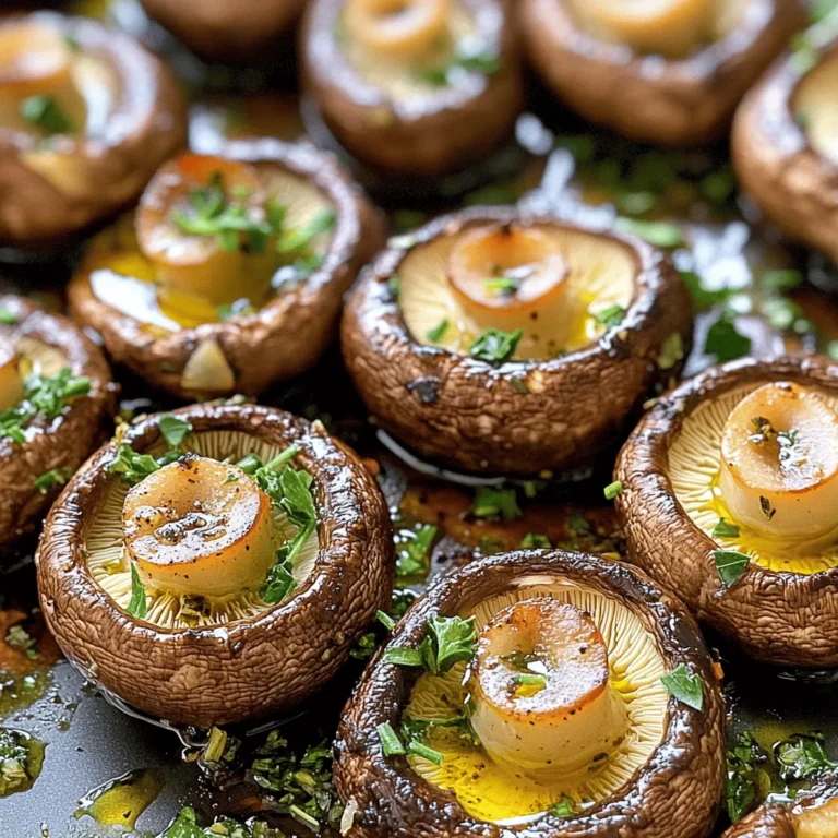 - 1 pound of fresh button or cremini mushrooms, cleaned and halved - 4 cloves of garlic, minced - 3 tablespoons olive oil - 1 teaspoon dried thyme - 1 teaspoon dried rosemary - Salt and pepper to taste - Fresh parsley, chopped for garnish Choosing the best mushrooms for roasting: For this dish, I like using button or cremini mushrooms. They have a nice flavor and texture. Choose mushrooms that feel firm and are free of dark spots. Fresh mushrooms will give you the best taste. Fresh vs. dried herbs: Using fresh herbs adds a bright flavor. However, dried herbs work well too. If you use dried herbs, remember they are stronger. You need less of them. I suggest using one-third the amount of dried herbs compared to fresh. This way, your dish won’t taste too strong or overpowering. For more details and step-by-step instructions, check out the Full Recipe. 1. Preheat the oven and prepare the baking sheet. Start by setting your oven to 400°F (200°C). This heat gets your mushrooms nice and crispy. Next, take a baking sheet and line it with parchment paper. This step helps with easy cleanup. 2. Mixing the mushrooms and seasonings. In a large bowl, add 1 pound of halved mushrooms. Then, toss in 4 minced garlic cloves, 3 tablespoons of olive oil, 1 teaspoon of dried thyme, and 1 teaspoon of dried rosemary. Sprinkle in salt and pepper to taste. Use your hands or a spoon to mix everything well. Make sure the mushrooms are evenly coated with the oil and spices. 1. Proper roasting technique for even cooking. Spread the mushrooms out in a single layer on the baking sheet. Avoid crowding them. If they are too close, they will steam instead of roast. Stir the mushrooms halfway through cooking. This step helps them cook evenly and get that golden brown look. 2. Times and temperatures for perfect results. Roast the mushrooms in the oven for about 20-25 minutes. You want them tender and nicely browned. Keep an eye on them as they roast. The right timing helps achieve that perfect texture. 1. Ideas for presenting Garlic Roasted Mushrooms. Once the mushrooms are done, remove them from the oven. Garnish with fresh parsley for color. Serve them warm as a side dish or top them on toast for a tasty appetizer. Enjoy the rich flavors and share with friends or family! For the complete details of making these delicious mushrooms, check the Full Recipe. To make the best garlic roasted mushrooms, avoid overcrowding the baking sheet. If mushrooms are too close, they will steam instead of roast. This can lead to soggy mushrooms. Spread them out in a single layer. Next, ensure your mushrooms soak up all that great flavor. Start by mixing them well with garlic, oil, and herbs. This helps the garlic infuse into the mushrooms. Try to use fresh garlic for a stronger taste. Also, don’t skip the seasoning. Salt and pepper are key. They enhance the natural flavor of the mushrooms. Add them to your mix before roasting. To make your dish even more exciting, consider adding extra seasonings. A pinch of red pepper flakes can add heat. A splash of balsamic vinegar can bring a nice tang. You can also experiment with different herbs. Fresh thyme or basil can change the whole taste. For a cheesy twist, sprinkle some grated Parmesan before serving. These simple changes can elevate your garlic roasted mushrooms to a new level. For the complete recipe, check out the Full Recipe. {{image_2}} You can switch up the mushrooms in this dish. While I love using button or cremini mushrooms, try shiitake or portobello for a deeper flavor. Each type brings its own unique taste and texture. You can also mix different mushrooms for fun. Adding other vegetables can boost flavor and color. Try bell peppers, zucchini, or cherry tomatoes. Just cut them into similar sizes so they cook well together. A mix of veggies makes the dish more vibrant and healthy. Experimenting with herbs and spices can change the dish completely. Try adding fresh basil, oregano, or parsley. A sprinkle of red pepper flakes can add heat. For a twist, add a pinch of smoked paprika for a rich taste. If you love cheese, try the cheesy garlic roasted mushrooms alternative. Just add grated Parmesan or feta cheese before roasting. The cheese melts and creates a nice, savory crust. You can find the full recipe above. To keep your garlic roasted mushrooms fresh, store them in an airtight container. This helps lock in the flavor and moisture. Place the container in the fridge. The mushrooms will stay good for up to three days. If you want to store them longer, freeze them. Use a freezer-safe bag or container. Just remember to label it with the date. Reheating garlic roasted mushrooms can be tricky. You don't want them to turn soggy. The best way is to use a skillet. Heat a small amount of oil over medium heat. Add the mushrooms and cook for about five minutes. Stir them often to make sure they heat evenly. You can also use an oven. Preheat it to 350°F (175°C) and place the mushrooms on a baking sheet. Heat for about 10 minutes, until warm. This keeps the texture nice and firm. Enjoy your leftovers just as you did the first time! How long do roasted mushrooms last in the fridge? Roasted mushrooms last about 3 to 5 days in the fridge. Store them in an airtight container. They stay fresh and tasty this way. Can I use dried mushrooms for this recipe? You can use dried mushrooms, but they need soaking first. Soak them in warm water for about 20 minutes. This helps them rehydrate and adds flavor. What to do if my mushrooms are soggy after roasting? If your mushrooms are soggy, it might be due to too much moisture. Make sure to dry the mushrooms well before cooking. You can also roast them longer to help them crisp up. Can I make garlic roasted mushrooms in an air fryer? Yes, you can! Air fryers work great for garlic roasted mushrooms. Set your air fryer to 375°F (190°C) and cook for about 10-12 minutes. Shake the basket halfway through for even cooking. What dishes pair well with garlic roasted mushrooms? Garlic roasted mushrooms go well with many dishes. Try them with pasta, risotto, or steak. They also make a great side for veggie dishes. Caloric content and health benefits of roasted mushrooms Roasted mushrooms are low in calories, with about 35 calories per cup. They are rich in vitamins and minerals. They provide B vitamins, selenium, and antioxidants. These nutrients support your immune system and overall health. Enjoying mushrooms can also help with heart health. You’ve learned how to make tasty Garlic Roasted Mushrooms step by step. From picking the right mushrooms to using fresh herbs, each detail matters. You can avoid common mistakes and bring out the best flavor. Remember, experimenting with different variations can make the dish even more exciting. Store and reheat your leftovers properly to enjoy this dish again. With these tips, you can impress anyone with your cooking skills. So grab your mushrooms, and let’s get roasting!