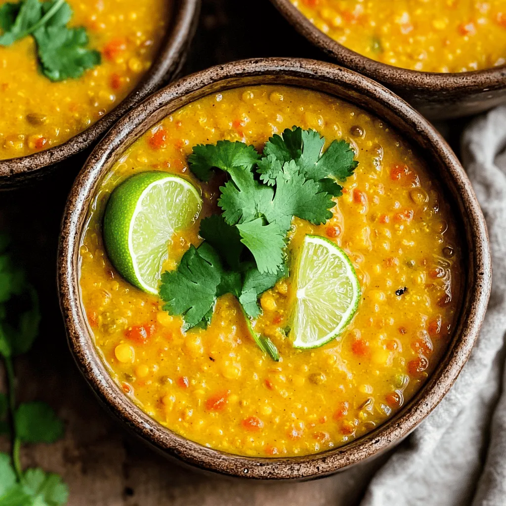 - 1 cup red lentils, rinsed - 1 can (14 oz) coconut milk - 1 tablespoon vegetable oil - 1 onion, finely chopped - 3 cloves garlic, minced - 1 tablespoon ginger, grated - 2 tablespoons red curry paste - 1 teaspoon ground turmeric - 4 cups vegetable broth - 1 cup diced tomatoes (fresh or canned) - 1 tablespoon soy sauce or tamari - 1 tablespoon lime juice - Salt and pepper to taste - Fresh cilantro, for garnish Gathering the right ingredients is key for this coconut curry lentil soup. I love using red lentils because they cook fast and add a nice texture. Coconut milk gives the soup a creamy feel and rich taste. You can swap the soy sauce for tamari if you want a gluten-free option. Fresh herbs like cilantro add a pop of color and flavor at the end. If you want to make it spicier, add more red curry paste. This soup fits many diets. It is vegan and can be gluten-free too. Just check the ingredients on your vegetable broth and soy sauce. For a full list of instructions, check out the Full Recipe. Start by heating 1 tablespoon of vegetable oil in a large pot over medium heat. Add 1 finely chopped onion and sauté until it turns soft, about 5 minutes. Next, stir in 3 minced garlic cloves and 1 tablespoon of grated ginger. Cook for 1 more minute until it smells great. Then, add 2 tablespoons of red curry paste and 1 teaspoon of ground turmeric. Mix well and cook for another minute. This base gives your soup a rich flavor. Now, it's time to add the main ingredients. Put in 1 cup of rinsed red lentils, 1 cup of diced tomatoes, and 4 cups of vegetable broth. Pour in 1 can of coconut milk, and bring everything to a boil. Once it's bubbling, lower the heat to a gentle simmer and cover the pot. Let it cook for 25 to 30 minutes until the lentils are soft. This step is key for a hearty soup. After cooking, stir in 1 tablespoon of soy sauce or tamari and 1 tablespoon of lime juice. Taste the soup and add salt and pepper as needed. For a creamier soup, use an immersion blender to blend part of it. If you prefer texture, mash some lentils with a fork right in the pot. Ladle the soup into bowls, and garnish with fresh cilantro. Enjoy your warm and cozy coconut curry lentil soup! For the full recipe, check the earlier section. To get the best texture, use red lentils. They cook fast and become soft. Rinse them well before using. If you want a creamier soup, blend part of it. You can use an immersion blender. If you don't have one, mash some lentils with a fork. This makes the soup thick and smooth. For more flavor, try adding fresh herbs. Cilantro works great as a garnish. You can also add a squeeze of lime juice. This adds a bright taste to the soup. If you like heat, add chili flakes or sliced jalapeños. They give the soup a nice kick. Serve the soup hot in bowls. A slice of lime on the side looks nice. You can sprinkle more cilantro on top for color. This soup pairs well with crusty bread or rice. Dip the bread in the soup for a tasty bite. For a fun touch, add a dollop of yogurt on top. This balances the spices and adds creaminess. For the complete cooking process and ingredient list, check the Full Recipe. {{image_2}} You can make this soup even better by adding vegetables. Carrots, spinach, or bell peppers work well. Simply chop them and add them when you mix in the lentils. This adds color and nutrition. You can also try zucchini or sweet potatoes for a different taste. If you love heat, use more red curry paste. Start with a little and taste as you go. For a mild version, reduce the curry paste. You can also add a splash of coconut milk to tone down the spice. This way, you control the heat. This soup is already vegan and gluten-free! To keep it that way, use tamari instead of soy sauce. Make sure your vegetable broth is gluten-free. You can also swap the coconut milk for another plant-based milk, but it might change the flavor. For the full recipe, check out the Coconut Curry Lentil Soup 🥥 section. Enjoy exploring these variations! You can store coconut curry lentil soup in the fridge. Place it in a sealed container. It stays fresh for about 3 to 5 days. Make sure to cool it first before sealing. This keeps the soup safe and tasty. To freeze the soup, let it cool completely. Use freezer-safe containers or bags. It lasts for about 2 to 3 months in the freezer. When ready to eat, thaw it overnight in the fridge. This keeps all the flavor and texture in check. Reheat the soup on the stove for best results. Use medium heat and stir often. You can also use a microwave. Heat it in a bowl, stirring every minute. Make sure it’s hot all the way through. Adding a splash of water or coconut milk can help restore creaminess. For more details, check the Full Recipe. Yes, you can use other lentils. Green and brown lentils work well. They take longer to cook, so adjust the time. Red lentils break down more, making the soup creamy. Green and brown lentils keep their shape. This gives the soup a different texture. To spice it up, add more red curry paste. You can also include fresh chili peppers. For a smoky flavor, try adding cayenne pepper. Adjust the spice to fit your taste. Remember to taste as you go, so it’s just right for you. Serve this soup with crusty bread or rice. Naan is another great choice. A fresh salad adds crunch and brightness. Pair it with lime wedges for a zesty kick. You can also enjoy it with yogurt for creaminess. Check out the Full Recipe for more ideas! This post outlined a tasty coconut curry lentil soup with simple steps. We covered key ingredients, including lentils, coconut milk, and spices. I shared tips for texture and flavor. You learned variations, like adding veggies or adjusting spice levels. Finally, we discussed storage and reheating for later enjoyment. This soup is easy and fun to make. Remember, cooking is about exploring flavors. So, dive in and enjoy every spoonful!