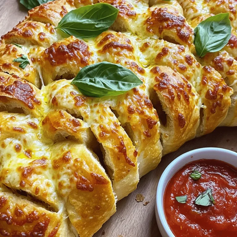 To make Cheesy Pull Apart Pizza Bread, gather these simple ingredients: - 1 loaf of rustic Italian bread - 1 cup shredded mozzarella cheese - 1/2 cup grated Parmesan cheese - 1/2 cup marinara sauce - 1 teaspoon Italian seasoning - 1/2 teaspoon garlic powder - 1/4 teaspoon red pepper flakes (optional) - 2 tablespoons olive oil - Fresh basil leaves for garnish Want to spice things up? Here are some tasty options: - Different cheese varieties, like cheddar or gouda - Additional pizza toppings, such as pepperoni, bell peppers, or olives These add-ins can change the flavor and make your bread even better. You can be creative and mix and match to suit your taste. For the full recipe, check out the details above. First, preheat your oven to 375°F (190°C). This step is key for even cooking. While the oven heats, prepare your baking sheet by lining it with aluminum foil. This helps with easy cleanup later. Next, take your loaf of rustic Italian bread. Place it on a cutting board. With a serrated knife, cut the bread into a grid pattern. Make diagonal cuts about an inch apart. Be careful not to slice all the way through the bottom. This keeps the bread intact for stuffing. Now, let’s make the cheese filling. In a mixing bowl, combine 1 cup of shredded mozzarella cheese and 1/2 cup of grated Parmesan cheese. Add 1 teaspoon of Italian seasoning, 1/2 teaspoon of garlic powder, and 1/4 teaspoon of red pepper flakes if you like heat. Stir until well mixed to blend the flavors. Take your knife and gently pry apart the cuts in the bread. Stuff the cheese mixture into each opening. Make sure to fill each space generously. This ensures every bite is cheesy and delicious. Once the bread is stuffed, drizzle 2 tablespoons of olive oil over the top. This adds flavor and helps the bread crisp up. Wrap the stuffed bread in aluminum foil, shiny side in, and place it on your baking sheet. Bake the bread for 15 minutes covered. After that, remove the foil and bake for an additional 10 minutes. This helps the cheese melt and the bread turn golden. To check doneness, look for melted cheese and a crispy crust. Enjoy the smell as it bakes! After removing it from the oven, let it cool for a few minutes. Then, gently pull apart to serve. Pair it with a small bowl of marinara sauce for dipping. You can find the full recipe details above. To get that perfect cheese pull, choose your cheese wisely. I recommend using mozzarella because it melts beautifully. Look for high-moisture mozzarella for the best results. It stretches nicely and gives that gooey texture we all love. Mixing in some Parmesan adds a sharp taste and depth. Next, the bread matters too. I love using rustic Italian bread. It's sturdy and has a great crust. This helps hold the cheese and toppings inside. You want a bread that can handle all that goodness without falling apart. To make your cheesy pull apart pizza bread even tastier, add herbs and spices. Italian seasoning adds a classic pizza flavor. For a kick, sprinkle in some red pepper flakes. You can also mix in garlic powder for extra flavor. If marinara sauce isn’t your thing, try other dips. Ranch or garlic butter work well too. You can even use pesto for a fresh twist. These alternatives add fun flavors and keep it exciting. Serving this dish is just as fun as making it. Pull apart the bread and place it on a nice platter. Add a small bowl of marinara or your chosen dip for guests to enjoy. For a fresh touch, garnish with basil leaves. They add a pop of color and flavor. You can also sprinkle some extra cheese on top before serving. This makes it look even more tempting. For the full recipe, check out the details above. Enjoy your cheesy creation! {{image_2}} You can make your Cheesy Pull Apart Pizza Bread more exciting. To create a spicy version, add crushed red pepper flakes to the cheese mix. This small change gives the dish a nice kick. You can also use pepper jack cheese instead of mozzarella for a spicy twist. If you want a healthier option, add fresh vegetables. Chopped bell peppers, spinach, or mushrooms work well. Mix these veggies into the cheese filling. This adds flavor and boosts nutrition. For those needing gluten-free options, you can use gluten-free bread. Many brands offer great choices, making it easy to enjoy this dish. Just ensure the bread has good texture to hold the filling. If you want a low-carb alternative, try using cauliflower bread. Cauliflower bread is easy to make and adds unique flavor. You can find many recipes online to guide you. You can also give your Cheesy Pull Apart Pizza Bread a cultural twist. Try a Mexican pizza inspiration by adding taco seasoning to the cheese mix. You might also include black beans, corn, or jalapeños for extra flavor. Top it off with avocado or cilantro after baking for a fresh touch. These variations keep the dish fun and interesting. Each version offers a new taste experience. Don’t hesitate to mix things up and try new ideas! To keep your cheesy pull apart pizza bread fresh, store it in an airtight container. This helps prevent the bread from drying out. You can also wrap the bread in plastic wrap before placing it in the container. Leftovers can last in the fridge for about 3 to 5 days. Make sure to cool the bread completely before storing. When you want to enjoy your cheesy pull apart pizza bread again, reheating it is key. The best method is using the oven. Preheat your oven to 350°F (175°C). Place the bread on a baking sheet and cover it with foil. Heat for about 10-15 minutes. This keeps the cheese melty and the bread soft. If you want to store it longer, you can freeze the leftovers. Wrap the bread tightly in plastic wrap and then in foil. It can last up to 3 months in the freezer. You can get creative with leftover cheesy pull apart pizza bread. Try cutting it into small pieces for a fun appetizer. You can also use the bread as a base for mini pizzas. Top it with extra marinara sauce, cheese, and your favorite toppings. Another idea is to toast it and serve it with soup or salad. Enjoy your leftovers in new ways! Yes, you can prep this dish ahead. To do so, cut the bread and fill it with cheese. Wrap it tightly in plastic wrap or foil. Store it in the fridge. Bake it when you're ready. This saves time and is great for parties. If you want a change, try different sauces. Ranch dressing adds a creamy taste. Pesto gives a fresh herby kick. You can also use garlic butter for a rich flavor. Experiment with your favorite dips for fun! To keep your bread crisp, avoid too much sauce. Use less marinara when stuffing. Make sure to bake it properly. Wrapping it in foil helps steam the bread but remove the foil for the last bake. This ensures a crispy crust. You can swap the rustic Italian bread. French bread works well for a crusty texture. Brioche adds a sweet touch. Just ensure the bread can hold the filling. With the right bread, your pull apart pizza will still be amazing. For the full recipe, check out the complete details on how to make it! You now have all the key steps to make Cheesy Pull Apart Pizza Bread. We've covered ingredients, preparation, baking, tips for great flavor, and variations. You can easily customize this dish to fit your taste. Whether you opt for gluten-free options or experiment with spices, this recipe is flexible. Don't forget to enjoy leftovers creatively! With practice, you can master this dish. So, gather your ingredients and start baking your delicious creation today.