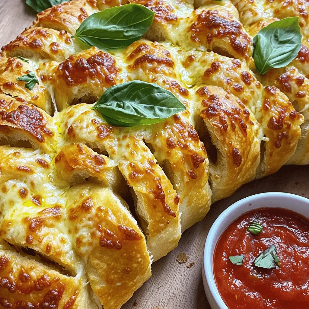 To make Cheesy Pull Apart Pizza Bread, gather these simple ingredients: - 1 loaf of rustic Italian bread - 1 cup shredded mozzarella cheese - 1/2 cup grated Parmesan cheese - 1/2 cup marinara sauce - 1 teaspoon Italian seasoning - 1/2 teaspoon garlic powder - 1/4 teaspoon red pepper flakes (optional) - 2 tablespoons olive oil - Fresh basil leaves for garnish Want to spice things up? Here are some tasty options: - Different cheese varieties, like cheddar or gouda - Additional pizza toppings, such as pepperoni, bell peppers, or olives These add-ins can change the flavor and make your bread even better. You can be creative and mix and match to suit your taste. For the full recipe, check out the details above. First, preheat your oven to 375°F (190°C). This step is key for even cooking. While the oven heats, prepare your baking sheet by lining it with aluminum foil. This helps with easy cleanup later. Next, take your loaf of rustic Italian bread. Place it on a cutting board. With a serrated knife, cut the bread into a grid pattern. Make diagonal cuts about an inch apart. Be careful not to slice all the way through the bottom. This keeps the bread intact for stuffing. Now, let’s make the cheese filling. In a mixing bowl, combine 1 cup of shredded mozzarella cheese and 1/2 cup of grated Parmesan cheese. Add 1 teaspoon of Italian seasoning, 1/2 teaspoon of garlic powder, and 1/4 teaspoon of red pepper flakes if you like heat. Stir until well mixed to blend the flavors. Take your knife and gently pry apart the cuts in the bread. Stuff the cheese mixture into each opening. Make sure to fill each space generously. This ensures every bite is cheesy and delicious. Once the bread is stuffed, drizzle 2 tablespoons of olive oil over the top. This adds flavor and helps the bread crisp up. Wrap the stuffed bread in aluminum foil, shiny side in, and place it on your baking sheet. Bake the bread for 15 minutes covered. After that, remove the foil and bake for an additional 10 minutes. This helps the cheese melt and the bread turn golden. To check doneness, look for melted cheese and a crispy crust. Enjoy the smell as it bakes! After removing it from the oven, let it cool for a few minutes. Then, gently pull apart to serve. Pair it with a small bowl of marinara sauce for dipping. You can find the full recipe details above. To get that perfect cheese pull, choose your cheese wisely. I recommend using mozzarella because it melts beautifully. Look for high-moisture mozzarella for the best results. It stretches nicely and gives that gooey texture we all love. Mixing in some Parmesan adds a sharp taste and depth. Next, the bread matters too. I love using rustic Italian bread. It's sturdy and has a great crust. This helps hold the cheese and toppings inside. You want a bread that can handle all that goodness without falling apart. To make your cheesy pull apart pizza bread even tastier, add herbs and spices. Italian seasoning adds a classic pizza flavor. For a kick, sprinkle in some red pepper flakes. You can also mix in garlic powder for extra flavor. If marinara sauce isn’t your thing, try other dips. Ranch or garlic butter work well too. You can even use pesto for a fresh twist. These alternatives add fun flavors and keep it exciting. Serving this dish is just as fun as making it. Pull apart the bread and place it on a nice platter. Add a small bowl of marinara or your chosen dip for guests to enjoy. For a fresh touch, garnish with basil leaves. They add a pop of color and flavor. You can also sprinkle some extra cheese on top before serving. This makes it look even more tempting. For the full recipe, check out the details above. Enjoy your cheesy creation! {{image_2}} You can make your Cheesy Pull Apart Pizza Bread more exciting. To create a spicy version, add crushed red pepper flakes to the cheese mix. This small change gives the dish a nice kick. You can also use pepper jack cheese instead of mozzarella for a spicy twist. If you want a healthier option, add fresh vegetables. Chopped bell peppers, spinach, or mushrooms work well. Mix these veggies into the cheese filling. This adds flavor and boosts nutrition. For those needing gluten-free options, you can use gluten-free bread. Many brands offer great choices, making it easy to enjoy this dish. Just ensure the bread has good texture to hold the filling. If you want a low-carb alternative, try using cauliflower bread. Cauliflower bread is easy to make and adds unique flavor. You can find many recipes online to guide you. You can also give your Cheesy Pull Apart Pizza Bread a cultural twist. Try a Mexican pizza inspiration by adding taco seasoning to the cheese mix. You might also include black beans, corn, or jalapeños for extra flavor. Top it off with avocado or cilantro after baking for a fresh touch. These variations keep the dish fun and interesting. Each version offers a new taste experience. Don’t hesitate to mix things up and try new ideas! To keep your cheesy pull apart pizza bread fresh, store it in an airtight container. This helps prevent the bread from drying out. You can also wrap the bread in plastic wrap before placing it in the container. Leftovers can last in the fridge for about 3 to 5 days. Make sure to cool the bread completely before storing. When you want to enjoy your cheesy pull apart pizza bread again, reheating it is key. The best method is using the oven. Preheat your oven to 350°F (175°C). Place the bread on a baking sheet and cover it with foil. Heat for about 10-15 minutes. This keeps the cheese melty and the bread soft. If you want to store it longer, you can freeze the leftovers. Wrap the bread tightly in plastic wrap and then in foil. It can last up to 3 months in the freezer. You can get creative with leftover cheesy pull apart pizza bread. Try cutting it into small pieces for a fun appetizer. You can also use the bread as a base for mini pizzas. Top it with extra marinara sauce, cheese, and your favorite toppings. Another idea is to toast it and serve it with soup or salad. Enjoy your leftovers in new ways! Yes, you can prep this dish ahead. To do so, cut the bread and fill it with cheese. Wrap it tightly in plastic wrap or foil. Store it in the fridge. Bake it when you're ready. This saves time and is great for parties. If you want a change, try different sauces. Ranch dressing adds a creamy taste. Pesto gives a fresh herby kick. You can also use garlic butter for a rich flavor. Experiment with your favorite dips for fun! To keep your bread crisp, avoid too much sauce. Use less marinara when stuffing. Make sure to bake it properly. Wrapping it in foil helps steam the bread but remove the foil for the last bake. This ensures a crispy crust. You can swap the rustic Italian bread. French bread works well for a crusty texture. Brioche adds a sweet touch. Just ensure the bread can hold the filling. With the right bread, your pull apart pizza will still be amazing. For the full recipe, check out the complete details on how to make it! You now have all the key steps to make Cheesy Pull Apart Pizza Bread. We've covered ingredients, preparation, baking, tips for great flavor, and variations. You can easily customize this dish to fit your taste. Whether you opt for gluten-free options or experiment with spices, this recipe is flexible. Don't forget to enjoy leftovers creatively! With practice, you can master this dish. So, gather your ingredients and start baking your delicious creation today.