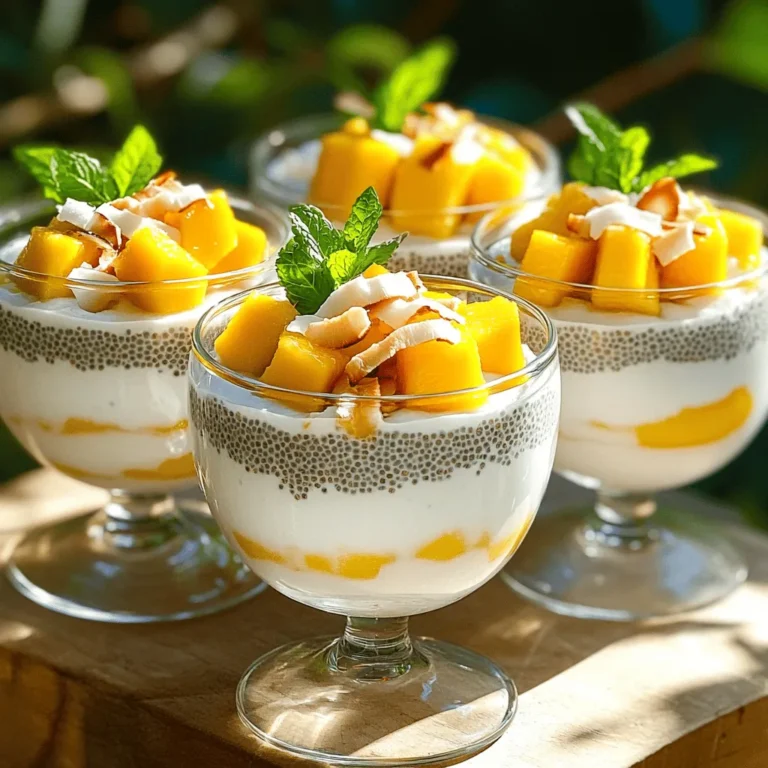 To make this tasty treat, you need the following simple ingredients: - 1 cup coconut milk (canned or carton) - 1 cup diced fresh mango (plus extra for topping) - 1/4 cup chia seeds - 2 tablespoons honey or maple syrup (to taste) - 1 teaspoon vanilla extract - A pinch of salt - Toasted coconut flakes for garnish - Fresh mint leaves for garnish (optional) You can swap some ingredients to fit your taste or needs. Here are a few ideas: - Use almond milk or oat milk instead of coconut milk for a nutty flavor. - If you don’t have fresh mango, try using peaches or pineapple. - For a sugar-free option, replace honey with stevia or erythritol. - Add a dash of cinnamon or nutmeg for extra warmth. - Mix in berries for a fun twist on the classic flavor. The ingredients in this pudding offer many health benefits: - Chia seeds are rich in fiber, protein, and omega-3 fatty acids. They help with digestion and keep you full. - Coconut milk contains healthy fats that can boost energy and support heart health. - Mango is loaded with vitamins A and C, which are good for your skin and immune system. - Honey has natural antioxidants and can soothe your throat. These ingredients not only taste great but also help keep you healthy. Enjoying this pudding can be a delicious way to nourish your body! Start by gathering all your ingredients. You will need coconut milk, chia seeds, honey, vanilla, salt, and fresh mango. It’s best to use ripe mango for more flavor. Dice the mango into small pieces for easy mixing later. Next, take a medium bowl. Pour in the coconut milk, honey, vanilla extract, and a pinch of salt. Use a whisk to mix these well. This step is key for blending the flavors. Now, it’s time to add the chia seeds. Stir them into the coconut milk mixture. Make sure to mix thoroughly to avoid clumps. Chia seeds need space to expand. Cover the bowl with plastic wrap or a lid. Place it in the fridge for at least four hours. For the best results, let it sit overnight. This allows the chia seeds to absorb the liquid and thicken. Once the pudding is set, gently fold in the diced mango. Mix slowly to keep some chunks of mango. This gives the pudding a nice texture. To serve, use individual glasses or bowls. Spoon the chia pudding into each one. Top with extra diced mango for color. Add a sprinkle of toasted coconut flakes for a crunchy touch. If you want, you can add mint leaves for a fresh pop. This not only looks great but also adds a nice aroma. Enjoy your tasty and nutritious treat! For the full recipe, refer back to the ingredients section. To get the best pudding, balance is key. Use a mix of chia seeds and liquid. For every 1/4 cup of chia seeds, use 1 cup of liquid. This ratio gives you a thick, creamy texture. Stir the mixture well right after adding the chia seeds. This helps prevent clumps. After you mix, let it sit for about 10 minutes, then stir again. This extra step helps it thicken evenly. Chill the pudding for at least 4 hours. Overnight is even better for a smooth finish. One common mistake is not mixing the chia seeds well. If you skip this, you will get clumpy pudding. Another issue is using too much liquid. Too much liquid makes the pudding runny. Always measure your ingredients carefully. Don’t skip the chilling time either. If you eat it right after mixing, it won’t be thick. Lastly, avoid using overly ripe mangoes. They can turn mushy in your pudding. You can make your pudding even better with add-ins. Try adding a pinch of cinnamon or nutmeg for warmth. You can also mix in some lime or lemon juice for a zesty kick. For chocolate lovers, add cocoa powder or dark chocolate shavings. If you like nuts, toss in some almonds or walnuts. You can find the full recipe to explore more ideas. {{image_2}} You can switch out the mango for other fruits. Pineapple, kiwi, or passion fruit work well. Each fruit adds a unique flavor. For a berry twist, try strawberries or blueberries. These fruits will keep the pudding fresh and exciting. Simply replace mango with your chosen fruit in the recipe. This recipe is already dairy-free. Use coconut milk, which is creamy and rich. If you want a different taste, try almond or oat milk. Both options are great for vegan diets. They add their own flavors, making the pudding even better. Be sure to check the labels for added sugars if you want to keep it healthy. Honey is a classic sweetener, but it’s not vegan. Maple syrup is a great alternative for everyone. You can also use agave syrup or stevia for a low-calorie choice. Taste your pudding mixture as you go. Adjust the sweetness to your liking for the best flavor. If you prefer less sugar, go light on the sweetener. For the full recipe, check out the details above. To keep your mango coconut chia pudding fresh, store it in airtight containers. Glass jars work great because they do not hold odors. Always place the lid on tightly. This prevents the pudding from drying out. Avoid storing it in metal containers, as they can affect the taste. When stored properly, mango coconut chia pudding lasts about 4 to 5 days in the fridge. Always check for any off smells or changes in texture before eating. If you notice any, it’s best to toss it out. Fresh is always best for flavor and quality. You can freeze mango coconut chia pudding, but be mindful of texture changes. Freeze it in individual portions for easy use. Use freezer-safe containers or bags to avoid freezer burn. When ready to eat, thaw it in the fridge overnight. Give it a good stir before serving to revive its creamy texture. Enjoy your delicious treat! For the full recipe, check out the earlier section. Making Mango Coconut Chia Pudding takes about 10 minutes to prep. However, you need to chill it for at least 4 hours. For best results, let it sit overnight. This time helps the chia seeds soak up the liquid and create a nice pudding texture. Yes, you can use frozen mango for this recipe. Just make sure to thaw it first. This will help it mix well into the pudding. The taste will still be great, but fresh mango gives a better texture. You can also use frozen mango as a topping for a cool twist. Mango Coconut Chia Pudding is packed with nutrients. Each serving offers about: - Calories: 200 - Protein: 4g - Carbs: 30g - Fiber: 10g - Fat: 8g Chia seeds add fiber and protein, while mango offers vitamins A and C. Coconut milk provides healthy fats, making this dish both tasty and good for you. Check out the Full Recipe for more details. Mango Coconut Chia Pudding offers great taste and health benefits. We covered ingredients, steps, and tips for the perfect dish. Now you have ideas for variations and storage too. Remember, you can customize it to suit your taste. Don’t hesitate to experiment with flavors or substitutes. This dish is easy and fun to make. Enjoy your creamy, healthy pudding!