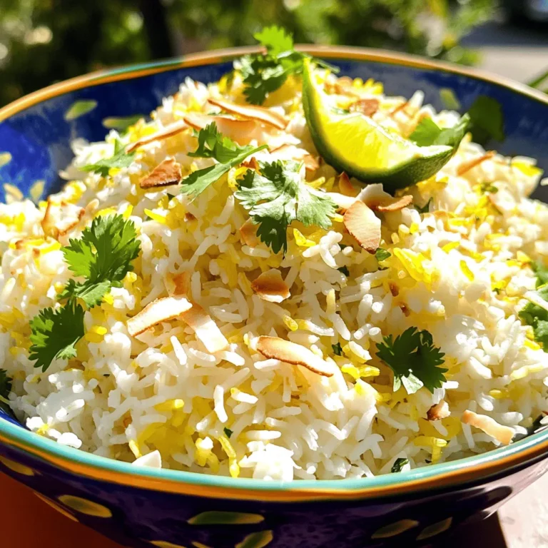 To make this tasty coconut lime rice, gather these simple ingredients: - 1 cup jasmine rice - 1 cup coconut milk - 1 cup water - 1 tablespoon lime juice - Zest of 1 lime - 1 tablespoon sugar - 1/2 teaspoon salt - Fresh cilantro, chopped (for garnish) - Toasted coconut flakes (for garnish) When measuring ingredients, be precise. Use a dry measuring cup for rice and a liquid measuring cup for coconut milk and water. Rinse the jasmine rice until the water runs clear. This step helps remove extra starch. It makes the rice less sticky and more fluffy. The lime juice and zest add a bright flavor. I recommend using fresh limes for the best taste. The sugar balances the tangy lime. Use granulated sugar for this recipe. If you can’t find jasmine rice, you can use basmati rice instead. It has a similar texture and flavor. For a lighter option, you can replace coconut milk with low-fat coconut milk. Just keep in mind that the taste may change slightly. If you want a dairy-free version, you can swap sugar with maple syrup or honey. For a nutty flavor, try adding slivered almonds as a garnish instead of coconut flakes. These changes can help you make this dish fit your needs. For the full recipe, check out the complete directions to make this flavorful side dish. To start, you need to rinse the jasmine rice. Rinse it under cold water. Keep going until the water runs clear. This step removes extra starch. Removing starch keeps the rice from getting too sticky. Next, gather your ingredients. You will need: - 1 cup jasmine rice - 1 cup coconut milk - 1 cup water - 1 tablespoon lime juice - Zest of 1 lime - 1 tablespoon sugar - 1/2 teaspoon salt - Fresh cilantro, chopped (for garnish) - Toasted coconut flakes (for garnish) Now, you are ready to cook! In a medium saucepan, combine the rinsed rice, coconut milk, water, lime juice, lime zest, sugar, and salt. Stir everything well. Heat the mixture over medium-high heat. Wait for it to boil. Once it boils, reduce the heat to low. Cover the pan tightly. Let it simmer for about 15-20 minutes. You want the rice to absorb all the liquid and become tender. After cooking, turn off the heat. Keep the lid on and let it sit for 5 minutes. This allows the rice to steam. After 5 minutes, remove the lid. Use a fork to fluff the rice gently. This step helps separate the grains. If you want extra flavor, mix in a bit of lime zest when fluffing. Transfer the rice to a serving bowl. Garnish it with fresh cilantro and toasted coconut flakes. For the full recipe, check [Full Recipe]. Enjoy your tasty and flavorful coconut lime rice! When making coconut lime rice, avoid these common errors: - Not rinsing the rice: Rinsing removes extra starch. This step stops your rice from being too sticky. - Skipping the lime zest: The zest adds a strong, fresh flavor. Don’t leave it out! - Overcooking the rice: Keep an eye on the cooking time. Too long makes it mushy. - Not letting it steam: After cooking, let the rice sit covered. This helps it fluff up nicely. To make your coconut lime rice even tastier, try these ideas: - Add fresh herbs: Chopped cilantro or mint gives a bright touch. - Use broth instead of water: This adds depth. Chicken or vegetable broth works well. - Mix in spices: Try adding a pinch of cumin or turmeric for warmth. - Include toasted nuts: Chopped cashews or almonds add a nice crunch. For this recipe, you’ll need a few basic tools: - Medium saucepan: This is where you’ll combine all the ingredients. - Measuring cups and spoons: Accurate measurements are key for great flavor. - Colander: Use this to rinse the rice thoroughly. - Fork: A fork is perfect for fluffing your rice after cooking. With the right tools and knowledge, you can create a flavorful dish. For the full recipe, check out the Tropical Coconut Lime Rice recipe. {{image_2}} You can make coconut lime rice with other grains. Try using quinoa for a nutty taste. Brown rice adds a heartier texture. The cooking time may change, so check often. For quinoa, use about 15 minutes; for brown rice, it takes around 30-40 minutes. Adjust the liquid as needed. This way, you can enjoy varied flavors while keeping the coconut lime essence. Want to make your meal heartier? Add proteins like shrimp, chicken, or tofu. Cook the proteins separately, then mix them into the rice before serving. For shrimp, sauté them until pink. For chicken, grill or bake it, then chop it up. Tofu can be cubed and pan-fried for a crispy bite. This addition makes the dish filling and delicious, perfect for a main course. Tropical fruits can brighten your coconut lime rice. Consider adding pineapple or mango for a sweet contrast. Dice the fruit and fold it in right before serving. You can also top the dish with slices of avocado for creaminess. This makes the meal colorful and fresh. Each bite becomes a burst of flavor, taking you straight to the tropics. For detailed instructions on making coconut lime rice, check the Full Recipe. After you make coconut lime rice, let it cool. Store it in a container with a tight lid. Keep it in the fridge for up to four days. If you want to keep it longer, freezing is a great option. Make sure it cools completely before you freeze it. To reheat your coconut lime rice, use the microwave or a stovetop. If using the microwave, place the rice in a bowl. Add a splash of water to keep it moist. Cover it with a damp paper towel. Heat it for about one to two minutes. Stir halfway through to ensure even heating. On the stovetop, add a bit of coconut milk to a pan. Heat over low heat, stirring often until warm. If you want to freeze coconut lime rice, portion it into freezer bags. Remove as much air as you can before sealing. Label the bags with the date. You can freeze it for up to three months. When ready to eat, thaw it in the fridge overnight. Then, reheat it as mentioned above. This keeps the flavors fresh and delicious. Coconut Lime Rice can last for about four to five days in the fridge. Make sure to store it in an airtight container. This helps keep it fresh and prevents odors from mixing in. Before serving, check for any signs of spoilage, like a bad smell or unusual texture. Yes, you can use brown rice instead of jasmine rice. However, brown rice takes longer to cook. You will need to adjust the water and cooking time. Brown rice has a nuttier flavor and chewier texture, which adds a nice twist to the dish. Just be sure to follow the cooking instructions for brown rice for the best results. Coconut Lime Rice pairs well with many dishes. It complements grilled shrimp, chicken, or fish. You can also serve it alongside spicy curries or stir-fried vegetables. The fresh lime and coconut flavors enhance these dishes, creating a delightful meal. For the full recipe, check out the Tropical Coconut Lime Rice recipe. Coconut lime rice is easy to make and tasty. We covered the key ingredients, steps, and helpful tips. You learned about good substitutes and common mistakes to avoid. We also explored fun variations and smart storage tips. With these insights, you can create a delicious dish every time. Enjoy crafting your coconut lime rice and impress your family with your cooking skills!