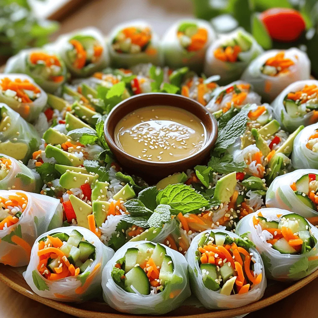 To make these easy veggie spring rolls, gather these key ingredients: - 10 rice paper wrappers - 1 cup cooked vermicelli noodles - 1 cup shredded carrots - 1 cup cucumber, julienned - 1 cup red bell pepper, julienned - 1 cup fresh mint leaves - 1 cup fresh cilantro leaves - 1 avocado, sliced - 1/4 cup soy sauce (or tamari for gluten-free) - 2 tablespoons sesame oil - 1 tablespoon rice vinegar - 1 tablespoon honey or agave syrup These ingredients create a fresh and crunchy experience. The rice paper wrappers hold everything together nicely. You can enhance your spring rolls with optional ingredients: - Sesame seeds for garnish - Sliced jalapeños for heat - Sliced radishes for crunch - Chopped green onions for extra flavor These additions give you more ways to make your rolls unique. Feel free to mix and match based on what you like! If you need to swap out an ingredient, here are some ideas: - Use quinoa instead of vermicelli for a gluten-free option. - Try other herbs like basil or parsley for different flavors. - Change up the veggies based on what you have on hand. Always remember, fresh ingredients make the best spring rolls. Keep your veggies crisp for a satisfying bite. Want to see the full recipe? Check out the [Full Recipe] for all the details! To make the dipping sauce, grab a small bowl. Whisk together the soy sauce, sesame oil, rice vinegar, and honey. Mix well until combined. This sauce adds a great flavor to the spring rolls. Set it aside for later. Fill a large dish with warm water. Dip one rice paper wrapper into the water. Hold it for 15 to 20 seconds. You want it soft but not too mushy. Once it's ready, lay the wrapper flat on a clean surface. Start by adding filling to the center of the wrapper. Place a small handful of cooked vermicelli noodles. Next, add shredded carrots, julienned cucumbers, and red bell peppers. Then, layer fresh mint and cilantro leaves. Finally, add a slice of avocado. - Rolling Techniques for Perfect Spring Rolls Carefully fold the sides of the rice paper over the filling. Then, roll from the bottom up. Tuck in the filling as you roll. This makes a tight and neat spring roll. - Serving Suggestions for Presentation Arrange the spring rolls on a large platter. Sprinkle sesame seeds on top if you like. You can also add extra mint leaves for a fresh look. Serve the rolls with the dipping sauce in a small bowl nearby. When making veggie spring rolls, avoid over-soaking the rice paper. It should be soft but not too mushy. If you soak it too long, the wrapper may tear. Use a clean surface to roll the spring rolls. If your surface is sticky, your rolls may not come out well. Lastly, don't overfill your rolls. A small amount of filling works best for a tight roll. To keep your spring rolls fresh, store them in an airtight container. Place a damp paper towel between layers to maintain moisture. Avoid stacking them directly on top of each other. If you plan to eat them later, keep the dipping sauce separate. This will help the rolls stay crisp and tasty. When rolling spring rolls, start with the filling in the center. Fold the sides over the filling first. Then, roll from the bottom up, tucking in the filling as you go. This method helps keep everything inside. Make sure to roll tightly but gently. If you roll too hard, the rice paper may break. Practice makes perfect, so don’t worry if your first few rolls don’t look perfect! For a detailed guide, check the Full Recipe. {{image_2}} You can easily make these spring rolls vegan and gluten-free. Start by using rice paper wrappers, which are naturally gluten-free. For the dipping sauce, swap soy sauce with tamari to keep it gluten-free. Honey can be replaced with agave syrup to make the dish fully vegan. This way, everyone can enjoy the tasty rolls! Feel free to get creative with your fillings! You can add cooked tofu or tempeh for protein. Try using other veggies like bell peppers, bean sprouts, or even shredded cabbage. You can also toss in some fruits like mango or pineapple for a sweet twist. The key is to use fresh and colorful ingredients to make your rolls pop! The dipping sauce is where you can add your personal touch. You can mix up the base by adding peanut butter for a richer flavor. If you like heat, add sriracha or chili flakes. Fresh lime juice can brighten the sauce and add zing. Experiment with these options to find your perfect dip! For the full recipe, check out the Deliciously Fresh Veggie Spring Rolls above. To store leftover spring rolls, wrap them in a damp paper towel. Place them in an airtight container. This keeps them fresh and prevents them from drying out. You can also layer them between parchment paper. This method helps avoid sticking. The best storage containers for spring rolls are glass or plastic containers with tight lids. Make sure they are clean and dry before adding the rolls. If you use plastic wrap, ensure it covers all parts of the rolls well. Avoid metal containers, as they may affect the taste. To freeze spring rolls, first wrap each one in plastic wrap. Then, place them in a freezer bag. Make sure to remove as much air as possible. They can last up to three months in the freezer. When ready to eat, thaw them in the fridge overnight. You can then serve them cold or quickly warm them in a pan. For more tips on making the most of your veggie spring rolls, check out the Full Recipe. To prevent spring rolls from sticking, use warm water. Dip each rice paper wrapper in the water for 15-20 seconds. This makes the wrappers soft and easy to handle. Lay them flat on a clean surface. Keep them moist by covering with a damp cloth. Avoid stacking them directly on top of each other. This helps keep them from sticking together. Yes, you can prepare spring rolls ahead of time. Make them a few hours before serving. Keep them in a single layer on a plate. Cover them with a damp cloth or plastic wrap. This keeps them fresh. Avoid leaving them out too long, as they can dry out. I love a simple soy sauce mix for dipping. Combine soy sauce, sesame oil, rice vinegar, and honey. This gives a sweet and salty taste. For a spicy kick, add some chili flakes or sriracha. Serve the dipping sauce in a small bowl alongside your spring rolls for easy access. For the full recipe, check the details above. Making veggie spring rolls is fun and simple. We covered the key ingredients you need, from essential staples to tasty options. I shared steps for making the perfect dipping sauce, softening rice wrappers, and assembling rolls with ease. Remember to avoid common mistakes and use my tips to keep your rolls fresh. You can also customize your filling and dipping sauce to suit your taste. With these insights, you can now make delicious veggie spring rolls anytime! Enjoy the process and share your creations!