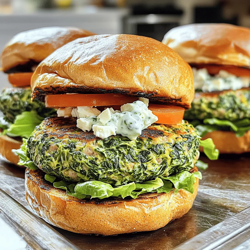 To make delicious Spinach Feta Turkey Burgers, gather these main ingredients: - 1 lb ground turkey - 1 cup fresh spinach, chopped - 1/2 cup feta cheese, crumbled - 1/4 cup breadcrumbs - 1 clove garlic, minced - 1 small red onion, finely chopped - 1 egg, beaten - 1 teaspoon dried oregano - Salt and pepper to taste - Olive oil for grilling - Whole wheat burger buns These ingredients pack flavor and nutrition. Ground turkey keeps the burgers lean, while spinach adds vitamins. Feta cheese gives a tasty kick. The breadcrumbs help bind the mixture and keep it moist. You can elevate your burgers with simple toppings. Consider adding: - Sliced tomatoes - Crisp lettuce - Tzatziki sauce These toppings provide freshness and flavor. You can serve the burgers on whole wheat buns for a healthy touch. Feel free to get creative with your favorite toppings! Each burger is a healthy option. They are high in protein and low in fat. The spinach boosts your iron and vitamins. Feta cheese adds calcium but watch the portion for sodium. This meal is perfect for a balanced diet, making it a great choice for lunch or dinner. For the full recipe, check the details above. To start, grab a large mixing bowl. In this bowl, combine the ground turkey with fresh spinach, crumbled feta cheese, and breadcrumbs. Then, add minced garlic and finely chopped red onion. Next, pour in a beaten egg, sprinkle with dried oregano, and add salt and pepper to taste. Mix everything until just combined. It’s key not to overmix, as this helps keep the burgers tender and juicy. Once your mixture is ready, divide it into four equal portions. With your hands, shape each portion into a patty. Aim for a thickness of about one inch. Press down gently in the center of each patty. This helps them cook evenly and prevents puffing up while grilling. Preheat your grill or grill pan to medium heat. Brush it lightly with olive oil to prevent sticking. Place the patties on the grill and cook for about 5 to 7 minutes on each side. You want them to reach an internal temperature of 165°F (75°C). This ensures they are safe to eat and perfectly cooked. While grilling, you can toast whole wheat burger buns for 1 to 2 minutes until golden brown. Assemble your burgers by placing a patty on the bottom bun, adding toppings like sliced tomatoes or lettuce, and drizzle with tzatziki sauce if you like. Check out the Full Recipe for more details! To keep your spinach feta turkey burgers moist, avoid overmixing. When you blend the meat with other ingredients, mix just until combined. Overmixing can make the burgers tough. You can also add a little olive oil to the turkey mixture. This adds moisture and flavor. For extra flavor, try adding spices. A dash of paprika or cumin can boost taste. You can also mix in fresh herbs like basil or parsley. These add a fresh kick to every bite. Try adding a bit of lemon zest for brightness. It pairs well with feta cheese and spinach. You can cook these burgers on a grill or in a pan. Grilling gives a nice smoky flavor and those pretty grill marks. Make sure your grill is hot before placing the patties on it. If you pan-fry, use a non-stick skillet and a bit of olive oil. Both methods work well. Just cook until the burgers reach 165°F. This ensures they are safe to eat. For the best results, refer to the Full Recipe for detailed cooking tips. {{image_2}} If you want a meat-free option, you can make these burgers with black beans. Use one can of drained and rinsed black beans instead of ground turkey. Mash the beans in a bowl, then mix in the chopped spinach, crumbled feta, and breadcrumbs. Add the same spices and form patties. You can grill these just like regular burgers. This version is tasty and packed with fiber. Feta adds a salty zing to the burgers, but you can try other cheeses too. Goat cheese gives a creamy texture, while cheddar adds a rich flavor. Even mozzarella can work if you like it melty. Just remember to adjust the amount to your taste. Mixing cheese into your burgers can change the flavor in fun ways. Adding spices can change the game. Try paprika for a smoky flavor or cumin for warmth. Fresh herbs like parsley or dill can brighten the taste. You can also add a pinch of red pepper flakes for a kick. Spice and herb choices can make each batch of burgers unique. Get creative and find what you enjoy most! For the full recipe, check out the Spinach Feta Turkey Burgers. After making your spinach feta turkey burgers, you may have some leftovers. Store them in an airtight container. Place the burgers in the fridge. They will stay fresh for up to 3 days. If you want to keep them longer, freezing is a great option. To reheat your burgers, use a skillet or the oven. Heat a skillet over medium heat. Add a little olive oil for flavor. Cook for about 3-4 minutes on each side until warm. If using the oven, wrap the burgers in foil and heat at 350°F (175°C) for about 10-15 minutes. This keeps them moist and tasty. If you want to freeze the burgers, first let them cool completely. Wrap each burger in plastic wrap. Then, place them in a freezer bag. Squeeze out as much air as you can. The burgers can stay frozen for up to 3 months. When ready to eat, thaw them in the fridge overnight before reheating. This keeps the flavor and texture just right. You can find the full recipe for these delicious burgers to enjoy anytime! You can tell when turkey burgers are done by checking their temperature. Use a meat thermometer to find the internal temperature. It should read 165°F (75°C). This ensures the turkey is safe to eat. If you don’t have a thermometer, look for a golden brown color on the outside. The burgers should feel firm but not dry. Yes, you can make these burgers ahead of time. Prepare the patties and store them in the fridge for up to a day. This saves you time on busy days. You can also freeze the uncooked patties. Place parchment paper between each patty to prevent sticking. They will last in the freezer for about three months. Just thaw them in the fridge before cooking. Serve these burgers on whole wheat buns for a healthy twist. Add fresh toppings like sliced tomatoes and crisp lettuce. A dollop of tzatziki sauce brings great flavor. You can also pair the burgers with a side salad or sweet potato fries. For the full recipe, check out the instructions above. Enjoy your delicious meal! You now know how to make tasty spinach feta turkey burgers. We covered key ingredients, cooking steps, and tips for the best results. Remember the variations for vegetarian options and different cheeses. Storing and reheating leftovers is easy. In the end, these burgers are a great way to enjoy a healthy meal. Try them at your next cookout or family dinner. You'll impress your guests and feel good about what they eat. Enjoy your cooking!
