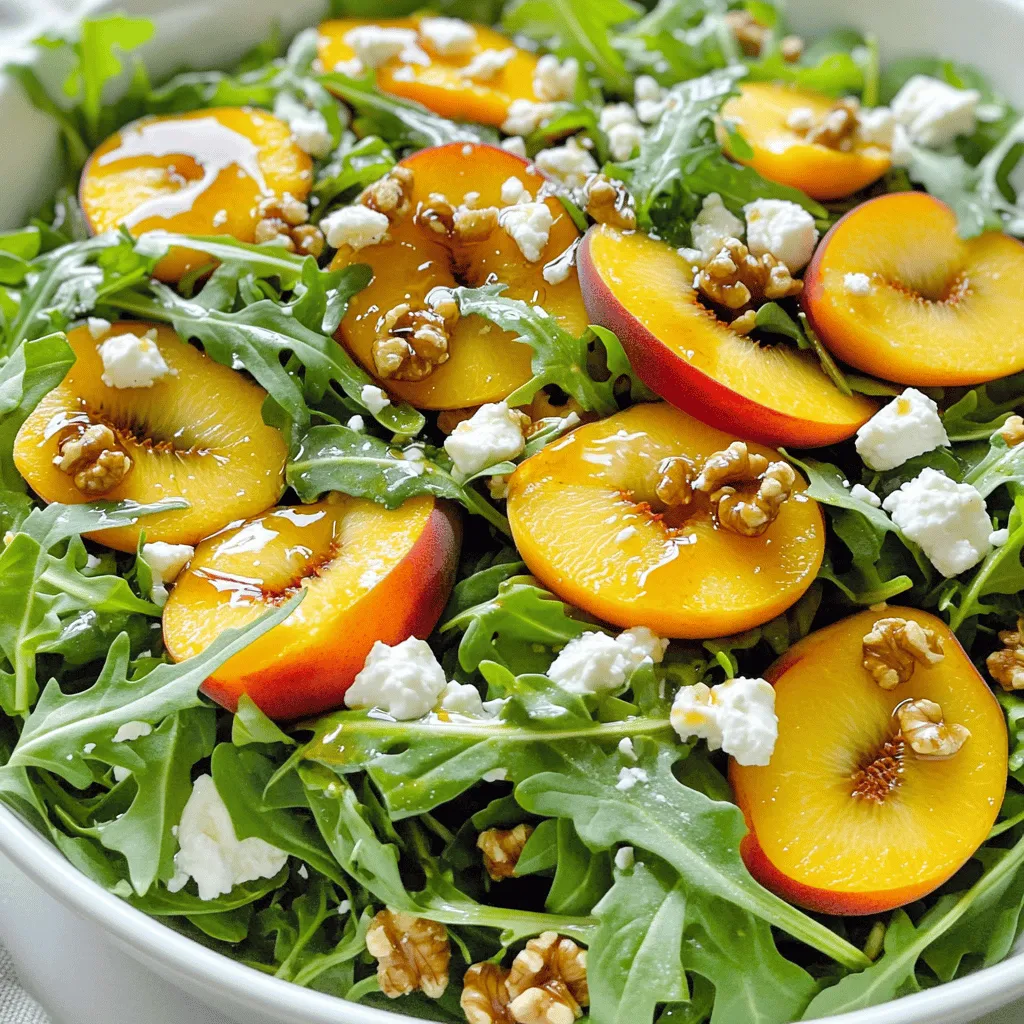 - 2 ripe peaches, sliced - 4 cups fresh arugula - 1/4 cup feta cheese, crumbled - 1/4 cup toasted walnuts, chopped - 1 tablespoon honey - 2 tablespoons balsamic vinegar - 3 tablespoons olive oil - Salt and pepper to taste To make a peach and arugula salad, you need fresh and vibrant ingredients. Start with ripe peaches. They should be juicy and sweet. Slice them into thin wedges for a lovely look. Next, grab fresh arugula. Its peppery flavor balances the sweet peaches well. For a creamy twist, add feta cheese. You can crumble it easily with your fingers. It brings a salty kick to the salad. Then, toast some walnuts. Chop them into small pieces. This adds a delightful crunch. Now, let’s talk about the dressing. I like a mix of honey, balsamic vinegar, and olive oil. It’s simple yet full of flavor. Salt and pepper will enhance everything. This salad is not just tasty. It’s also colorful and fun. You can find the full recipe for a detailed guide. Enjoy making this fresh and flavorful dish! First, take a small bowl. In it, whisk together the honey, balsamic vinegar, olive oil, salt, and pepper. This dressing adds a sweet and tangy flavor. It brings all the salad's flavors together. Next, grab a large bowl. Combine the fresh arugula and sliced peaches in this bowl. Toss them gently to mix. Drizzle the dressing over the arugula and peaches. Toss again to coat everything evenly. This step is key for great flavor. Now it's time for the fun part! Sprinkle the crumbled feta cheese and chopped walnuts over the top. These toppings add creaminess and crunch. You can serve the salad right away or let it sit for about 5-10 minutes. This waiting time helps the flavors meld beautifully. For the full recipe, you can check the details above. Letting the salad sit for 5-10 minutes before serving really helps. This time allows the flavors to blend well. You will notice a big difference in taste. The sweet peaches and tangy dressing create a delightful mix. Serve this salad on a large platter or in individual bowls. A beautiful presentation makes the dish more inviting. Garnish with extra peach slices and a sprinkle of feta. This adds color and charm to your meal. This salad pairs well with grilled chicken or shrimp for added protein. You can also serve it with crusty bread or a light soup. These options make a perfect meal. Enjoy the fresh and vibrant flavors together. {{image_2}} You can mix in other fruits for more flavor. Strawberries and blueberries work well. They add sweetness and color. You can even try plums or nectarines. Fresh fruits keep the dish lively. If you don’t have walnuts, use pecans or almonds. Pecans give a sweet taste. Almonds add a nice crunch. You can toast them for extra flavor. These swaps keep the salad tasty and interesting. For a vegan twist, replace feta cheese. Use a plant-based cheese instead. Many brands offer great options. This change keeps the salad creamy and rich. You can enjoy this dish while sticking to your diet. To keep your peach and arugula salad fresh, place it in an airtight container. Avoid adding the dressing until you are ready to eat. This helps keep the arugula crisp and the peaches firm. If you have leftovers, store the salad in the fridge right away. The salad stays good for about 1 to 2 days in the fridge. After that, the greens may wilt, and the peaches might lose their flavor. Always check for freshness before serving. If the salad smells off or looks soggy, it’s best to toss it. You should not heat this salad. The fresh greens and fruit taste best cold. If you want to enjoy leftovers, just take them out of the fridge and serve. If the salad has been dressed, it may be good to add a little more olive oil or vinegar to refresh the flavors. Enjoy your fresh and flavorful dish again! For the full recipe, check out the details above. Yes, you can make Peach and Arugula Salad ahead of time. To prepare it in advance, mix the dressing and store it separately. You can slice the peaches and wash the arugula a few hours before serving. Just keep everything in the fridge. When you are ready to eat, toss the salad with the dressing right before serving. This way, the arugula stays fresh and crisp. Arugula is a superfood packed with nutrients. It's low in calories and high in vitamins A, C, and K. These vitamins help keep your skin and bones healthy. Arugula also has antioxidants that fight free radicals. Peaches add fiber and vitamins too. Together, they make a tasty and healthy dish that supports your overall health. Absolutely! You can change a few ingredients to fit your needs. If you are lactose intolerant, try using a dairy-free cheese instead of feta. You can replace walnuts with almonds or pecans if you prefer. If peaches are not in season, use nectarines or plums. These swaps allow you to enjoy the salad while meeting your dietary needs. For the complete recipe, check out the Full Recipe section. This blog post covered a fresh peach and arugula salad. We explored easy steps to create a tasty dish. You learned how to make a simple dressing, assemble the salad, and add final touches. I shared tips to enhance flavor and improve presentation. You can try different fruits and nuts too! Don’t forget about storage and pairing options to enjoy this salad longer. Remember, cooking should be fun. Enjoy making this salad your way!