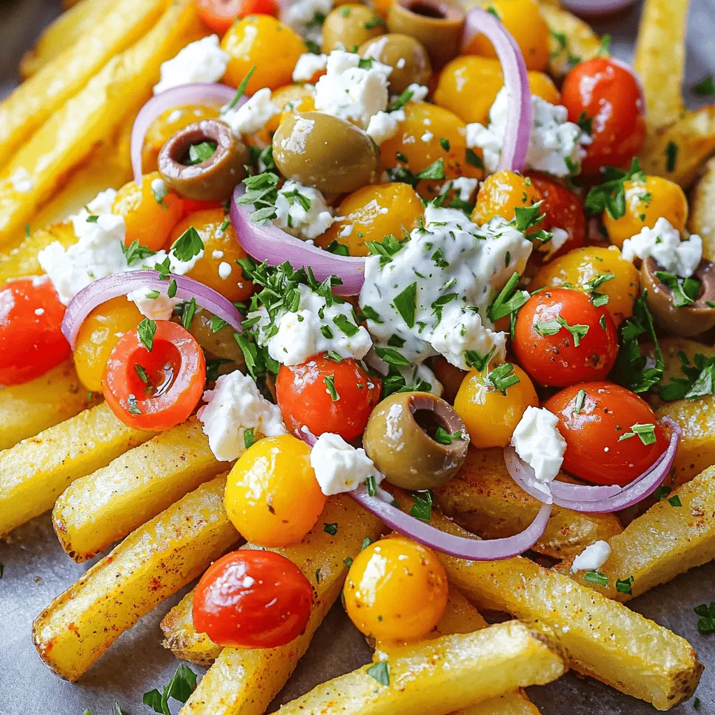 Loaded Greek fries are a tasty twist on classic fries. Here’s what you need for this dish: - 4 large russet potatoes, cut into thick fries - 3 tablespoons olive oil - 1 teaspoon garlic powder - 1 teaspoon paprika - Salt and pepper to taste - 1 cup crumbled feta cheese - 1 cup cherry tomatoes, halved - ½ cup kalamata olives, pitted and sliced - ½ cup red onion, thinly sliced - 1 cup tzatziki sauce (store-bought or homemade) - Fresh parsley, chopped (for garnish) Each ingredient adds its own flavor. The olive oil helps the fries crisp up nicely. Garlic powder and paprika give them warmth and spice. Feta cheese adds a creamy, salty bite. The fresh veggies and tzatziki provide a cool crunch and tang. When you gather these ingredients, you prepare for a delightful mix of tastes. The fries serve as a canvas, and the toppings create a beautiful dish. For the full recipe, check out the instructions below. To start, you need to preheat your oven to 425°F (220°C). This step is key for crispy fries. Next, grab a large bowl and toss in your cut potatoes. Add three tablespoons of olive oil. Sprinkle in one teaspoon of garlic powder, one teaspoon of paprika, salt, and pepper to taste. Mix it all well until the fries are coated evenly. Now, spread the fries out on a baking sheet. Make sure they are in a single layer for even cooking. Bake them for 25 to 30 minutes. Flip the fries halfway through to get that perfect golden color and crispiness. While the fries are baking, it’s time to prepare your toppings. In a separate bowl, mix together one cup of halved cherry tomatoes, half a cup of sliced kalamata olives, and half a cup of thinly sliced red onion. Add a pinch of salt and pepper for flavor. When the fries finish baking, take them out of the oven. Sprinkle one cup of crumbled feta cheese on top while they are hot. Then, add your tomato-olive-onion mix. Drizzle tzatziki sauce over everything. Lastly, don’t forget to add some fresh chopped parsley for a splash of color! For the full recipe, you can refer back to the ingredient list. To get crispy fries, start with the right oil. Olive oil helps fries become golden and crisp. Use enough oil to coat each fry well. Don’t skimp on seasoning either; it adds flavor. Spread the fries out on the baking sheet. Make sure they are not touching. This way, they cook evenly and do not steam. Pair your Loaded Greek Fries with cool dips. Tzatziki is a classic choice that complements the flavors. You can also serve them with a light salad or grilled meat. For drinks, a refreshing iced tea or a light beer works well. These fries are a great snack or side dish for any meal. Want to boost the taste? Try adding some roasted peppers or creamy avocado on top. These additions bring more texture and taste. You can also customize your tzatziki. Mix in fresh herbs like dill or mint for a twist. Spices like cumin or a dash of lemon juice can also make it special. {{image_2}} If you want to switch things up, try sweet potatoes. They add a nice sweetness to each bite. You can also use Yukon Gold potatoes for a creamier texture. Each type of potato brings its own flavor. You may also consider using other starches like parsnips or even zucchini for a lighter version. These alternatives can give you a new take on loaded fries while keeping it delicious. To make loaded Greek fries vegan-friendly, you can replace feta cheese with vegan cheese. Look for brands made from nuts or soy. For tzatziki, swap out dairy yogurt with a plant-based one. You can use coconut or almond yogurt. These changes keep the flavor bold and fresh while being kinder to your diet. Want some heat? Add sliced jalapeños or a splash of hot sauce to your fries. This adds a spicy kick that many will love. For a Mediterranean twist, try using different cheeses like goat cheese or ricotta. You can also mix in green olives or capers for a briny taste. Each variation opens up new flavors, making your loaded Greek fries even more fun to eat. For the full recipe, check out the details above. To keep your loaded Greek fries fresh, store leftovers in the fridge. Place them in an airtight container. Make sure they cool down before sealing. This helps to avoid steam buildup, which can make fries soggy. When you want to enjoy leftover fries, reheating properly is key. Use an oven or an air fryer to keep them crispy. Preheat the oven to 375°F (190°C). Spread the fries on a baking sheet and heat for about 10-15 minutes. In an air fryer, cook at 350°F (175°C) for about 5-7 minutes. This will give you that crunch again. If you want to freeze your loaded Greek fries, do it wisely. You can freeze the fries before adding toppings. Let them cool and then place them in a freezer bag. For best results, freeze them flat. This way, they won’t stick together. When you're ready to eat, bake directly from the freezer. You can also freeze toppings like the tomato and olive mix separately. Just thaw and add when you're ready to enjoy! Loaded Greek fries are a fun twist on classic fries. They start with thick-cut russet potatoes. You bake them until they are crispy and golden. Then, you load them up with delicious toppings. The dish hails from Greek cuisine, featuring flavors like feta cheese, olives, and tzatziki. This dish brings a taste of Greece right to your kitchen. It’s a great way to enjoy fries with a Mediterranean flair. Yes, you can prep some parts in advance. You can cut the potatoes and soak them in water. This helps remove excess starch and keeps them fresh. You can also mix the toppings, like tomatoes and olives, and store them in the fridge. Just remember to bake the fries fresh for the best crispiness. This way, everything stays flavorful and yummy. Absolutely! Using an air fryer can make these fries even crispier. To air fry, toss the potatoes with oil and seasonings. Spread them in a single layer in the air fryer basket. Cook them at 400°F for about 15-20 minutes. Shake the basket halfway through for even cooking. After they are done, follow the same steps for adding toppings. Enjoy a quick and healthy version of this tasty dish. Loaded Greek fries are a tasty and fun dish. You can make them with simple ingredients and steps. Start with crispy fries and add fresh toppings. Customize with your favorite flavors or make it vegan. Store leftovers easily and reheat for later. Make these fries for a snack or sharing. Enjoy every bite, and your friends will love them too!
