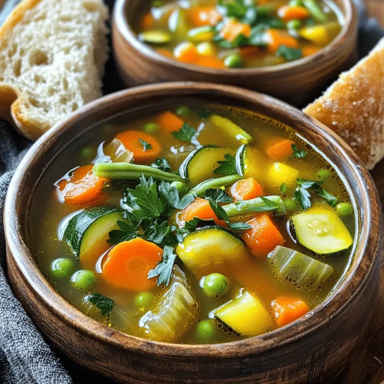 To make Classic Vegetable Soup, gather these fresh ingredients: - 2 tablespoons olive oil - 1 medium onion, diced - 2 cloves garlic, minced - 2 carrots, diced - 2 celery stalks, diced - 1 medium potato, peeled and diced - 1 zucchini, diced - 1 cup green beans, trimmed and cut into 1-inch pieces - 1 can (14 oz) diced tomatoes (with juices) - 4 cups vegetable broth - 1 teaspoon dried thyme - 1 teaspoon dried basil - 1 bay leaf - Salt and pepper to taste - Fresh parsley, chopped (for garnish) Each ingredient plays a key role in our soup. - Olive oil brings healthy fats and a rich flavor. It helps the vegetables cook evenly. - Onion adds sweetness and depth. It forms the base of the soup's flavor. - Garlic gives a strong aroma and zest. It enhances the soup with its warm, savory notes. - Carrots add sweetness and color. They are packed with vitamins and antioxidants. - Celery adds crunch and a mild flavor. It also boosts hydration with its high water content. - Potato thickens the soup and adds heartiness. It provides starch for a filling meal. - Zucchini brings a soft texture and mild taste. It’s a low-calorie vegetable full of nutrients. - Green beans add a fresh crunch. They are rich in vitamins A and C. - Diced tomatoes provide acidity and sweetness. They brighten up the flavors and add color. - Vegetable broth is the soup's base. It adds a savory depth and brings all the flavors together. - Dried thyme and basil contribute herbal notes. They enhance the overall taste with their fragrant profiles. - Bay leaf adds subtle complexity. It infuses the soup with earthy undertones. - Salt and pepper enhance all the flavors. They balance the soup and make it taste complete. - Fresh parsley offers a pop of color and fresh flavor. It also adds vitamins and minerals. This recipe is a warm hug in a bowl. The mix of veggies not only fills your belly but also nourishes your body. Check out the Full Recipe for easy steps to create this delightful dish. To make Classic Vegetable Soup, follow these steps closely. Each step matters for the best taste and texture. 1. Heat Oil: Start by heating 2 tablespoons of olive oil in a large pot over medium heat. 2. Sauté Onion: Add the diced onion. Sauté for 3-4 minutes until it turns soft and clear. 3. Add Garlic: Mix in the minced garlic and cook for another minute. This adds a nice aroma. 4. Add Carrots and Celery: Next, throw in the diced carrots and celery. Cook these for about 5 minutes. They should start to soften. 5. Incorporate More Veggies: Now, add the diced potato, zucchini, and green beans. Stir well to combine all the veggies. 6. Pour in Tomatoes and Broth: Add the can of diced tomatoes and 4 cups of vegetable broth. This is where the soup gets its flavor. 7. Season the Soup: Toss in 1 teaspoon each of dried thyme and basil, plus 1 bay leaf. These spices boost the taste. 8. Bring to Boil: Bring the soup to a gentle boil. Then, reduce the heat to low and let it simmer. Keep it uncovered for 25-30 minutes until all the veggies are tender. 9. Final Seasoning: Taste the soup and add salt and pepper as needed. Don’t forget to remove the bay leaf before serving. 10. Serve: Ladle the soup into bowls and garnish with fresh chopped parsley. This adds a fresh touch. By following these steps, you will create a nourishing and tasty soup. Enjoy it with a slice of crusty bread on the side for a comforting meal. For the full details on the ingredients and cooking times, refer to the Full Recipe. To enhance the flavor of your Classic Vegetable Soup, start with fresh vegetables. Fresh veggies bring bright taste and great texture. Sautéing the onion and garlic in olive oil first adds depth. This step sets a solid base for all other flavors. Cutting vegetables uniformly helps them cook evenly. Aim for small, even pieces. This way, your carrots, potatoes, and zucchini will all be tender at the same time. A sharp knife makes this task easier and safer. Adjusting seasoning is key to personalizing your soup. Start with a pinch of salt and pepper. Taste as you go. If you like it spicy, add a dash of red pepper flakes. Fresh herbs can also boost the flavor. Add them near the end of cooking for a fresh touch. For a full experience, check out the Full Recipe. It guides you step by step through making this comforting dish. {{image_2}} You can easily make Classic Vegetable Soup fit any diet. To go vegan, simply use vegetable broth and skip any animal products. This soup is already plant-based and full of flavor. If you're gluten-free, check your broth and use gluten-free pasta or grains instead of regular ones. Quinoa or rice can be great additions. For swaps based on your taste, you can switch out vegetables. Don’t like green beans? Try peas or corn instead. Want more protein? Add chickpeas or lentils. You can also explore regional flavors. For an Italian twist, add some diced bell peppers and a splash of balsamic vinegar. If you want a spicy kick, toss in some jalapeños or chili flakes. Each of these changes keeps the soup hearty and comforting. You can find the full recipe to start creating your own variations. To store your Classic Vegetable Soup, let it cool down first. Then, pour it into airtight containers. You can keep it in the fridge for about 3 to 5 days. If you want to save it longer, freeze it. It will last up to 3 months in the freezer. Just remember to label the containers with the date. When you are ready to enjoy the soup again, reheating is easy. If it’s frozen, let it thaw in the fridge overnight. You can also use a microwave to defrost it. For the best taste and texture, reheat the soup on the stove over medium heat. Stir it often to help heat it evenly. If it seems too thick, add a little broth or water to thin it out. After reheating, make sure it is hot all the way through. A good way to check is to use a food thermometer. It should reach 165°F (74°C) to be safe to eat. Now you can enjoy your soup again, just like the first time! You can add many vegetables to your soup. Think of your favorites! You can use: - Spinach or kale for leafy greens - Bell peppers for sweetness - Peas for color and texture - Corn for a bit of crunch You can also swap out any vegetable you don't like. Just keep the cooking time in mind. Some veggies cook faster than others. Yes! You can easily make this soup in a slow cooker or instant pot. For a slow cooker, just add all your ingredients and cook on low for 6-8 hours. For an instant pot, set it for 10 minutes on high pressure. Let the pressure release naturally for best results. Add some protein or grains to make your soup more filling. Here are some ideas: - Cooked beans like chickpeas or kidney beans - Lentils for extra fiber - Quinoa or rice for heartiness - Pasta for a comforting twist These additions will enhance the flavor and keep you satisfied. Absolutely! Classic Vegetable Soup is very healthy. It is packed with vitamins and minerals from fresh vegetables. Using vegetable broth keeps it low in calories. Plus, you can control the salt and fat levels. This soup is a great option for a healthy meal. Yes, you can make this soup ahead of time. It actually tastes better the next day. Just store it in the fridge for up to three days. You can also freeze it for up to three months. When you’re ready to eat, just reheat it on the stove. For the full recipe, check out the details above. Enjoy your cooking! You can make Classic Vegetable Soup with fresh, healthy ingredients and easy steps. Knowing each ingredient's role helps enhance flavor and nutrition. The right cooking techniques ensure a perfect texture. Also, tips for seasoning and timing improve your dish. You can adjust the recipe for dietary needs too, making it vegan or gluten-free. Finally, proper storage keeps your soup fresh. Enjoy your cooking journey, knowing that each bowl is packed with goodness and flavor.