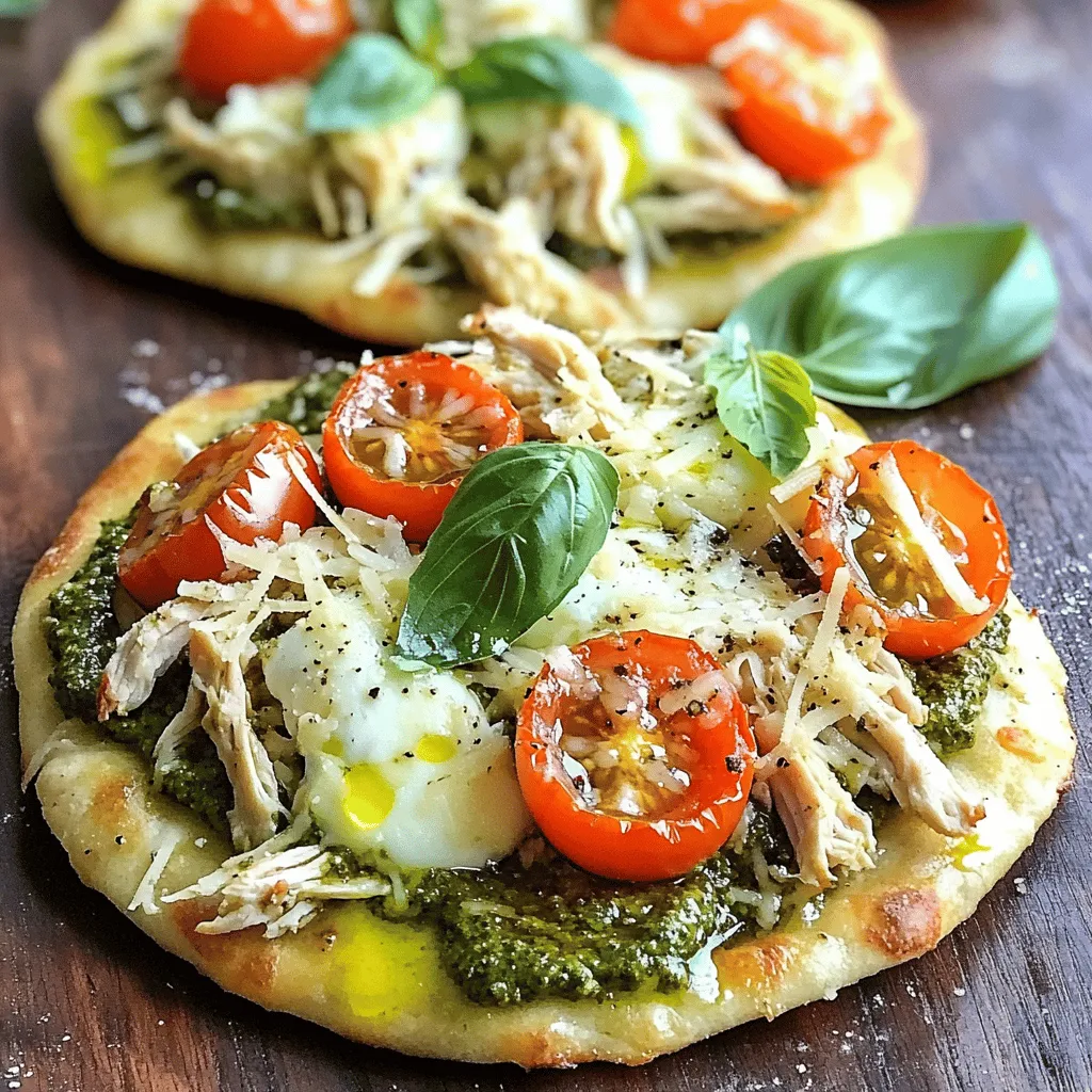 For a quick and tasty meal, try Easy Chicken Pesto Flatbread. This recipe is simple and fun. You can make two servings in just 25 minutes. You need flatbreads, cooked chicken, and pesto for flavor. You can find the full recipe below. Here’s what you will need: - 2 flatbreads (store-bought or homemade) - 1 cup cooked chicken, shredded - 1/2 cup basil pesto - 1 cup cherry tomatoes, halved - 1 cup shredded mozzarella cheese - 1/4 cup grated Parmesan cheese - 2 tablespoons olive oil - Salt and pepper to taste - Fresh basil leaves for garnish Using fresh, high-quality ingredients makes your flatbread shine. Choose flatbreads that are soft and pliable. For chicken, use rotisserie or grilled chicken for easy prep. Fresh basil pesto adds bright flavor. Select ripe cherry tomatoes for the best taste. Use whole-milk mozzarella for a creamy melt. Don’t skimp on the cheese; it makes a big difference! First, gather all your ingredients to make cooking easier. You will need: - 2 flatbreads (store-bought or homemade) - 1 cup cooked chicken, shredded - 1/2 cup basil pesto - 1 cup cherry tomatoes, halved - 1 cup shredded mozzarella cheese - 1/4 cup grated Parmesan cheese - 2 tablespoons olive oil - Salt and pepper to taste - Fresh basil leaves for garnish Next, preheat your oven to 400°F (200°C). This step is key for a great bake. Then, place the flatbreads on a baking sheet lined with parchment paper. This helps with easy cleanup. Brush one tablespoon of olive oil on each flatbread. This adds flavor and helps them crisp up. Now, spread 1/4 cup of basil pesto evenly on each flatbread. This gives a nice herby base. Sprinkle the shredded chicken evenly over the pesto layer. The chicken adds protein and heartiness. Next, scatter the halved cherry tomatoes on top. They add a fresh burst of flavor. Once your flatbreads are topped, sprinkle shredded mozzarella and Parmesan cheese on each one. The cheese will melt and create a tasty layer. Season with salt and pepper to your liking. Now, it’s time to bake! Place the baking sheet in the preheated oven. Bake for 12-15 minutes. Watch for the cheese to melt and bubble, and the edges to turn golden brown. When they look perfect, take them out of the oven and let them cool for a couple of minutes. For a fresh touch, garnish each flatbread with fresh basil leaves. This adds color and bright flavor. Cut the flatbreads into slices for easy sharing. Serve them with a side salad or some dipping sauces for a complete meal. Enjoy your easy chicken pesto flatbread! For the full recipe, check out the previous section. To get a nice crisp on your flatbread, start by preheating your oven to 400°F (200°C). This heat helps to crisp the edges and melt the cheese just right. Brush each flatbread with olive oil before adding toppings. This small step adds flavor and helps achieve that golden brown finish. Bake for 12-15 minutes. Keep an eye on the flatbreads to ensure they don’t burn. You want them crispy, not charred! If you need a gluten-free option, use gluten-free flatbreads or a cauliflower crust. Both work well with the toppings. For a dairy-free version, swap out the cheese for a dairy-free cheese alternative. You can also try nutritional yeast for a cheesy flavor without the dairy. Always check labels to ensure that the products you choose meet your dietary needs. To amp up the flavor, consider adding some crushed red pepper flakes for heat. A sprinkle of garlic powder or Italian herbs can also add depth. Fresh herbs like thyme or oregano will brighten the dish. Feel free to experiment! The goal is to make the flatbread your own. Just remember, a little goes a long way. {{image_2}} You can easily make a vegetarian version of this dish. Swap out the chicken for seasonal veggies like bell peppers, zucchini, or spinach. Just chop the vegetables into small pieces. Sauté them for a few minutes to soften. Then, layer them on the pesto-covered flatbread. This adds a fresh taste and keeps the meal light. If you like heat, try adding spicy elements to your flatbread. Mix crushed red pepper flakes into the basil pesto for a kick. You can also add sliced jalapeños on top of the flatbread before baking. This gives each bite a nice spicy surprise. For extra flavor, use spicy chicken sausage instead of regular chicken. While pesto shines in this recipe, feel free to explore other sauces. Try a sun-dried tomato spread for a tangy twist. A simple garlic and olive oil mix can also work well. You can even use a BBQ sauce for a smoky flavor. Each choice brings a new taste to the flatbread, making it fun to experiment. For the full recipe, check out the instructions above. To store leftover flatbreads, let them cool first. Place them in an airtight container. You can keep them in the fridge for up to three days. If you want to keep them longer, freezing is a great option. Use parchment paper between each flatbread to prevent sticking. For meal prep, freeze your flatbreads after they cool completely. Wrap each flatbread tightly in plastic wrap. Then, place them in a freezer-safe bag or container. They can stay fresh for up to three months. When you’re ready to eat, just pull them out and reheat. To reheat, preheat your oven to 375°F (190°C). Place the flatbreads on a baking sheet. Heat them for about 10-12 minutes. This keeps them crispy and warm. You can also microwave them for a quicker option, but they may get soggy. Enjoy your delicious chicken pesto flatbread as if it was fresh! Yes, you can use store-bought pesto. It saves time and can be very tasty. Look for a brand with fresh ingredients. Some brands even use real basil and olive oil. If you prefer homemade, use fresh basil, garlic, and nuts for a great taste. Check the flatbreads after 12 minutes of baking. The cheese should melt and bubble. The edges of the flatbreads will turn golden brown. If you see this, they are ready! Let them cool a bit before serving. You can pair it with a fresh salad. A side of mixed greens tastes great. You might also enjoy it with roasted vegetables. Try some olives or a light soup too. These options add a nice touch to your meal. In this blog post, we explored how to make Chicken Pesto Flatbread. We covered key ingredients, simple steps, and tips for the perfect bake. You learned about tasty variations and how to store leftovers. Perfecting this dish brings fun and flavor to your meals. Try it out, and enjoy making it your way! You now have the tools to impress your family and friends with this easy recipe.