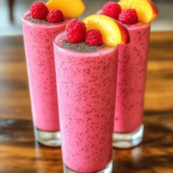 - 2 ripe peaches - 1 cup fresh raspberries - 1 frozen banana - Additional garnishes - 1 tablespoon chia seeds - 1 cup almond milk (or any milk of choice) - 1 tablespoon honey or maple syrup (optional) - Ice cubes When making the Peach Raspberry Chia Smoothie, fresh ingredients are key. Ripe peaches bring a sweet and juicy flavor. Fresh raspberries add a delightful tartness. The frozen banana gives the smoothie a creamy texture and natural sweetness. You can use other fruits if you like, but this combo shines. For garnish, you can add whole raspberries or peach slices on top. It makes your drink look fancy! For the essentials, chia seeds are a must. They add fiber and omega-3 fatty acids. Almond milk keeps it dairy-free, but any milk works. If you want a sweeter taste, add honey or maple syrup. Ice cubes make it cold and refreshing, perfect for hot days. This balanced mix of ingredients makes the Peach Raspberry Chia Smoothie not just tasty but also healthy. Check out the [Full Recipe] for more details on blending this delicious drink! Start by pitting your peaches. Cut them in half and remove the pit. Then chop the peaches into small pieces. This makes them easier to blend. Next, rinse your raspberries gently under cool water. Drain them well. If you use a frozen banana, take it out of the freezer. You can cut it into chunks for easier blending. Now it’s time to layer the ingredients in your blender. Add the chopped peaches first. Then add the fresh raspberries and banana chunks. Sprinkle in the chia seeds next. Pour in the almond milk slowly. If you want your smoothie sweet, this is when to add honey or maple syrup. Blend on high speed until the mixture is smooth. If it’s too thick, add more almond milk and blend again. Once blended, taste your smoothie. If you think it needs more sweetness, add a bit of honey or syrup. Blend again briefly to mix it in. Pour your smoothie into tall glasses. For a nice touch, garnish with whole raspberries and a peach slice on the rim. You can also sprinkle some chia seeds on top for extra flair. Enjoy this Peach Raspberry Chia Smoothie, perfect for a refreshing treat! To make your Peach Raspberry Chia Smoothie nice and creamy, use frozen fruits. Frozen bananas work best. They add a rich texture without needing ice. If you prefer, you can use fresh fruits too. Just add a handful of ice cubes to chill your drink. For the milk, try different types. Almond milk gives a light taste, while coconut milk adds a rich flavor. Oat milk offers a thick texture, perfect for a creamy blend. Choose your favorite based on what you like best. Adjust the sweetness to fit your taste. If you want it sweeter, add honey or maple syrup. Start with just a bit, then blend and taste. You can always add more if needed. Want to try something new? Add a splash of vanilla extract or a pinch of cinnamon. Both flavors mix well with peaches and raspberries. They can change your smoothie from good to great! Make your smoothie look as good as it tastes. Serve it in tall glasses for a fun touch. You can garnish with whole raspberries and a peach slice. This adds color and makes it more inviting. For added texture, sprinkle a few chia seeds on top before serving. This small step makes your drink look fancy and appealing. If you want to impress guests, these simple tricks will do the job! For the full recipe, check out the details. {{image_2}} You can switch up the fruits in your smoothie to make it exciting. Substituting other berries works great. Try strawberries or blueberries instead of raspberries. They add a new twist to the flavor. You can also mix in tropical fruits like mango. Mango adds a creamy texture and sweetness that pairs well with peaches. If you want a vegan version, simply use plant-based milk. Almond milk or oat milk keeps it tasty. For sweetness, you can use maple syrup or agave nectar instead of honey. These options make it dairy-free and still delicious. To enhance the nutrition, consider adding protein powder or spinach. Protein powder gives you energy and helps keep you full longer. Adding spinach is a sneaky way to get more vitamins without changing the taste. You can also think about flax seeds versus chia seeds. Flax seeds add omega-3s but need grinding to release their nutrients. Chia seeds, on the other hand, offer fiber and keep you feeling full. Each seed has its own benefits, so choose based on your needs. To keep your peach raspberry chia smoothie fresh, store it in a sealed jar. Use a glass jar if possible, as it helps keep the flavor. Place it in the fridge right after you make it. Drink the smoothie within 24 hours for the best taste. This smoothie may separate as it sits. Just give it a good shake before you drink it again. If you have leftover smoothie, you can freeze it. Pour the smoothie into ice cube trays or freezer-safe jars. Leave some space at the top, as liquids expand when they freeze. When you are ready to use it, take out what you need and let it thaw in the fridge. You can also blend it again for a thicker, colder treat. Chia seeds have a long shelf life. They can last for up to two years if stored in a cool, dry place. Nuts can last around six months to a year, depending on how they are stored. Fresh fruits, like peaches and raspberries, should be eaten within a few days of buying them. Store them in the fridge to keep them fresh longer. Yes, you can use frozen peaches. They will make your smoothie cold and thick. However, frozen peaches might change the flavor slightly. Fresh peaches have a sweet and bright taste. Frozen ones can be a bit less sweet. I suggest tasting the smoothie after blending. If it needs sweetness, add honey or maple syrup. Chia seeds are tiny but mighty! They add fiber, protein, and omega-3 fatty acids. When you blend them, they soak up liquid and swell. This gives the smoothie a creamier texture. Plus, they help keep you full longer. Just one tablespoon adds great nutrition without changing the taste much. You have many choices for milk. You can use oat milk, soy milk, or coconut milk. Each type has a unique flavor. Oat milk has a creamy taste, while soy milk is rich in protein. Coconut milk adds a tropical twist. Choose what you like best for your smoothie! For more ideas, check the full recipe. In this blog post, you learned how to make a delicious smoothie using fresh ingredients like peaches and raspberries. We covered essential steps, tips for texture, and fun variations to try. Remember to adjust sweetness and experiment with different fruits. Smoothies are great for quick snacks or breakfast. Enjoy making your perfect blend and have fun with it! You’ll love the burst of flavor in every sip.