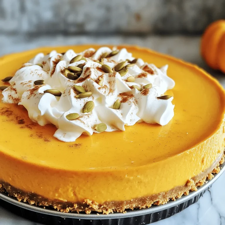When making a no-bake pumpkin cheesecake, gather these key ingredients. Each plays a vital role in creating the perfect dessert. - 1 ½ cups graham cracker crumbs - ½ cup unsalted butter, melted - 3 tablespoons sugar - 16 oz cream cheese, softened - 1 cup pumpkin puree - 1 cup powdered sugar - 1 teaspoon vanilla extract - 1 teaspoon ground cinnamon - ½ teaspoon ground nutmeg - ½ teaspoon ground ginger - 1 cup heavy whipping cream The graham cracker crumbs serve as the base. They give the cheesecake a nice crunch. The melted butter helps bind the crumbs together, making a sturdy crust. Cream cheese is the star of this dish. It gives a rich and creamy texture. Pumpkin puree adds the fall flavor we all love. The spices like cinnamon, nutmeg, and ginger enhance the pumpkin's natural sweetness. Whipping cream is essential for a light and fluffy filling. It makes the cheesecake feel airy and not too heavy. You can find the full recipe in the provided link. With these ingredients ready, you're set to create a delicious dessert that will impress everyone! To start, gather your ingredients. In a mixing bowl, combine: - 1 ½ cups graham cracker crumbs - ½ cup unsalted butter, melted - 3 tablespoons sugar Mix these well until it looks like wet sand. Next, press this mixture into the bottom of a 9-inch springform pan. Make sure it is even and firm. This crust will hold all the tasty filling. Place the pan in the fridge to chill while you make the filling. In a large bowl, beat 16 oz of softened cream cheese with a hand mixer until smooth. This step is key for a creamy texture. Now, add: - 1 cup pumpkin puree - 1 cup powdered sugar - 1 teaspoon vanilla extract - 1 teaspoon ground cinnamon - ½ teaspoon ground nutmeg - ½ teaspoon ground ginger Mix everything until smooth and fully combined. The spices give it that warm, fall flavor we love. In another bowl, whip 1 cup of heavy whipping cream until soft peaks form. This makes the filling light and airy. Gently fold the whipped cream into the pumpkin mixture. Be careful to keep it fluffy. Once combined, pour the pumpkin filling over the chilled crust. Use a spatula to spread it evenly. Cover the cheesecake with plastic wrap and refrigerate for at least 4 hours, or overnight for the best results. When ready to serve, run a knife around the edges of the pan before removing the springform side. Enjoy your delicious no-bake pumpkin cheesecake! For the full recipe, refer to the instructions above. To get the best texture, it is key to soften the cream cheese. Let it sit at room temperature for about 30 minutes. This step keeps the filling smooth. If the cream cheese is cold, it can make the mix lumpy. After softening, use a hand mixer to beat it until it is creamy. Next, when you whip the heavy cream, aim for soft peaks. This means it should hold some shape but still be fluffy. To fold it into the pumpkin mix, use a spatula. Start by adding a small amount of whipped cream to lighten the mixture. Then, gently fold in the rest. Be careful not to stir too hard. You want to keep the air in the whipped cream for a light texture. Chilling is vital for a great no-bake pumpkin cheesecake. I recommend chilling it for at least 4 hours. However, overnight works best. This extra time helps the flavors meld together. The cheesecake also firms up, making it easier to slice. Keep your fridge at about 40°F for the best results. When serving, cut slices and place them on individual plates. A dollop of whipped cream on top adds a nice touch. You can sprinkle some cinnamon or add pumpkin seeds for extra flair. These simple garnishes make the dessert look beautiful. Pay attention to the colors and textures. A well-presented cheesecake makes it even more enjoyable. Enjoy making this no-bake pumpkin cheesecake delightful and easy! For the full recipe, check out the main article. {{image_2}} You can make this cheesecake even more special. Try adding a chocolate or caramel drizzle on top. This adds a nice sweetness and a fun look. You can also switch up the spices. Instead of the usual cinnamon, nutmeg, and ginger, try a mix of allspice or cardamom for a new taste. If you need a gluten-free option, you can use almond flour or gluten-free cookies for the crust. This makes it safe for those with gluten issues. For a dairy-free choice, swap cream cheese with a dairy-free cream cheese. This keeps the rich flavor while catering to dietary needs. If you want to make a smaller cheesecake, you can halve the recipe. Use a smaller pan, like an 8-inch round. Just check the chilling time. It may need a bit less time in the fridge. For larger gatherings, you can double the ingredients. This way, you can share more delicious slices with friends and family. For the full recipe, check the main section above. To keep your no-bake pumpkin cheesecake fresh, follow these steps. First, always store leftovers in an airtight container. This helps prevent any odors from your fridge affecting the cheesecake's taste. You should refrigerate the cheesecake within two hours of making it. It can last in the fridge for up to five days. If you notice any change in smell or texture, it's best to toss it. You can freeze this cheesecake too! To freeze, wrap it well in plastic wrap, then place it in a freezer-safe container. This keeps moisture out. The cheesecake can stay frozen for up to three months. When you're ready to enjoy it, move the cheesecake to the fridge for about 8 hours to thaw. To maintain the best texture and flavor, avoid refreezing. It’s best to cut it into slices before freezing. This way, you can take out just what you need. Enjoy your delicious cheesecake at any time! For the full recipe, check the earlier section. Yes, you can use fresh pumpkin. First, cook the pumpkin until soft, then blend it until smooth. This gives a fresh taste. Just make sure to drain excess moisture. Canned pumpkin is easier and saves time. Both will work well in this cheesecake. The cheesecake will last about 5 days in the fridge. Keep it covered to prevent drying out. It may taste even better after a day or two, as the flavors blend. Absolutely! This cheesecake is perfect for making ahead. I suggest making it a day before you plan to serve. This gives it time to set properly and taste its best. Serve it chilled for the best flavor. Cut it into slices and add a dollop of whipped cream on top. A sprinkle of cinnamon or a few pumpkin seeds adds a nice touch. This makes it look pretty and taste even better. For the complete process, check the Full Recipe. You learned how to make a tasty no-bake pumpkin cheesecake. We covered ingredients, step-by-step instructions, and useful tips. I shared variations and storage info to suit your needs. Always remember to chill your cheesecake overnight for the best flavor and texture. With these steps, you can impress friends and family at any gathering. Enjoy your creamy, dreamy dessert!