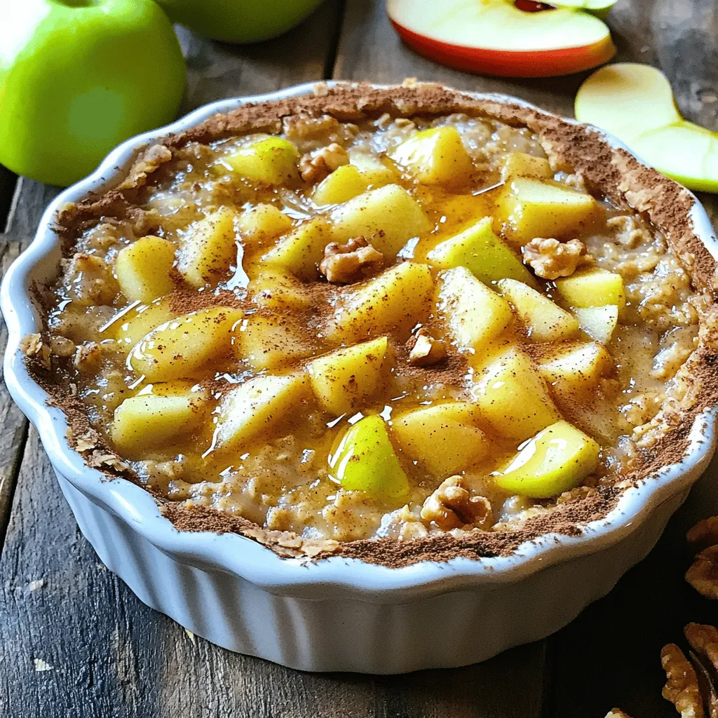 To make a delicious Apple Cinnamon Oatmeal Bake, you will need: - 2 cups rolled oats - 2 ripe apples, peeled and diced (preferably Granny Smith for tartness) - 1/2 cup brown sugar or coconut sugar - 1 teaspoon ground cinnamon - 1/2 teaspoon ground nutmeg - 1/4 teaspoon salt - 2 cups almond milk (or any milk of choice) - 1/4 cup melted coconut oil (or butter) - 2 large eggs - 1 teaspoon vanilla extract - 1/2 cup chopped walnuts or pecans (optional) Each of these ingredients plays a key role. The oats provide a hearty base, while the apples add sweetness and moisture. Cinnamon and nutmeg give warm, cozy flavors. Almond milk keeps it creamy, and eggs help bind everything together. You can customize your bake with some fun add-ins and toppings. Here are a few ideas: - 1/2 cup dried cranberries or raisins - 1/4 cup shredded coconut - A sprinkle of chia seeds or flaxseeds - A drizzle of honey or maple syrup on top - Greek yogurt for serving Feel free to mix and match these options. They can enhance flavor and add texture. This recipe serves about 6 to 8 people. Each serving is filling and packed with flavor. You can easily adjust the recipe for a larger group or a cozy family breakfast. Just remember, it tastes best warm. Serve it fresh from the oven for a true comfort dish experience. Enjoy your Apple Cinnamon Oatmeal Bake! For the full recipe, check the details above. Start by preheating your oven to 350°F (175°C). This step ensures even baking. Next, grease a 9x9 inch baking dish or line it with parchment paper for easy removal later. In a large bowl, combine 2 cups of rolled oats, 1/2 cup of brown sugar, 1 teaspoon of ground cinnamon, 1/2 teaspoon of ground nutmeg, and 1/4 teaspoon of salt. Stir these dry ingredients well. Then, peel and dice 2 ripe apples, preferably Granny Smith for a nice tartness. Add the diced apples to the dry mixture, making sure all pieces get coated. This keeps the apples from sinking during baking. In a separate bowl, whisk together 2 cups of almond milk, 1/4 cup of melted coconut oil, 2 large eggs, and 1 teaspoon of vanilla extract. Mix them until they blend well. Pour this wet mixture into the dry oat and apple blend. Stir gently until everything is evenly combined. If you want a little crunch, fold in 1/2 cup of chopped walnuts or pecans at this stage. Transfer the mixture into the prepared baking dish. Spread it out evenly with a spatula. Bake in your preheated oven for 30-35 minutes. Look for a golden brown top. To check if it’s done, insert a toothpick in the center; it should come out clean. Once baked, remove it from the oven and allow it to cool for about 10 minutes. This cooling time helps it set up nicely, making slicing easier. Enjoy this delicious Apple Cinnamon Oatmeal Bake as a warm treat! To get a great texture, start with rolled oats. They hold up well during baking. Avoid instant oats; they become mushy. You want your bake to be fluffy but firm. Mixing the oats with apples is key. Make sure the apples are evenly spread. Use ripe apples for more flavor. Granny Smith apples give a nice tartness. This helps balance the sweetness of the brown sugar. Sweetness can change based on your taste. I usually use half a cup of brown sugar. You can use coconut sugar for a different flavor. If you want it less sweet, cut the sugar to 1/3 cup. Taste the mixture before baking. Add a little more sugar if needed. You can also sweeten with honey or maple syrup later. This dish is great for breakfast or dessert. Serve it warm to enjoy its full flavors. Drizzle honey or maple syrup on top. For a creamier touch, add a dollop of Greek yogurt. You can also sprinkle more cinnamon for extra taste. Thin apple slices make a nice garnish. If you want a crunch, add nuts on top. Serve it fresh from the oven or let it cool. Enjoy it any time of day! For the full recipe, check out the details above. {{image_2}} You can easily make this dish vegan. Swap the two large eggs for flax eggs. Mix one tablespoon of flaxseed meal with three tablespoons of water. Let it sit for five minutes until it thickens. Use almond milk or oat milk in place of regular milk. For added creaminess, try coconut yogurt as a topping. This keeps the dish rich and satisfying without dairy. To make this bake gluten-free, choose gluten-free rolled oats. Many brands offer great options that taste just as good. Check the labels to ensure they are certified gluten-free. You can also use almond flour instead of regular flour if you want an added nutty flavor. This keeps the texture light while ensuring everyone can enjoy it. Adding different flavors can make this dish even better. Try mixing in dried fruits like raisins or cranberries for a sweet touch. You can also add nuts, like pecans or almonds, for crunch. For spice lovers, consider a pinch of ginger or cardamom to the mix. These small changes can create a whole new experience with each bake. After you bake the Apple Cinnamon Oatmeal Bake, let it cool. Cut it into squares and place them in an airtight container. Store the container in the fridge. This dish stays fresh for about four days. If you want it to last longer, consider freezing it. To reheat, simply take a square out of the fridge. Place it on a microwave-safe plate. Heat it in the microwave for about 30 seconds to 1 minute. If you prefer to use the oven, preheat it to 350°F (175°C). Warm the oatmeal bake for about 10 minutes. This will help keep it moist. To freeze, wrap each square tightly in plastic wrap. You can then place them in a freezer bag or container. Make sure to label it with the date. The oatmeal bake will keep well in the freezer for up to three months. When you're ready to enjoy it, thaw it overnight in the fridge. Then, reheat it as mentioned above. Enjoy your delicious homemade treat anytime! Yes, you can! Other fruits work well in this dish. You might try pears, berries, or bananas. Each fruit adds a unique flavor and texture. For example, pears provide a soft, sweet touch, while berries add tartness. Just make sure to adjust the sugar if your fruit is very sweet. This recipe is versatile, so feel free to experiment! If you need an egg substitute, there are great options. You can use flaxseed meal, applesauce, or mashed bananas. For flaxseed, mix one tablespoon with three tablespoons of water. Let it sit for a few minutes to thicken. Use 1/4 cup of applesauce or mashed banana in place of each egg. These options keep the bake moist and tasty. When stored properly, this bake can last for about five days in the fridge. Just cover it with plastic wrap or keep it in an airtight container. If you want to save it longer, you can freeze it. It stays good in the freezer for up to three months. Just thaw it in the fridge overnight before reheating. Enjoy your delicious Apple Cinnamon Oatmeal Bake anytime! This blog gave you a clear guide to making Apple Cinnamon Oatmeal Bake. We covered key ingredients, step-by-step cooking, and helpful tips. You learned about variations and how to store leftovers for later. In my view, this bake is a great mix of flavor and nutrition. Enjoy it for breakfast or a dessert. You can also adapt it to your taste. Now, gather your ingredients and start baking!
