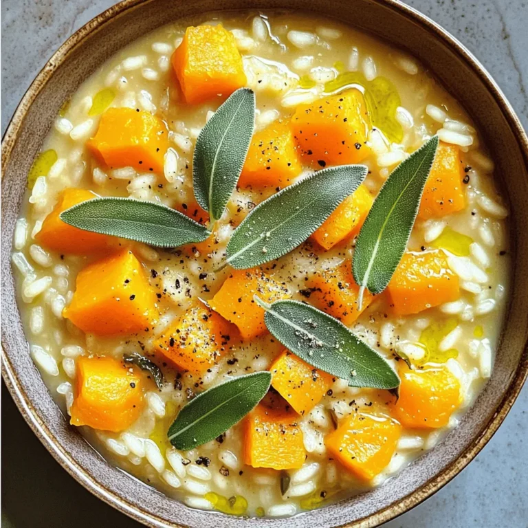 To make a flavorful butternut squash risotto, gather these key items: - 1 medium butternut squash, peeled and diced - 1 cup arborio rice - 4 cups vegetable broth - 1 small onion, finely chopped - 2 cloves garlic, minced - 3 tablespoons olive oil - 1 tablespoon fresh sage, chopped (or 1 teaspoon dried sage) - 1/2 cup grated Parmesan cheese (optional for serving) - Salt and pepper to taste - Freshly cracked black pepper for garnish If you need alternatives, here are a few ideas: - Use pumpkin or sweet potato instead of butternut squash. - Swap arborio rice for carnaroli rice for a creamier texture. - Vegetable broth can be replaced with chicken broth for non-vegetarians. - If fresh sage is unavailable, try thyme or rosemary for a different flavor. - Omit Parmesan cheese for a dairy-free version, or use nutritional yeast for a cheesy taste. To make your dish shine, consider these toppings: - Drizzle with extra virgin olive oil for richness. - Add toasted pumpkin seeds for crunch. - Top with fresh sage leaves for color and flavor. - Sprinkle with additional black pepper or chili flakes for heat. The full recipe includes everything you need to create this creamy delight, perfect for any occasion. Start by heating the vegetable broth in a medium saucepan. Bring it to a gentle simmer over low heat. Keeping the broth warm helps the rice cook evenly. You will add this broth little by little later. In a large skillet, pour in the olive oil and warm it over medium heat. Add the finely chopped onion and cook for about 3-4 minutes. You want the onion to become soft and clear. Next, toss in the minced garlic and diced butternut squash. Stir and let them cook for 5-7 minutes. The squash should start to soften, making it ready for the next step. Now, it’s time to add the arborio rice to the skillet. Stir the rice well to coat it in the oil. Toast the rice for about 2 minutes. This adds a nice flavor. Gradually, ladle in about 1 cup of the warm vegetable broth. Stir often and let the rice soak up the broth before adding more. Keep repeating this for about 20-25 minutes. The goal is creamy rice that is tender but still has a little bite. Once the rice is ready, mix in the chopped sage and season with salt and pepper. Cook for another 2-3 minutes. If you like, stir in some grated Parmesan cheese for extra creaminess. Let the risotto rest for a minute before serving. For the final touch, serve it in shallow bowls, drizzle with olive oil, and sprinkle with black pepper. For the complete recipe and detailed instructions, check out the Full Recipe. To get that rich and creamy texture, use arborio rice. This rice has high starch, which helps the risotto become soft and smooth. Stir often as you cook. This movement releases starch, giving your dish a creamy feel. Always add warm broth gradually. If you dump it all in at once, the rice won't cook evenly. Timing is key in making risotto. Start by cooking the onions and garlic until soft. This step adds flavor. After you add the butternut squash, let it cook for a bit. You want it to soften before adding the rice. When you add the rice, toast it slightly. This step helps enhance the flavor. Keep stirring and adding broth until the rice is just cooked. Using the right tools makes cooking easier. You need a large skillet to sauté the vegetables and rice. A wooden spoon works best for stirring. This spoon helps scrape the bottom and mix well. A ladle is great for adding broth slowly. Plus, have a medium saucepan for warming the broth. These tools make your cooking process smooth and fun. For the full recipe, check out the details above. Enjoy your cooking! {{image_2}} You can easily add protein to your butternut squash risotto. Chicken or shrimp works well. For chicken, cook diced pieces in the skillet before adding onion. For shrimp, add them with the broth. They will cook fast and add a nice flavor. If you want to mix it up, try different grains. Quinoa or farro can replace arborio rice. These grains give unique textures. For sauces, consider a light cream or a splash of white wine. This adds depth to the dish. You can change the vegetables based on the season. For spring, use asparagus or peas. In summer, add zucchini or bell peppers. In fall, try mushrooms or kale. Each veggie brings new flavors and colors to your risotto. Check the full recipe for detailed cooking steps. Store leftover risotto in an airtight container. Let it cool first, then seal it. Keep it in the fridge for up to three days. This helps maintain flavor and texture. To reheat risotto, use a skillet or saucepan. Add a splash of broth or water. Heat on medium-low, stirring often. This keeps it creamy. Avoid microwaving, as it can make it dry. You can freeze risotto, but it may change texture. Place it in a freezer-safe container. Leave some space for expansion. It lasts up to three months. To thaw, transfer it to the fridge overnight. Reheat as mentioned above for best results. For the complete cooking process, refer to the Full Recipe. Yes, you can make butternut squash risotto ahead of time. I find it best to cook it and then store it in the fridge. Keep it in an airtight container. When you are ready to serve, reheat the risotto gently. Add a splash of broth or water to help restore the creamy texture. This method works well and saves you time. You can serve butternut squash risotto with many tasty options. Some great choices include: - Grilled chicken or turkey - Roasted vegetables - A fresh green salad - Garlic bread - Sauteed greens, like spinach or kale These sides add balance and make the meal more filling. I love pairing the risotto with a crisp salad for a refreshing contrast. To make risotto vegan, you can follow these simple steps: - Use vegetable broth instead of chicken broth. - Omit the Parmesan cheese or replace it with a vegan cheese alternative. - Add extra nutritional yeast for a cheesy flavor without dairy. - Consider adding plant-based protein like chickpeas or lentils for added nutrition. These changes keep your dish creamy and delicious while aligning with a vegan diet. Experiment with different herbs and spices to enhance flavor. This blog post covered essential ingredients and how to prepare a tasty risotto. You learned about substitutions and possible toppings to customize your dish. I shared step-by-step instructions for making the perfect broth and risotto. Remember the tips for that creamy texture and efficient timing. You can explore variations with proteins, grains, and seasonal veggies. For leftovers, proper storage and reheating techniques are key. Enjoy your cooking and make this dish your own!