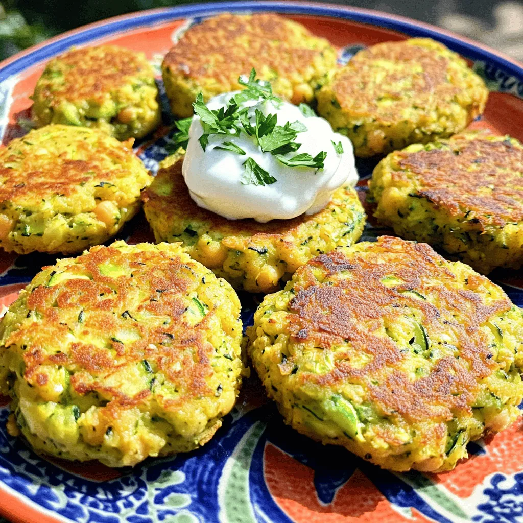 To make Zucchini Chickpea Patties, gather these key ingredients: - 2 medium zucchinis, grated - 1 can (15 oz) chickpeas, drained and rinsed - 1/2 cup breadcrumbs (or gluten-free alternative) - 1/4 cup grated Parmesan cheese (or nutritional yeast for a vegan option) - 1/4 cup fresh parsley, chopped - 2 green onions, sliced - 2 cloves garlic, minced - 1 teaspoon ground cumin - 1 teaspoon smoked paprika - Salt and pepper to taste - 1 large egg (or a flax egg for a vegan option) - Olive oil for frying Having fresh, quality ingredients makes a big difference. The zucchinis add moisture, while chickpeas give protein. You can swap breadcrumbs with gluten-free ones if needed. For vegan diets, use nutritional yeast and a flax egg. Variations can keep this meal exciting. Try adding spices like chili powder for heat or fresh herbs like dill or cilantro for extra flavor. You can also play with cheese types or skip it altogether. This flexibility helps you create your perfect patty. For the full recipe, refer to the earlier section. Enjoy the cooking process! 1. Grate zucchini and remove moisture Start by grating the zucchinis. Use a box grater or a food processor. After grating, place the zucchini in a clean kitchen towel. Squeeze out as much moisture as you can. This helps keep the patties from being soggy. 2. Mash chickpeas and mix with other ingredients Open a can of chickpeas. Drain and rinse them well. Use a fork or a potato masher to mash them in a large bowl. Aim for a coarsely blended texture. You still want some chunks for good flavor. Next, add the grated zucchini, breadcrumbs, Parmesan cheese, parsley, green onions, minced garlic, cumin, smoked paprika, salt, and pepper. Mix everything until it’s well combined. 3. Form and cook the patties Beat one large egg in a small bowl. If you prefer a vegan option, mix 1 tablespoon of ground flaxseed with 2.5 tablespoons of water and let it sit for five minutes. Add the egg or flax egg to the mixture and stir well. Now, form the mixture into patties about 2-3 inches in diameter. You should yield around 8-10 patties depending on size. 4. Cooking tips for perfect patties Heat olive oil in a skillet over medium heat. Once hot, add the patties. If your skillet is small, cook in batches. Fry each patty for about 4-5 minutes on each side. You want them to be golden brown and crispy. After cooking, place the patties on a plate lined with paper towels. This will help drain any excess oil. For the full recipe, check out the detailed instructions above! To make great zucchini chickpea patties, moisture control is key. Start by grating the zucchinis and put them in a clean kitchen towel. Squeeze out the moisture. This step helps keep the patties from being soggy. If you want a vegan option, use a flax egg. Mix 1 tablespoon of ground flaxseed with 2.5 tablespoons of water. Let it sit for five minutes until it thickens. This will bind the ingredients well. Frying techniques matter too. Heat olive oil in a skillet over medium heat. When the oil is hot, add the patties carefully. Cook for about four to five minutes on each side. They should look golden brown and crispy. This method ensures a nice texture and flavor. Use these tips to make Zesty Zucchini Chickpea Patties that everyone will love. For the full recipe, be sure to check out the complete instructions. {{image_2}} You can easily change the taste of your zucchini chickpea patties. Adding spices or herbs gives them a fresh twist. Try adding a pinch of cayenne for heat or fresh basil for a sweet flavor. You can also mix in Italian seasoning or herbs de Provence for a fragrant touch. If you need a gluten-free option, use almond flour or crushed oats instead of breadcrumbs. These alternatives work great and keep the patties firm. They taste just as good and add a nutty flavor. For extra creaminess, consider using vegan cheese substitutes. Nutritional yeast adds a cheesy flavor without dairy. You can also try vegan cream cheese for a richer taste. These small changes can make your patties unique and delicious. Explore these variations to find your favorite. Each option adds its own charm to the dish. For the full recipe, check out the complete instructions above. To keep your zucchini chickpea patties fresh, refrigerate them within two hours of cooking. Place them in an airtight container. They will stay good for up to three days in the fridge. If you want to store them for a longer time, freezing is the way to go. First, let the patties cool completely. Then, layer them between parchment paper in a freezer-safe bag. They can last for up to three months in the freezer. When you are ready to eat them again, reheating is simple. For the best texture, heat a skillet over medium heat. Add a little olive oil and place the patties in the pan. Cook them for about 4-5 minutes on each side until they are warm and crispy again. You can also use an oven. Preheat it to 375°F (190°C) and bake for about 10-15 minutes. This method helps keep the outside nice and crunchy. With these storage tips, your zucchini chickpea patties will stay tasty and ready for your next meal! Can I make these patties ahead of time? Yes, you can make these patties ahead of time. Form the patties and store them in the fridge for up to 24 hours. This saves time when you're ready to cook. You can also freeze them. Just make sure to place parchment paper between each patty before freezing. This way, they won't stick together. What can I substitute for chickpeas? If you don’t have chickpeas, you can use black beans or white beans. Mash them the same way you do with chickpeas. Each option brings a different flavor and texture, but all work well in this recipe. How do I know when they are cooked? You can tell the patties are cooked when they turn golden brown on the outside. They should feel firm to the touch. If they are crispy and browned on both sides, they are ready to enjoy! Can I bake these instead of frying? Yes, you can bake these patties for a healthier option. Preheat your oven to 400°F (200°C). Place the patties on a baking sheet lined with parchment paper. Bake for about 20-25 minutes, flipping halfway through. They will be less crispy but still tasty. This way, you can enjoy Zucchini Chickpea Patties with less oil. For the full recipe, check the earlier section! In this blog post, we explored how to make delicious zucchini chickpea patties. You learned the key ingredients, step-by-step instructions, and helpful tips. I shared flavor variations, storage methods, and answers to common questions. These patties are simple to prepare and very tasty. Mix and match ingredients to suit your taste. Enjoy these healthy treats anytime!
