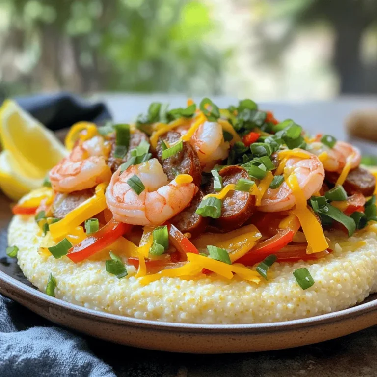 To make this savory dish, you will need: - 1 cup grits (stone-ground preferred) - 4 cups water or chicken broth - 1 pound shrimp, peeled and deveined - 1/2 pound Andouille sausage, sliced - 1 tablespoon olive oil - 1 tablespoon butter - 1 bell pepper (red or green), diced - 1 small onion, diced - 2 garlic cloves, minced - 1 teaspoon smoked paprika - 1/2 teaspoon cayenne pepper (adjust for spice preference) - Salt and black pepper to taste - 1 cup shredded sharp cheddar cheese - 1/4 cup chopped green onions for garnish - Lemon wedges for serving You will need a few key tools to create this dish: - Medium saucepan for the grits - Large skillet for the sausage and shrimp - Whisk for stirring the grits - Knife and cutting board for dicing vegetables - Measuring cups and spoons These tools make the cooking process smooth and easy. This dish serves four people. Each serving has: - Calories: 480 - Protein: 30g - Carbohydrates: 45g - Fat: 20g - Fiber: 2g - Sodium: 800mg Shrimp and grits offer a tasty balance of protein, carbs, and fats. This meal provides energy and satisfaction. For more detailed steps, check out the Full Recipe. Start by boiling water or chicken broth in a medium saucepan. Once it boils, slowly whisk in the grits. Be careful to avoid lumps. Reduce the heat to low and let them simmer for about 20-25 minutes. Stir them often to keep them from sticking. When thick, add cheese, butter, salt, and black pepper. Mix well and keep warm for later. Heat olive oil in a large skillet over medium heat. Add the sliced Andouille sausage and let it cook until it turns brown, which takes about 5-7 minutes. Once cooked, remove the sausage from the skillet and set it aside. This step adds a rich flavor to the dish. In the same skillet, toss in the diced onion, bell pepper, and minced garlic. Sauté these for about 5 minutes. You want them to soften and smell great. This mix will add depth to your dish. Next, push the veggies to one side of the skillet. Add the shrimp to the empty space. Sprinkle smoked paprika, cayenne pepper, salt, and black pepper over the shrimp. Cook for about 3-4 minutes. The shrimp should turn pink and opaque. Stir everything together to mix the flavors well. Now it's time to serve! Spoon the creamy cheese grits onto a plate. Top it generously with the shrimp and sausage mix. Finish by garnishing with chopped green onions. Serve with lemon wedges on the side for a fresh burst of flavor. Enjoy your Shrimp and Grits Delight, made using the Full Recipe! To make great grits, use stone-ground grits. They taste better and give a creamy texture. Always bring your water or broth to a boil before adding the grits. This step helps them cook evenly. Stir them well to avoid lumps. Keep the heat low and stir often. This keeps them from sticking. Cook until thick, about 20-25 minutes. Don’t forget to add cheese and butter for extra flavor! Shrimp cook fast. They only need about 3-4 minutes in the pan. Watch them closely. When they turn pink and opaque, they are done. Overcooking makes shrimp tough. To test, cut one open. It should be white inside. Always buy fresh, high-quality shrimp. This makes a big difference in taste. To boost flavors, use smoked paprika and cayenne pepper. They add depth and a bit of heat. If you like it spicy, adjust the cayenne to your taste. Fresh herbs also brighten the dish. Chopped green onions give a fresh crunch. A squeeze of lemon right before serving adds a zesty touch. Experiment with these tips to find your perfect balance. For the complete recipe, check the Full Recipe section. {{image_2}} You can change the shrimp to other proteins. Chicken or fish works well. For chicken, use boneless thighs. Cut them into small pieces. Cook them until golden brown. For fish, try salmon or tilapia. Cook it gently to keep it flaky. Each option brings a new taste to the dish. For a vegetarian twist, skip the shrimp and sausage. Use mushrooms or firm tofu instead. Sauté them until golden. Add extra veggies like spinach or zucchini for flavor. You can also use vegetable broth for the grits. This will keep it rich and tasty without meat. You can play with flavors in this dish. Add herbs like thyme or basil for a fresh taste. For a kick, use jalapeños or chipotle peppers. They add heat and a smoky flavor. You may also swap the cheese for a different kind. Try pepper jack for spice or feta for a tangy twist. Each change gives a new spin to this classic recipe. For more details on the recipe, check the Full Recipe. To keep your shrimp and grits fresh, store leftovers in an airtight container. Let the dish cool to room temperature before sealing it. Store it in the fridge for up to three days. Keep in mind that the grits may thicken as they cool. Reheat your shrimp and grits on the stove for best results. Add a splash of water or broth to the grits to restore creaminess. Heat over low heat, stirring until warm. For quick reheating, use the microwave. Place in a microwave-safe bowl, cover, and heat in 30-second intervals, stirring in between. You can freeze shrimp and grits but do it carefully. Place the cooled dish in a freezer-safe container. It will keep well for up to two months. When ready to eat, thaw overnight in the fridge. Reheat as mentioned above. Note that the texture may change slightly after freezing. For a full recipe, check out the details above. Yes, you can make shrimp and grits ahead of time. Cook the grits and shrimp separately. Store each in airtight containers. When ready to serve, reheat both in a pot over low heat. Stir occasionally to make them creamy again. If you can't find Andouille sausage, try using chorizo or kielbasa. Both have great flavor. You can also use turkey sausage for a lighter option. Just make sure to cook it well for the best taste. To add spice, use more cayenne pepper in the dish. You can also add hot sauce when cooking. Another option is to include diced jalapeños for a fresh kick. Adjust to your heat level for the perfect bite. For a great meal, pair shrimp and grits with a light salad. A green salad with lemon vinaigrette works well. You can also serve it with crusty bread and a glass of white wine. Enjoy the flavors together for a lovely dining experience. [Full Recipe] Shrimp and grits is a classic dish with deep roots in Southern cooking. The mix of shrimp and Andouille sausage brings bold flavors. This dish can be a meal for special occasions or everyday dinners. - 1 cup grits (stone-ground preferred) - 4 cups water or chicken broth - 1 pound shrimp, peeled and deveined - 1/2 pound Andouille sausage, sliced - 1 tablespoon olive oil - 1 tablespoon butter - 1 bell pepper (red or green), diced - 1 small onion, diced - 2 garlic cloves, minced - 1 teaspoon smoked paprika - 1/2 teaspoon cayenne pepper (adjust for spice preference) - Salt and black pepper to taste - 1 cup shredded sharp cheddar cheese - 1/4 cup chopped green onions for garnish - Lemon wedges for serving Use these tools for the best results: - Medium saucepan for grits - Large skillet for cooking - Whisk for mixing the grits - Cutting board and knife for chopping This dish offers a good balance of protein and carbs. Shrimp is low in fat and high in protein. Grits provide energy and fiber. The Andouille sausage adds flavor but also fat and calories. Enjoy it in moderation! Follow the steps in the Full Recipe to create a delicious meal. This guide offers clear instructions and tips. In this dish, cooking the grits well is key. Use stone-ground grits for the best texture. Cook them slowly to make them creamy. This patience pays off! When cooking the sausage, watch for a nice brown color. This adds flavor to the dish. Cook the shrimp until they are just pink. Overcooked shrimp become tough. I love to add diced vegetables. They give more flavor and color. Use fresh garlic for a strong taste. The smoked paprika and cayenne pepper bring warmth and depth. Garnishing with green onions adds a pop of color. Squeeze lemon on top before eating for a bright taste. Enjoy this dish with friends or family for an unforgettable meal. In this post, we explored how to make a delicious shrimp and grits dish. We covered key ingredients, cooking steps, and helpful tips. You learned about variations and how to store leftovers effectively. By following this guide, you can create a flavorful meal your friends and family will love. Remember, feel free to adjust ingredients to match your taste. Enjoy your cooking adventure!