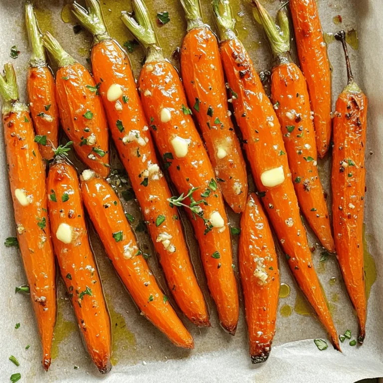 - Baby carrots or regular carrots - Unsalted butter - Garlic The main ingredients for garlic butter roasted carrots are simple yet flavorful. Baby carrots or regular carrots work well. If you use regular carrots, just peel and cut them into sticks. Next, you need unsalted butter to create that rich, buttery flavor. The garlic is what adds a punch of taste that makes this dish shine. - Fresh thyme - Honey (optional) - Salt and pepper For seasoning, fresh thyme adds an aromatic touch. You can also use honey if you want a hint of sweetness. Don’t forget salt and pepper to enhance all the flavors. These seasonings bring the whole dish together and elevate the carrots. - Fresh parsley When you serve garlic butter roasted carrots, sprinkle fresh parsley on top. It gives a bright color and fresh taste. This simple garnish makes the dish look pretty and adds a nice touch. For the full recipe, check out the detailed steps and cooking instructions. - Preheat your oven to 425°F (220°C). This high heat helps the carrots caramelize. - In a large mixing bowl, combine 4 tablespoons of melted unsalted butter and 4 minced garlic cloves. Add 1 teaspoon of fresh thyme leaves, 1 teaspoon of honey if you want sweetness, and salt and pepper to taste. Whisk until everything mixes well. - Add 1 pound of baby carrots to the garlic butter mixture. Toss them well so every carrot gets coated. You can also use regular carrots, just peel and cut them into sticks. - Spread the carrots in a single layer on a baking sheet lined with parchment paper. This makes for easy cleanup and helps them roast evenly. - Roast the carrots for about 25-30 minutes. Toss them halfway through to ensure even cooking. - After 25 minutes, check if the carrots are tender. They should be soft but still hold their shape. Taste and adjust seasoning if needed. If you want, garnish with chopped fresh parsley for color and freshness. This simple method gives you a tasty dish. For the full recipe, be sure to check the details above! When picking carrots, I prefer baby carrots for their sweetness and ease. They roast quickly and need little prep. If you choose regular carrots, look for firm, bright ones. Peel them and cut them into sticks about the same size. This helps them cook evenly. To make your carrots pop, try adding citrus zest. A little lemon or orange zest gives a fresh note. You can also use herbs like rosemary or dill. These herbs bring new flavors to the dish. Don't shy away from spices like paprika or cumin either. They can really elevate the taste. One big mistake is overcrowding the baking sheet. When carrots are too close, they steam instead of roast. This keeps them from getting crispy. Make sure to spread them out in a single layer. Also, remember to toss them halfway through cooking. This helps them brown evenly. {{image_2}} You can switch butter for olive oil. This keeps the dish light and healthy. Olive oil adds a nice flavor too. You can also try using herbs like rosemary or dill. Both add unique tastes that change the dish. Just chop them finely and mix. Don’t be afraid to experiment! Garlic butter roasted carrots pair well with many proteins. Serve them with chicken, fish, or steak for a tasty meal. You can also chop them and add them to salads or grain bowls. This makes your meal colorful and adds great flavor. They fit perfectly in a veggie bowl with quinoa or rice. Adjust your roasted carrots for different holidays. In fall, add spices like cinnamon for a cozy feel. For spring, pair them with fresh peas or radishes. You can also use seasonal vegetables along with carrots. Try beets or sweet potatoes for extra color and taste. Mixing veggies keeps your meals exciting and fresh! After you enjoy your garlic butter roasted carrots, store any leftovers in the fridge. Place them in an airtight container to keep them fresh. They will last for about 3 to 5 days in the fridge. Make sure to let them cool down before sealing the container. This helps prevent moisture buildup. When you're ready to eat the leftovers, reheating them is simple. The best way is to use the oven. Preheat your oven to 350°F (175°C). Spread the carrots on a baking sheet and heat for about 10 to 15 minutes. This method keeps the flavor and texture just right. You can also use a microwave if you're in a hurry. Just heat them in short bursts, stirring in between to avoid sogginess. If you want to save garlic butter roasted carrots for another time, freezing is a great option. First, let the cooked carrots cool completely. Then, place them in a freezer-safe bag or container. Squeeze out as much air as possible before sealing. They can be frozen for up to 3 months. When you want to use them, thaw the carrots in the fridge overnight. To reheat, use the oven for best results. This keeps them tasty and looking great. Yes, you can prepare garlic butter roasted carrots ahead of time. To do this, follow these tips: - Prep the carrots: Cut them and toss with the garlic butter mix. - Store: Place them in an airtight container. - Chill: Keep them in the fridge for up to 24 hours. - Roast later: When ready, simply roast them as directed in the Full Recipe. This way, you save time on busy days. Garlic butter roasted carrots pair well with many dishes. Here are some tasty ideas: - Grilled chicken: The flavors balance nicely. - Steak: Roasted carrots add a sweet touch to rich meat. - Fish: They complement the lightness of fish dishes. - Quinoa or rice: They make for a hearty grain side. These pairings make for a well-rounded meal. To make garlic butter roasted carrots vegan, swap out the butter. Here’s how: - Use olive oil: It gives a nice flavor and is plant-based. - Add vegan butter: This keeps the taste close to the original. These simple changes keep your dish tasty and plant-friendly. For the best roasting results, cut carrots into uniform pieces. Here’s how: - Baby carrots: Leave them whole for easy prep. - Regular carrots: Cut them into sticks about 1-inch long. - Uniform size: This helps them cook evenly. Cutting them well ensures each bite is tender and flavorful. In this blog post, I shared how to make delicious garlic butter roasted carrots. We covered the simple ingredients, from baby carrots to unsalted butter. You learned step-by-step instructions to prepare and roast them just right. I also shared tips for enhancing flavor and avoiding common mistakes. In conclusion, roasting carrots is easy and tasty. You can personalize your dish with different herbs or serve it in many ways. Enjoy your cooking and have fun experimenting!
