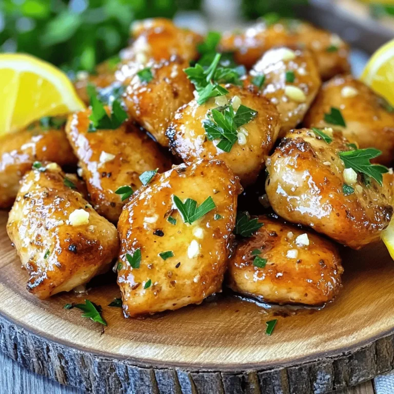 To make Garlic Butter Chicken Bites, you will need a few simple ingredients. Each one plays a key role in creating that rich, savory flavor. Here’s what you need: - 1 lb (450g) boneless chicken breast, cut into bite-sized pieces - 4 tablespoons unsalted butter - 4 cloves garlic, minced - 1 teaspoon dried oregano - 1 teaspoon dried thyme - 1 tablespoon fresh parsley, chopped (for garnish) - Salt and pepper to taste - Lemon wedges (for serving) These ingredients work together to create a dish that is both comforting and delicious. The chicken becomes tender and flavorful, thanks to the garlic and herbs. Butter adds a rich mouthfeel, making each bite irresistible. You can find the [Full Recipe] to guide you through the cooking process. Enjoy crafting this savory dish! Start by trimming any fat from the chicken breast. This step keeps the chicken lean and tasty. Cut the chicken into bite-sized pieces. Make sure they are even for quick cooking. Season the chicken with salt and pepper. This simple step adds a lot of flavor. In a large skillet, melt 2 tablespoons of butter over medium heat. Wait until the butter starts to bubble. Add the chicken pieces in a single layer. Let them cook for 5-7 minutes. Stir occasionally to cook them evenly. Look for a golden brown color. This means they are ready. Make sure the chicken is cooked through. The inside should no longer be pink. Now, it’s time to sauté the garlic. In the same skillet, add the remaining 2 tablespoons of butter. Once melted, add 4 minced garlic cloves. Sauté the garlic for about 1 minute. Watch closely so it doesn’t burn. Burned garlic tastes bitter. Next, return the chicken to the skillet. Add the dried oregano and thyme. Toss everything together well. Ensure each piece of chicken gets coated in that tasty garlic butter. Cook everything for another 1-2 minutes. This helps all the flavors meld together nicely. Finally, remove the skillet from heat. Garnish with fresh chopped parsley. This adds a bright touch. Serve with lemon wedges on the side. The lemon adds a zesty kick that brightens the dish. For the full recipe, check out the link provided. To avoid dry chicken, start by cutting the chicken breast into bite-sized pieces. This helps it cook evenly and stay juicy. Season the pieces with salt and pepper right before cooking. Use a large skillet for the best results. A non-stick skillet works well, allowing the chicken to brown without sticking. For extra flavor, consider adding spices like paprika or cayenne pepper. You can also try adding a pinch of smoked salt for a unique taste. To add a tangy twist, squeeze fresh lemon juice over the finished dish. This brightens the flavors and makes the meal more vibrant. For an impressive presentation, serve the garlic butter chicken bites on a large, colorful platter. Drizzle any leftover garlic butter over the chicken for added flavor. Garnish with extra parsley for a pop of color. Pair these bites with sides like rice or a fresh salad. You can also serve them with dipping sauces like ranch or a spicy aioli for extra fun. For the full recipe, check out the link. {{image_2}} You can change the protein in this dish easily. Try shrimp or even tofu. Both options work great with garlic and butter. For the butter, you can use infused flavors. Lemon or herb butter adds a nice twist. You can also use olive oil for a lighter option. If you need a gluten-free version, use gluten-free soy sauce instead of regular soy sauce. This keeps the taste while ensuring it fits your diet. For a dairy-free option, swap the butter for a dairy-free spread. This keeps the dish creamy without the dairy. You can make this dish a pasta meal. Just toss cooked pasta with the chicken and sauce. It’s a quick and fun way to enjoy it. You can also use the chicken bites in wraps. Add fresh veggies and your favorite sauce for a tasty sandwich. For the full recipe, check out the detailed steps above. To keep your garlic butter chicken bites fresh, store them in an airtight container. Place them in the fridge if you plan to eat them within three days. This helps keep the flavors intact. If you want to keep them longer, freezing is a great option. For freezing, let the chicken cool completely. Then, place it in a freezer-safe bag or container. Try to remove as much air as possible. This prevents freezer burn and keeps the chicken tasty. You can freeze these bites for up to three months. When it’s time to enjoy your leftovers, reheating properly is key. The best method is to use the stovetop. Heat a non-stick skillet over medium heat. Add a little butter, then place the chicken in the pan. Stir gently to warm it up without drying it out. If you prefer the microwave, use a microwave-safe dish. Add a splash of water to keep moisture. Cover it with a damp paper towel. Heat for 1-2 minutes, checking frequently to avoid overheating. Remember, you want to keep that delicious flavor and texture! Garlic butter chicken bites last about 3-4 days in the fridge. Store them in an airtight container. You can also freeze them for up to 3 months. Make sure to cool them completely before freezing. When ready to eat, just thaw overnight in the fridge. Yes, you can use frozen chicken. Just thaw it first before cooking. You can use the fridge for a slow thaw, which is best for flavor. If you need it fast, use the microwave's defrost setting. Always ensure the chicken is fully cooked. Garlic butter chicken bites pair well with many sides. Try serving them with rice or pasta. A fresh salad adds a nice crunch. Roasted veggies also complement the dish. For a fun twist, serve them in wraps or on skewers. You can even drizzle some extra garlic butter on top! This article walked through the key steps to make garlic butter chicken. We covered ingredients like chicken, butter, and garlic. You learned preparation, cooking techniques, and the best tips for flavor. Variations included swaps for proteins and dietary needs. Storing and reheating leftovers ensures nothing goes to waste. In the kitchen, these skills build your confidence. Simple choices can elevate your meals. Enjoy cooking and share your tasty creations!