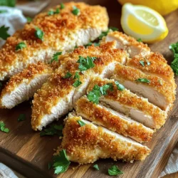 - 4 boneless, skinless chicken breasts - 1 cup grated Parmesan cheese - 1 cup panko breadcrumbs - 1 teaspoon garlic powder - 1 teaspoon onion powder - 1 teaspoon Italian seasoning - Salt and pepper to taste - 2 large eggs - 1/4 cup all-purpose flour - Olive oil spray For this baked Parmesan crusted chicken recipe, you need fresh, high-quality ingredients. The chicken breasts serve as a great base. They stay juicy and tender while baking. The grated Parmesan cheese brings a lovely, rich flavor. It adds that cheesy goodness we all love. Panko breadcrumbs provide the crunch that makes every bite exciting. You will also need some seasonings. Garlic powder, onion powder, and Italian seasoning add depth to the taste. Don’t forget salt and pepper! They help bring out all the flavors in the dish. You will need eggs and flour for the coating. The eggs help the crumbs stick to the chicken. The flour creates a thin layer that keeps everything together. Finally, a light spray of olive oil helps achieve that golden, crispy finish. For the full recipe, check the details above. Enjoy cooking! To start, preheat your oven to 400°F (200°C). This heat will help create a crispy outside. Next, line a baking sheet with parchment paper. This makes cleanup easy and prevents sticking. Now, set up your breading station. You will need three shallow bowls. In the first bowl, add 1/4 cup of all-purpose flour, seasoned with salt and pepper. In the second bowl, beat two large eggs. In the third bowl, mix one cup of grated Parmesan cheese, one cup of panko breadcrumbs, chopped parsley, garlic powder, onion powder, Italian seasoning, and more salt and pepper. Now it’s time to coat the chicken. Take each boneless, skinless chicken breast and dip it in the flour first. Shake off any extra flour. Next, dip it into the beaten eggs, letting any excess egg drip off. Finally, coat the chicken with the Parmesan and breadcrumb mixture. Press gently to help it stick well. Once coated, place the chicken breasts on the prepared baking sheet. Lightly spray the tops with olive oil spray to help them crisp up. Bake in your preheated oven for about 25-30 minutes. The chicken is done when it turns golden brown and reaches an internal temperature of 165°F (75°C). Let it rest for a few minutes before slicing. This keeps the chicken juicy and tasty. For the full recipe, check out the detailed instructions. Enjoy creating this crispy delight! To get that perfect crispy crust, use panko breadcrumbs. Panko is lighter and airier than regular breadcrumbs. This means more crunch when baked. To make sure the coating sticks, follow these steps: 1. Dry the Chicken: Pat the chicken breasts dry with paper towels. This helps the coating stick well. 2. Coat in Flour First: Dip each chicken piece in flour before the egg wash. This helps create a base for the crumbs. 3. Press Down: When you coat the chicken in the Parmesan breadcrumb mix, press down gently. This helps the crumbs stick better. The best internal temperature for chicken is 165°F (75°C). Use a meat thermometer to check this. If you do not have one, slice into the chicken. The juices should run clear, not pink. After baking, let the chicken rest for a few minutes. This keeps it juicy and flavorful. For a beautiful presentation, serve the chicken on a wooden cutting board. Slice it into strips for easy serving. Garnish with fresh parsley for color. A lemon wedge adds a fresh touch. This makes your dish look more appealing and ready to enjoy. For more details, check the Full Recipe. {{image_2}} You can easily switch up the cheese in your dish. Romano or Asiago gives a good twist. These cheeses add a unique flavor that enhances the chicken. If you need a gluten-free option for breadcrumbs, try crushed rice or cornflakes. They work great and still provide a lovely crunch. Want to jazz up your chicken? Add fresh herbs like thyme or rosemary to the breadcrumb mix. These herbs add depth and aroma. For a spicy kick, toss in some chili flakes. This will make your dish exciting and flavorful. When it comes to side dishes, you have many choices. Pair your chicken with roasted veggies or a fresh salad. You can also serve it with sauces or dips. A tangy lemon sauce or creamy ranch dip works well. This adds extra taste and makes the meal fun. For the full recipe, check out the detailed instructions and tips above! To keep your baked Parmesan crusted chicken fresh, place it in an airtight container. You can refrigerate it for up to three days. If you want to store it longer, you can freeze it. Wrap each piece in plastic wrap, then put them in a freezer bag. This helps prevent freezer burn. When you reheat the chicken, you want to keep it crispy. The best way to do this is in an oven. Preheat your oven to 375°F (190°C). Place the chicken on a baking sheet lined with foil. Heat for about 15-20 minutes. This keeps the crust crunchy and the inside juicy. Avoid using the microwave as it can make the chicken soggy. In the fridge, your baked Parmesan crusted chicken lasts about three days. If you freeze it, it can last up to three months. Just remember, the longer you store it, the more the flavor may change. Enjoy your delicious chicken within that time for the best taste! Yes, you can use chicken thighs. They are darker meat and can be juicier. However, chicken thighs cook a bit longer than breasts. Aim for an internal temperature of 175°F (80°C) for thighs. You might need to adjust your baking time by about 5 to 10 minutes. The texture will be softer, and the flavor is richer. To enhance the crust's crispiness, consider these tips: - Use panko breadcrumbs instead of regular ones. They add extra crunch. - Add more Parmesan cheese to the breadcrumb mixture for a cheesy kick. - Lightly spray the chicken with olive oil before baking. This helps it brown better. - Try broiling the chicken for a few minutes at the end. Just watch it closely to avoid burning. Yes, you can prep this dish ahead of time. Here’s how: - Coat the chicken as directed in the recipe. - Place the coated chicken on a baking sheet and cover it with plastic wrap. - Store it in the fridge overnight. - When ready, bake it straight from the fridge. Just add a few extra minutes to the baking time. This way, you have a tasty meal ready to go! For the full recipe, check out the details above. This blog post covered how to make a tasty chicken dish. You learned about key ingredients, including chicken, Parmesan, and panko breadcrumbs. I shared the steps for preparation, coating, and baking. We also discussed tips for a crispy crust and variations to keep it exciting. With these ideas, you can impress your friends and family. Enjoy experimenting with flavors and styles in your kitchen. Happy cooking!