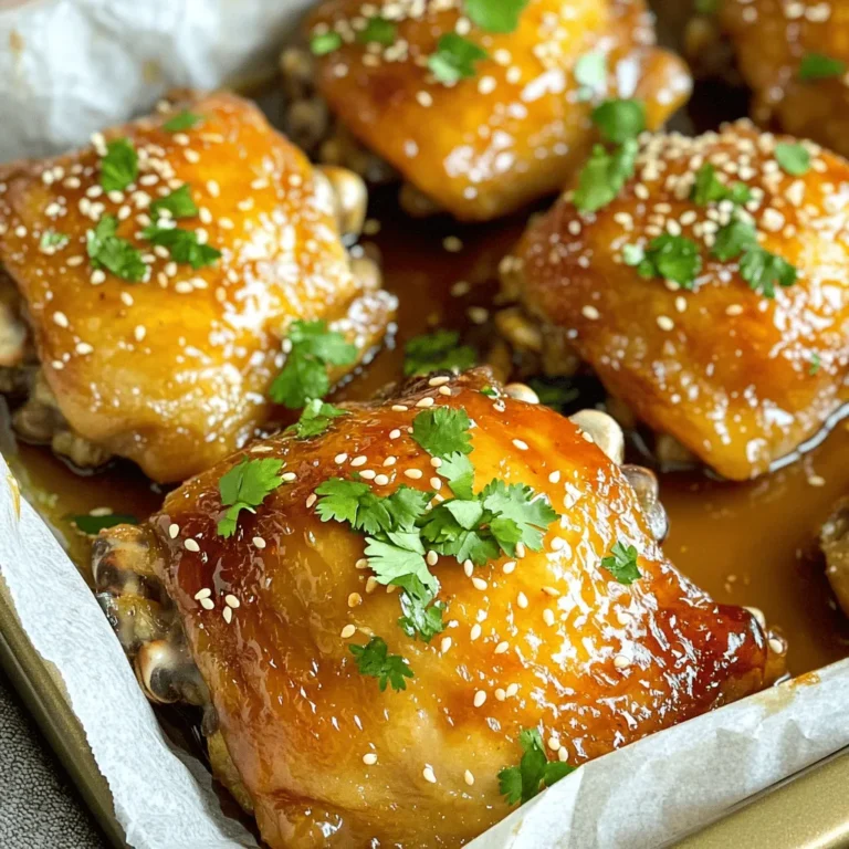 For this tasty dish, gather these key items: - 4 bone-in, skin-on chicken thighs - 1/4 cup honey - 3 tablespoons soy sauce (low sodium) - 3 cloves garlic, minced - 1 tablespoon fresh ginger, grated - 2 tablespoons apple cider vinegar - 1 tablespoon sesame oil - Salt and pepper to taste - Fresh cilantro, chopped (for garnish) - Sesame seeds (for garnish) These ingredients work together to create a sweet and savory flavor. The honey and garlic give a lovely glaze to the chicken, making it sticky and delicious. You can add more depth to your dish with these extras: - Red pepper flakes for heat - Green onions for a fresh crunch - Lime juice for brightness These options help you customize the dish. Feel free to mix and match based on your taste! If you don’t have an ingredient, don’t worry! Here are some swaps: - Use maple syrup instead of honey for a different sweetness. - Swap apple cider vinegar with rice vinegar if that’s what you have. - Try olive oil instead of sesame oil for a milder flavor. These substitutions keep the dish simple and flexible. You can still enjoy tasty honey garlic chicken thighs even with changes! For the full recipe, check out the details above. To start, gather your ingredients for the marinade. You will need honey, soy sauce, garlic, ginger, apple cider vinegar, sesame oil, salt, and pepper. In a mixing bowl, whisk together these ingredients. This blend creates a sweet and savory mix. The garlic and ginger add a nice kick. Make sure everything is well combined. You want a smooth marinade for the chicken. Next, take your chicken thighs. Place them in a resealable bag or a shallow dish. Pour the marinade over the chicken. Ensure each thigh is coated well. Seal the bag or cover the dish tightly. Now, refrigerate the chicken for at least one hour. If you have more time, let it marinate overnight. This helps the flavors soak in deeply. Preheat your oven to 400°F (200°C). While it heats, line a baking dish with parchment paper. This makes cleanup easier. Remove the chicken from the marinade, but save the marinade for later. Place the chicken thighs skin-side up in the baking dish. Bake the chicken for about 25 to 30 minutes. You want the skin to turn golden brown. Also, check that the internal temperature reaches 165°F (74°C). While the chicken bakes, pour the reserved marinade into a small saucepan. Bring it to a boil over medium heat. Reduce the heat and let it simmer for 5 to 7 minutes until it thickens. Once the chicken is done, brush this thickened sauce over the thighs. Return them to the oven for another 5 to 10 minutes. This caramelizes the sauce and adds a nice glaze. After baking, let the chicken rest for a few minutes. Garnish with chopped cilantro and sesame seeds before serving. Enjoy your sticky honey garlic chicken thighs! You can find the full recipe for more details. Cooking chicken thighs well brings out their rich taste. You can bake, grill, or pan-sear them. Baking is easy and lets the flavors bloom. Grilling gives a nice char and smoky taste. Pan-searing is quick and makes the skin crispy. For this recipe, baking is ideal to keep the meat juicy. Crispy skin is a must for chicken thighs. Start with dry skin; pat it with paper towels. This helps the skin crisp up. Use high heat when baking, around 400°F (200°C). The hot air makes the skin golden and crunchy. Brush on some marinade before the final bake for extra flavor and color. Honey garlic chicken thighs shine on their own but pair nicely with sides. Try serving them with steamed rice or quinoa. Roasted veggies like broccoli or carrots add color and nutrition. A fresh salad can balance the sweet sauce. For a fun twist, serve with warm naan or rice paper wraps. Check out the Full Recipe for more ideas! {{image_2}} Honey garlic chicken thighs are fun to tweak. Here are some tasty ideas. You can add veggies for a one-pan meal. Try bell peppers, broccoli, or carrots. Chop them into bite-sized pieces. Toss them in with the chicken thighs during the last 20 minutes of baking. They soak up the tasty sauce. This makes a colorful and healthy dish. Plus, it saves you from washing extra pots. Want some heat? Add chili flakes or sriracha to the marinade. Start with a teaspoon. Taste it and adjust as needed. This adds a nice kick without losing the sweet flavor. You can even add jalapeños for a fresh touch. It’s great for those who love spicy food. Grilling adds a smoky flavor to the chicken. Marinate the chicken as usual. Preheat your grill to medium-high heat. Cook the chicken for about 5-7 minutes on each side. Brush with the thickened marinade during the last few minutes. It gives a nice glaze. Oven-baking keeps the chicken juicy and tender. Both methods are delicious, so choose your favorite! These variations keep the dish fresh and exciting. You can find the full recipe above to get started. After enjoying your honey garlic chicken thighs, store any leftovers properly. Let the chicken cool to room temperature. Place the thighs in an airtight container. This keeps them fresh for up to three days in the fridge. If you use a resealable bag, squeeze out all the air before sealing. To reheat your chicken thighs, preheat your oven to 350°F (175°C). Place the thighs on a baking sheet. Cover them with foil to keep moisture in. Heat for about 15-20 minutes, or until warmed through. This method helps maintain the crispy skin and juicy meat. You can also use a microwave if you're short on time, but the oven gives better results. If you want to keep your chicken longer, freezing is a great option. Wrap each thigh in plastic wrap, then place them in a freezer bag. They can last up to three months in the freezer. When you're ready to eat, thaw them in the fridge overnight. For a quick option, you can thaw them in cold water. Just make sure to cook them right after thawing. Enjoy your sticky honey garlic chicken whenever you like! For more details, check the Full Recipe. I recommend marinating chicken thighs for at least 1 hour. For best flavor, marinate them overnight. This allows the chicken to soak up all those tasty honey and garlic flavors. Yes, you can use boneless chicken thighs. They cook faster than bone-in thighs. Just check the cooking time, as they may need less time in the oven. Great sides include steamed rice, mashed potatoes, or a fresh salad. You can also add roasted vegetables for a colorful plate. The sweet and savory sauce pairs well with these options. To check if chicken thighs are done, use a meat thermometer. The internal temperature should reach 165°F (74°C). The juices should run clear, and the skin should be crispy and golden. In this post, we explored how to make honey garlic chicken thighs. We discussed key ingredients, marinating techniques, and baking methods. I shared tips for crispy skin and serving ideas. Variations included options for spice and grilling. Lastly, we covered storage and reheating methods. When you make this dish, enjoy the rich flavors and simple steps. Cooking can be fun and rewarding. Now, go create your delicious meal!