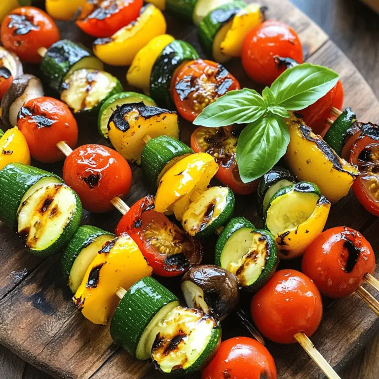 You need simple ingredients to make these grilled vegetable skewers. Here’s what you’ll need: - 1 large zucchini, sliced into half-moons - 1 bell pepper (red or yellow), cut into 1-inch pieces - 1 red onion, cut into wedges - 8 cherry tomatoes - 1 cup mushrooms, stems removed - 2 tablespoons olive oil - 1 tablespoon balsamic vinegar - 1 teaspoon garlic powder - 1 teaspoon dried oregano - Salt and pepper to taste - Fresh basil leaves for garnish I recommend using fresh vegetables for the best flavor. Look for firm zucchini without soft spots. Choose bell peppers that are bright and shiny. The onion should feel heavy for its size. For tomatoes, pick ones that are plump and fragrant. Fresh mushrooms should be smooth and not slimy. You can mix and match your favorite veggies too! The marinade adds great taste to your skewers. You will use olive oil for richness and balsamic vinegar for a tangy kick. Garlic powder gives it a nice depth of flavor, while dried oregano adds a hint of earthiness. Don’t forget salt and pepper to enhance all the flavors. Toss your veggies in this mixture for a tasty treat! For the full recipe, check the instructions above. Start by preheating your grill to medium-high heat. This step is key. A hot grill helps the veggies cook fast and get those pretty grill marks. If you use wooden skewers, soak them in water for 30 minutes. This trick keeps them from burning on the grill. In a large bowl, combine your fresh vegetables. I use zucchini, bell pepper, onion, cherry tomatoes, and mushrooms for color and flavor. Next, make your marinade. In a small bowl, mix olive oil, balsamic vinegar, garlic powder, oregano, salt, and pepper. Pour this mix over the veggies. Toss them gently so every piece gets coated well. Now it’s time to skewer! Thread your marinated veggies onto the skewers. Alternate the colors for a vibrant look. Place the skewers on the grill and cook for 8 to 10 minutes. Turn them every few minutes for even cooking. You’ll know they are done when they are tender and have nice grill marks. Remove them from the grill and top with fresh basil leaves. Enjoy your delicious grilled vegetable skewers! For the full recipe, refer to the section above. To get grilled vegetables just right, start with good prep. Cut your veggies into even sizes. This helps them cook at the same rate. Zucchini should be sliced into half-moons. The bell pepper and onion should be in 1-inch pieces. Cherry tomatoes and mushrooms can stay whole. Uniform pieces mean even cooking and better taste. Keep an eye on your grill heat. Medium-high works best for grilling veggies. You want them to cook through without burning. Turn the skewers often. This gives all sides some grill marks and a nice char. Grill for about 8-10 minutes until they’re tender. Choosing skewers can change your grilling game. Wooden skewers are great but need some care. Soak them in water for 30 minutes first. This stops them from burning on the grill. Metal skewers are sturdy and reusable. They don’t need soaking, but they can get hot. Use oven mitts when handling them. Both types work well, so pick what you have. Seasoning is key to tasty grilled veggies. Start simple with salt and pepper. They bring out the natural flavors. For a boost, try garlic powder and dried oregano. These add depth to your dish. A splash of balsamic vinegar brightens everything up. Olive oil helps the veggies cook better and adds flavor. Feel free to mix in your favorite herbs. Fresh basil or thyme can change the dish. Experiment with spices for fun flavors. Each choice will make your skewers unique! For the full recipe, check out the details above! {{image_2}} You can mix and match vegetables for your skewers. Try these options: - Eggplant, cut into cubes - Asparagus, trimmed - Sweet corn, cut into rounds - Bell peppers in different colors - Carrots, sliced thin These veggies add different flavors and textures. Feel free to experiment! This recipe is vegan and gluten-free. All the ingredients fit those needs. Use the same marinade and veggies. If you want a different taste, add some lemon juice or tamari for extra flavor. These changes keep it fresh and fun. Pair vegetables with herbs and spices for great taste. Here are some fun ideas: - Add fresh rosemary or thyme for a fragrant twist. - Use smoked paprika for a hint of smokiness. - Try a splash of soy sauce for umami depth. Mix and match flavors to find your perfect combination. Grilled vegetable skewers can be a colorful and tasty treat for everyone! For the complete recipe, check out the [Full Recipe]. To keep your grilled vegetable skewers fresh, store them in an airtight container. Make sure they cool down first. If you have leftovers, you can also wrap them tightly in foil or plastic wrap. This helps to keep the moisture in and the flavors intact. If you can, store your skewers in the fridge. They will stay fresh longer that way. When you want to eat the leftovers, you can reheat them easily. The best way is to use a grill or a pan. Just heat it on medium heat and add the skewers. Cook for about 5 minutes, turning them so they heat evenly. You can also use a microwave, but they may not taste as good. Use the microwave for about one minute, then check if they are warm. Grilled vegetable skewers will last in the fridge for about 3 to 5 days. After that, they may lose flavor and texture. If you want to keep them longer, you can freeze them. They will last up to 3 months in the freezer. Just remember to wrap them well to avoid freezer burn. For the best taste, enjoy them fresh! Yes, you can use wooden, metal, or even bamboo skewers. Wooden skewers need soaking in water. This helps prevent burning. Metal skewers can handle high heat well. They also make it easy to turn the skewers. Choose what works best for you! The best grill temperature is medium-high. This usually means around 400°F to 450°F. At this heat, the veggies cook evenly. They become tender and get nice grill marks. If the grill is too hot, the outside may burn. You can tell the veggies are done by looking for a few signs. They should be tender when you poke them with a fork. You also want nice grill marks on the outside. Cooking usually takes about 8-10 minutes. Keep an eye on them and turn often for even cooking. For the full recipe, check out the details above! Grilling vegetables can be fun and tasty. You learned about the best ingredients, marinating tips, and grilling steps. I shared ways to make your veggies perfect every time. You can choose different vegetables and even add flavors that excite your taste buds. Remember to store leftovers properly for future meals. Now, you're ready to impress friends and family with your grilled veggie skills. Enjoy cooking and make every meal delicious!