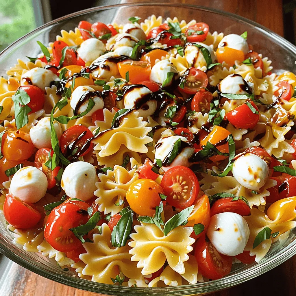 - 8 ounces bowtie pasta - 1 cup cherry tomatoes, halved - 8 ounces fresh mozzarella balls, halved - 1/4 cup fresh basil leaves, chopped Caprese pasta salad has bright flavors. It is simple yet satisfying. The bowtie pasta provides a fun shape and texture. Cherry tomatoes add a sweet burst in each bite. Fresh mozzarella balls bring creaminess that balances the dish. Chopped basil leaves give a fresh aroma. - 2 tablespoons balsamic glaze - 2 tablespoons extra virgin olive oil - 1 clove garlic, minced - Salt and pepper to taste The dressing is key to this salad. Balsamic glaze adds a sweet tangy flavor. Extra virgin olive oil offers richness and depth. Minced garlic brings a punch that enhances the taste. Salt and pepper elevate the flavors, making each bite pop. - Avocado - Spinach - Grilled chicken You can customize this salad. Adding avocado gives a creamy texture. Spinach adds a boost of nutrients and color. Grilled chicken makes it heartier and adds protein. These add-ins make the dish even more enjoyable. You can find the full recipe for guidance on how to prepare this delightful dish. - First, bring a large pot of salted water to a boil. - Once the water is boiling, add the bowtie pasta. - Cook the pasta according to the package instructions until it is al dente. - After cooking, drain the pasta and rinse it under cold water to cool. - In a large mixing bowl, combine the cooked pasta, halved cherry tomatoes, and mozzarella balls. - Next, add the chopped basil leaves to the bowl. This will give the salad a fresh aroma and flavor. - In a small bowl, whisk together the balsamic glaze, extra virgin olive oil, minced garlic, salt, and pepper. - Now, pour the dressing over the pasta salad. Toss gently to combine. - Make sure all ingredients are well-coated with the dressing. - Taste the salad and adjust the seasoning as necessary. - If you want more flavor, add more balsamic glaze. - Let the salad sit for about 15 minutes at room temperature. This allows the flavors to meld together. To make a great Caprese pasta salad, fresh ingredients are key. Use ripe cherry tomatoes, creamy mozzarella, and fragrant basil. This mix gives the salad its bright taste. To prevent pasta from sticking, rinse it under cold water after cooking. This cools the pasta and stops it from clumping. A drizzle of olive oil can also help keep it loose. Serve your Caprese pasta salad at room temperature for the best flavor. A nice glass bowl shows off its colorful layers. For a lovely touch, garnish with extra basil leaves or a swirl of balsamic glaze just before you serve. This adds a pop of color and makes it look fancy. Taste your salad and adjust the seasoning as needed. You might want to add a pinch of salt or pepper. For more depth, add extra balsamic glaze for a richer flavor. Drizzle it on right before serving for a sweet and tangy kick. Enjoy the vibrant mix and the joy it brings to your table! For the complete recipe, check out the Full Recipe. {{image_2}} You can easily change the pasta to fit your needs. For gluten-free options, use rice or quinoa pasta. These work well and taste great. You can also swap out the mozzarella. If you want a vegan dish, try using cashew cheese or almond cheese. Both give a creamy texture. Herbs can add a lot of taste. While basil is classic, you can try parsley, oregano, or mint. These fresh herbs can change the flavor profile. Adding proteins can make the salad heartier. Grilled chicken or shrimp can make it a full meal. For a veggie twist, add chickpeas or black beans. Using fresh veggies makes a big difference. In summer, include zucchini or bell peppers. These add crunch and color. In winter, use roasted butternut squash or kale for warmth. Seasonal produce can change the dish and keep it interesting. Always choose what is fresh and in season for the best taste. To keep your Caprese pasta salad fresh, use airtight containers. Glass containers work great. They help keep the salad's flavors intact. It lasts in the fridge for up to three days. After that, the ingredients may lose their quality. Reheat your pasta salad gently. The best method is to use a microwave. Heat it for short bursts, stirring in between. This keeps the pasta from getting too soft. Avoid sogginess by adding a splash of olive oil before reheating. This helps maintain the salad's texture. Can you freeze Caprese pasta salad? It’s not the best choice. Freezing can change the texture of the cheese and tomatoes. If you must freeze it, store it in a freezer bag. When ready to eat, thaw it in the fridge overnight. Serve it cold, not warm, to enjoy the fresh flavors. Yes, you can make Caprese pasta salad ahead of time. To do this, cook the pasta and let it cool. Mix all the other ingredients, but keep the dressing separate. This helps keep the salad fresh and prevents sogginess. When ready to serve, combine the dressing with the salad. Let it sit for about 15 minutes to blend flavors. Caprese pasta salad pairs well with many dishes. You can serve it with grilled chicken, garlic bread, or a light soup. It also works great alongside a fresh green salad or antipasto platter. The bright flavors of this salad complement rich or savory dishes nicely. To cut calories in Caprese pasta salad, consider some simple swaps. Use whole wheat pasta for more fiber. You can replace fresh mozzarella with a lighter cheese or use less cheese overall. Adding more vegetables, like spinach or bell peppers, boosts volume without many calories. The best way to mix your salad is to be gentle. Use a large bowl and start by adding the pasta. Then, layer in the tomatoes, mozzarella, and basil. Pour the dressing on top and gently toss with a spatula. This ensures all flavors mix without breaking the cheese. For the full Caprese pasta salad recipe, including ingredients and step-by-step instructions, check out the [Full Recipe]. This Caprese pasta salad is simple and fresh. You need bowtie pasta, cherry tomatoes, and mozzarella. The balsamic glaze adds sweetness, while garlic brings flavor. Fresh basil and optional add-ins like avocado make it special. Using fresh ingredients is key for the best taste. You can try variations like gluten-free pasta or seasonal veggies. Remember to follow storage tips for leftovers. Enjoy this dish chilled or at room temp. With these steps, your salad will impress every time.