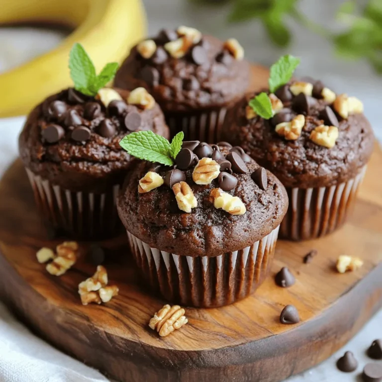 To make your Healthy Chocolate Banana Muffins, you will need some simple and wholesome ingredients. Here’s what you need: - 2 ripe bananas, mashed - 1/2 cup unsweetened applesauce - 1/4 cup honey or maple syrup - 1 teaspoon vanilla extract - 1 cup whole wheat flour - 1/2 cup cocoa powder (unsweetened) - 1 teaspoon baking soda - 1/2 teaspoon baking powder - 1/4 teaspoon salt - 1/2 cup dark chocolate chips (optional) - 1/4 cup walnuts or pecans, chopped (optional) These ingredients create a rich and moist muffin. The bananas add natural sweetness, while the applesauce keeps the muffins soft. Whole wheat flour gives a nice texture and extra nutrients. Cocoa powder brings the chocolate flavor without added sugar. You can customize your muffins. Add chocolate chips for extra sweetness or nuts for crunch. Each ingredient plays a role in making your muffins delicious and healthy. For the full recipe, check out the detailed instructions above. Enjoy baking! Start by preheating your oven to 350°F (175°C). This step is key for even baking. While the oven warms up, you can prepare your muffin tin. Grease it lightly or use muffin liners. Both methods work well. In a large bowl, mash two ripe bananas. Use a fork to make them smooth. Then, add 1/2 cup of unsweetened applesauce, 1/4 cup of honey or maple syrup, and 1 teaspoon of vanilla extract. Mix everything until it’s smooth and creamy. This blend gives your muffins moisture and natural sweetness. Take another bowl to mix the dry ingredients. Sift together 1 cup of whole wheat flour, 1/2 cup of unsweetened cocoa powder, 1 teaspoon of baking soda, 1/2 teaspoon of baking powder, and 1/4 teaspoon of salt. Sifting helps remove lumps and makes the muffins light. Now, pour the dry ingredients into the wet ingredients. Stir gently until just combined. Be careful not to overmix. A few lumps are okay. Overmixing can make your muffins dense, and we want them fluffy. Divide the batter evenly among the muffin cups. Fill each cup about 3/4 full. This gives them room to rise. Place the muffin tin in the oven and bake for 18-20 minutes. Check for doneness by inserting a toothpick in the center of a muffin. It should come out clean. Once baked, let the muffins cool in the pan for about 5 minutes. Then, transfer them to a wire rack to cool completely. For a great presentation, serve them warm on a wooden platter. You can even add a few chocolate chips on top. Enjoy your healthy chocolate banana muffins with a glass of almond milk! For the full recipe, refer to the earlier sections. To make your muffins fluffy, mix the wet and dry ingredients gently. Overmixing can make them dense. You want to just combine the two. Use ripe bananas; they add moisture and sweetness. This helps create a light texture. Also, use fresh baking soda and baking powder. They give the best rise. You can swap honey for maple syrup if you prefer. For a lower-calorie option, use a sugar substitute. Instead of whole wheat flour, almond flour works well too. You can also add Greek yogurt for extra protein. This keeps the muffins moist and boosts nutrition. If you want to skip the chocolate chips, try dried fruit instead. Bake your muffins at 350°F (175°C). This temperature cooks them evenly. Check for doneness at 18 minutes. Insert a toothpick into the center. If it comes out clean, they are ready. If you want them extra fluffy, let the batter rest for 10 minutes before baking. This helps the muffins rise better while baking. For the full recipe, check out Healthy Chocolate Banana Muffins. {{image_2}} To make vegan chocolate banana muffins, swap the honey for maple syrup. You can also use plant-based milk instead of applesauce. This keeps the muffins moist and adds a nice flavor. Replace the dark chocolate chips with vegan ones to keep it dairy-free. These muffins stay soft and delicious! If you need gluten-free muffins, use gluten-free flour instead of whole wheat flour. Almond flour or oat flour works well. Make sure your cocoa powder is gluten-free too. These changes keep the taste great while making the muffins safe for those with gluten issues. You can make these muffins even better by adding extra flavors. Some great ideas include: - A teaspoon of cinnamon for warmth. - A splash of almond extract for a nutty taste. - Chopped nuts like walnuts or pecans for crunch. - Dried fruits like cranberries or cherries for a sweet touch. These mix-ins add fun and variety to every bite. Feel free to be creative with your choices! For the full recipe, check out the details above. Store your healthy chocolate banana muffins in an airtight container. This keeps them fresh. Place them at room temperature for up to three days. If you want to keep them longer, refrigeration works too. Just remember to wrap them well to avoid drying out. Freezing is a great way to save muffins for later. First, let them cool completely. Then, wrap each muffin in plastic wrap. Place them in a freezer bag or container for extra protection. They can last up to three months in the freezer. When you want one, just grab it and eat! To enjoy your muffins warm, reheat them in the oven or microwave. For the oven, set it to 350°F (175°C). Heat for 5 to 10 minutes. If you use the microwave, heat for 15 to 20 seconds. Check that they are warm all the way through. Enjoy your delicious muffins from the Full Recipe! You can check if the muffins are ready by inserting a toothpick in the center. If it comes out clean, the muffins are done. This usually takes about 18 to 20 minutes at 350°F. Keep an eye on them towards the end of the baking time. If they start to brown too much, you can cover them with foil. Yes, overripe bananas are perfect for this recipe. They add more sweetness and moisture to the muffins. The darker the banana, the better the flavor. Just make sure they are not moldy or spoiled. If you don’t have applesauce, you can use mashed avocado or yogurt. Both will keep the muffins moist. You could also use pureed pumpkin for a fun flavor twist. Absolutely! These muffins are a great treat for kids. They are healthy, tasty, and easy to eat. Plus, the chocolate and banana flavors are a hit with most children. You can even get them involved in the baking process for a fun family activity. To boost the nutrition, you can add chia seeds or flaxseeds to the batter. These seeds add fiber and healthy fats. You might also consider using whole grain oats instead of some flour for added texture and nutrients. Another option is to add different fruits or nuts for extra flavor. Check out the Full Recipe for more ideas! You now have a simple guide to make healthy chocolate banana muffins. We covered ingredients, instructions, tips, and storage. Remember, using ripe bananas brings out the best flavor. You can also try different mix-ins for fun variations. These muffins are not only tasty but also good for you. Baking can be fun, and this recipe makes it easy. Enjoy your delicious muffins and share them with friends and family!