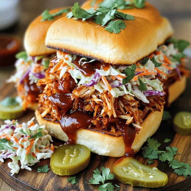 - 2 cans young green jackfruit in water, drained and rinsed - 1 tablespoon olive oil - 1 medium onion, finely chopped - 4 cloves garlic, minced - 1 tablespoon smoked paprika - 1 teaspoon ground cumin - 1 teaspoon chili powder - 1 cup BBQ sauce (store-bought or homemade) - Salt and pepper to taste - 2 cups coleslaw mix (cabbage and carrot) - 1/2 cup mayonnaise - 2 tablespoons apple cider vinegar - 1 tablespoon sugar - Optional: pinch of salt - 4 large sandwich rolls or buns - Fresh herbs (like cilantro or parsley) for garnish In this recipe, the young green jackfruit acts like pulled pork. It has a great texture and absorbs flavors well. You will start with some olive oil, spices, and BBQ sauce to create a smoky taste. For the coleslaw, a mix of cabbage and carrots adds crunch. I like to use mayonnaise and vinegar for a creamy dressing. You can add a little sugar if you want some sweetness. To serve, choose hearty sandwich rolls or buns. Fresh herbs can brighten up the dish as a garnish. For a full guide, you can check the Full Recipe. - Start by shredding the jackfruit. Use your hands or a fork. Remove any seeds you find. - Heat a tablespoon of olive oil in a large skillet over medium heat. - Add one medium onion, chopped finely, and cook until soft. This takes about five minutes. - Stir in four cloves of minced garlic, one tablespoon of smoked paprika, one teaspoon of ground cumin, and one teaspoon of chili powder. Cook for one more minute. - Add the shredded jackfruit to the skillet. Mix it well with the onion and spice blend. - Season with salt and pepper to taste. - Pour in one cup of BBQ sauce. Stir to coat the jackfruit evenly. - Lower the heat and cover the skillet. Let it simmer for about 20 minutes. Stir occasionally for best results. - In a bowl, mix together two cups of coleslaw mix, half a cup of mayonnaise, two tablespoons of apple cider vinegar, and one tablespoon of sugar. - Toss the ingredients until they blend well. Taste and adjust the seasoning if needed. - Toast four large sandwich rolls until they turn golden brown. - To assemble, pile the smoky jackfruit on the bottom half of each roll. - Add a generous amount of coleslaw on top of the jackfruit. - Place the top half of the roll on the coleslaw and press gently. For the full recipe, check out the complete steps and enjoy this delicious dish! Best ways to shred jackfruit To shred jackfruit, start by draining and rinsing it. Use your hands or a fork. Pull apart the jackfruit pieces until they look like pulled pork. Make sure to remove any seeds and tough core pieces. This helps the jackfruit absorb flavors well. Ensuring flavors meld Cooking the jackfruit with spices is key. Sauté onions and garlic first to develop a base flavor. Add the spices next, letting them cook for a minute. Then, mix in the jackfruit and BBQ sauce. Let it simmer low and slow. This allows each flavor to blend beautifully. Pairing ideas for sides Serve your sandwiches with crispy sweet potato fries or classic potato chips. A side of baked beans also complements the smoky taste. For a healthier option, try a fresh garden salad. Each of these sides adds a delightful crunch. Drinks to complement the meal Pair your sandwiches with iced tea or lemonade. Both drinks balance the richness of the BBQ. For a fun twist, serve with a light beer or a fruity spritzer. These options enhance the overall dining experience. Creative plating To make your meal shine, use a wooden board for serving. Place the sandwiches on one side and coleslaw on the other. This creates a rustic look. Consider adding extra pickles or chips for color and texture. Garnish strategies Fresh herbs like cilantro or parsley add a nice touch. Sprinkle chopped herbs on top of the sandwiches. This not only looks appealing but also adds a fresh flavor. Remember, presentation matters, so make it visually exciting! {{image_2}} You can switch up the protein in BBQ pulled pork sandwiches. Pulled pork is classic, but you can also use chicken. Simply cook the chicken until it is tender, then shred it and mix with BBQ sauce. For a vegetarian option, I love using jackfruit. It has a great texture that mimics pulled meat. Just shred the jackfruit and follow the same steps as with pork. The flavor of your sandwich can change with the sauce you choose. If you like heat, try a spicy BBQ sauce. You can add cayenne or hot sauce to your BBQ mix. For a twist, think about toppings. Pineapple salsa or jalapeños can add a fun kick. You can also use pickled onions for a tangy flavor. Coleslaw is a must, but feel free to play with the veggies. Try adding shredded carrots, red cabbage, or even sliced radishes. If you want a lighter slaw, skip the mayo. Use a simple mix of vinegar and oil instead. A vinegar-based coleslaw can be just as tasty and adds a nice crunch. For more details, check out the Full Recipe. After you enjoy your BBQ pulled pork sandwiches, store any leftovers properly. Place the pulled jackfruit and coleslaw in separate airtight containers. Keep them in the fridge. This way, they stay fresh longer. You can store them for up to 3 days. If you notice any changes in smell or color, it's best to toss them. When you're ready to eat the leftovers, reheating is key. I recommend using a skillet for the jackfruit. Heat it on medium-low heat. Add a splash of water or extra BBQ sauce. This helps keep the moisture. For coleslaw, just mix it again. If it's a bit dry, add a touch of mayonnaise or vinegar. This keeps the flavors bright. You can freeze the pulled jackfruit too. Place it in a freezer-safe bag. Remove as much air as you can before sealing. It can last up to 3 months. When you're ready to eat it, thaw in the fridge overnight. For coleslaw, freezing is not ideal. The veggies can get mushy. If you must freeze it, do so without the dressing. Mix in the dressing after thawing for the best taste. For the full recipe, check out the Smoky BBQ Jackfruit Sandwiches with Crunchy Slaw. To make the best BBQ pulled pork sandwiches, focus on flavor and cooking tools. - Key tips for flavor: Use young green jackfruit for a great texture. Sauté onions and garlic before adding spices. Don't forget to simmer the jackfruit in BBQ sauce for deep flavor. - Essential cooking tools: A large skillet helps with even cooking. Use a fork or your hands to shred the jackfruit. A good knife is key for chopping onions finely. Yes, you can use other meats. - Options for meat substitutes: Pulled pork or chicken work well. Tofu can also be a tasty option for a vegetarian dish. - Preparation differences: If using meat, cook it longer to ensure tenderness. Shredding is easy with pulled pork, but tofu needs a bit more seasoning. Cooking time varies but is manageable. - Breakdown of prep and cook times: Prep takes about 20 minutes. Cooking time is around 30 minutes. Total time is about 50 minutes. - Tips for faster preparation: Use pre-chopped veggies. You can also cook jackfruit in a pressure cooker for a quicker meal. Pair your sandwiches with tasty sides. - Complementary side dishes: Baked beans and corn on the cob are perfect. Potato salad also works well. - Dessert pairing suggestions: Serve with peach cobbler or brownies for a sweet finish. This blog post covered how to create delicious BBQ pulled jackfruit sandwiches. We explored key ingredients like young green jackfruit, spices, and coleslaw. You learned step-by-step instructions for preparing and assembling the sandwiches, plus essential tips for storing leftovers and variations to try. Embrace these techniques and flavors. You can make a tasty and healthy meal that everyone will love. Enjoy experimenting with new twists on this classic dish. Happy cooking!