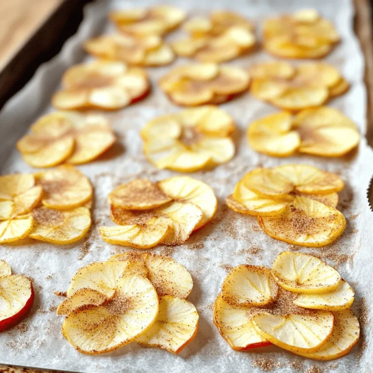 - 3 medium apples (Fuji or Honeycrisp) - 1 teaspoon cinnamon - 1 tablespoon coconut sugar (optional) - Pinch of salt - Apple corer or sharp knife - Mandoline slicer (optional) - Baking sheets and parchment paper To make these healthy baked apple chips, you need just a few simple ingredients. I love using Fuji or Honeycrisp apples because they add a sweet flavor. You can also adjust the sweetness with coconut sugar, but it’s not a must. Cinnamon gives a warm spice that pairs perfectly with apples. A pinch of salt helps balance the flavors. For tools, an apple corer or a sharp knife is key for prepping the apples. A mandoline slicer makes slicing faster and ensures even pieces. Baking sheets lined with parchment paper help the chips bake evenly and prevent sticking. This simple recipe packs flavor and crunch. You can find the full recipe in the article above. Enjoy making these tasty snacks! - Preheat your oven to 225°F (110°C). - Line two baking sheets with parchment paper. - Wash the apples thoroughly, removing any dirt. - Core the apples using an apple corer or sharp knife. - Slice the apples very thinly, about 1/8 inch thick. A mandoline slicer makes this easier. - In a small bowl, mix together the cinnamon, coconut sugar, and a pinch of salt. - Arrange the apple slices in a single layer on the prepared baking sheets. - Lightly sprinkle the cinnamon mixture over the apple slices, covering them evenly. - Bake the apple slices in the preheated oven for 1 to 1.5 hours. Flip them halfway through. - Once done, remove the baking sheets from the oven. Let the chips cool completely on the sheets. They will get crisper as they cool. For the full recipe, check out the detailed instructions. Enjoy these tasty snacks! To get that perfect crunch, slice your apples thin. Aim for about 1/8 inch thick. If the slices are too thick, they will not crisp up well. A mandoline slicer can help you get even slices. Flipping the chips halfway through baking is also key. This helps them cook evenly and become crispy all over. You can make your apple chips even tastier by adding spices. Nutmeg and allspice add great flavors. Just a sprinkle can change the taste. You might also want to try adding a touch of vanilla extract. This gives a sweet aroma and deepens the flavor. When serving your baked apple chips, think about how to make them look fun. Place them in a colorful bowl or on a nice platter. You can also garnish them with a sprinkle of cinnamon or some chopped nuts. This adds a nice touch and makes them more appealing to share. {{image_2}} Choosing the right apple makes a big difference. I love using Fuji or Honeycrisp apples. They are sweet and crisp, perfect for baking. Tart apples like Granny Smith can also work well. They add a nice zing to your chips. Mixing sweet and tart apples can create a fun flavor balance. You can play with sweetness levels in your apple chips. If you like it sweeter, try adding coconut sugar or another sweetener. You could also use natural sweeteners like honey or maple syrup. These add a unique taste and keep the chips healthy. Remember, you can adjust the amount based on your preference. Want to make your apple chips even better? You can mix in dried fruits or nuts before baking. This adds extra texture and flavor. After baking, consider drizzling your chips with a little chocolate. It turns a simple snack into a special treat. You can have fun experimenting with different ingredients to find your favorite mix. Enjoy the full recipe to explore all these variations! To keep your apple chips fresh, use an airtight container. This helps prevent air from getting in. Store them at room temperature. Avoid placing them in sunny spots or near heat sources. A dark, cool place works best. If you have a lot, consider separating them in layers with parchment paper. This method stops them from sticking together. Your apple chips will stay fresh for about a week when stored properly. After this time, they may lose their crunch. Signs of staleness include a soft texture or lack of flavor. If you notice these signs, it’s time to re-crisp them or toss them out. If your apple chips become soft, don’t worry! You can easily bring back their crunch. Preheat your oven to 200°F (93°C). Spread the chips on a baking sheet in a single layer. Bake them for about 10 to 15 minutes. Keep an eye on them to avoid burning. Remove them when they feel crisp again. Enjoy your snacks fresh and crunchy! For the full recipe, check out the steps provided earlier. Yes, you can use many fruits! Here are some great options: - Pears: They get sweet and chewy. - Bananas: They turn crispy and have a nice flavor. - Sweet potatoes: They give a savory twist. - Mangoes: They add a tropical taste. Feel free to experiment with different fruits. Just slice them thinly, like apples, and follow the same steps. Each fruit brings its own unique taste and texture. Yes, baked apple chips are healthy. Here’s why: - Low in calories: They make a great snack without extra calories. - High in fiber: Apples have fiber that helps your digestion. - Packed with vitamins: Apples are rich in vitamin C and antioxidants. These chips are a smart choice for any snack time. They satisfy your sweet tooth without added sugars. You can easily make apple chips without sugar. Here are some tips: - Skip the sugar: Just use apples and spices like cinnamon. - Use ripe apples: They naturally taste sweeter when fresh. - Add a splash of lemon juice: This boosts flavor and keeps apples fresh. This way, you enjoy a healthy snack that is still tasty. You can adjust the spices to find your favorite mix. This blog post covered how to make tasty baked apple chips. You learned the right ingredients, tools, and steps for perfect chips. I shared tips for crispiness and flavor, plus variations to try. Remember to store your chips well for maximum freshness. Making these snacks is easy, fun, and healthy. You can enjoy them alone or with friends. Try out different apples and spices to find what you love. Happy baking!