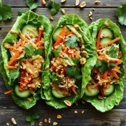- 2 cups cooked chicken, shredded - 1/2 cup peanut butter (or almond butter) - 1 tablespoon lime juice - 1 cup shredded carrots - 1 cup cucumber, julienned - 1 red bell pepper, thinly sliced - 1/4 cup fresh cilantro, chopped - 1/4 cup chopped peanuts - Optional: Red pepper flakes When I create Thai Peanut Chicken Wraps, I focus on fresh and simple ingredients. The main star is the chicken. You can use leftover rotisserie chicken or grill it fresh. This saves time and adds great flavor. Peanut butter gives the wraps a creamy texture. You can swap it with almond butter for a nutty twist. Lime juice adds a bright, zesty kick. It balances the creamy peanut butter perfectly. Next, fresh vegetables bring crunch and color. Shredded carrots add sweetness and a nice bite. Cucumber gives a refreshing crunch, while the red bell pepper adds a pop of color and flavor. For garnishes, I love using fresh cilantro. It adds an herbaceous note that brightens the dish. Chopped peanuts offer a satisfying crunch. If you like heat, sprinkle red pepper flakes on top. You can find the full recipe [here]. This meal is quick and easy, making it perfect for busy nights. Enjoy every bite of these tasty wraps! 1. In a mixing bowl, combine peanut butter, soy sauce, lime juice, honey, minced garlic, and grated ginger. 2. Stir well until smooth to create the peanut sauce. 3. Adjust sweetness to taste by adding more honey if needed. 1. Take your cooked chicken and coat it with half of the peanut sauce. 2. Place a large lettuce leaf on a flat surface. 3. Add a generous amount of the chicken on the leaf. 4. Layer on shredded carrots, cucumber, red bell pepper slices, and chopped cilantro. 1. Carefully fold the lettuce leaves around the filling to create wraps. 2. If needed, secure the wraps with a toothpick. 3. Drizzle with the reserved peanut sauce or use it as a dipping sauce. You can find the full recipe for these delicious Thai Peanut Chicken Wraps in the previous sections. Enjoy your meal! To make the best peanut sauce, you can adjust the flavors. If you want it sweeter, add more honey. If you like it saltier, add more soy sauce. For a tangy kick, squeeze in extra lime juice. If the sauce is too thick, add a bit of water or more lime juice. For a thicker sauce, use less liquid or add more peanut butter. This sauce can change your wraps from good to great. For the best wraps, use Romaine or Butterhead lettuce. These lettuces are strong and hold the filling well. If you want to mix it up, try using rice paper or tortillas. Both options add a fun twist and make assembly easy. Each wrapper brings its own taste and texture. These wraps pair well with side dishes like fresh fruit or crispy veggie sticks. They also go great with a light salad. For drinks, try iced tea or coconut water. Both options keep the meal refreshing and light. Enjoy your wraps with these tasty sides and drinks for a complete meal. {{image_2}} You can switch the chicken for tofu or tempeh. These options are great for plant-based diets. Simply cut the tofu or tempeh into cubes. Then, cook them until golden brown. This adds a nice texture and flavor. If you want more taste, try slow-cooking chicken or tempeh. This method helps the flavors blend well. It also makes the dish juicy and rich. Spice up your wraps by adding chili paste or sriracha. This brings a kick and makes the wraps exciting. You can also experiment with herbs like basil or mint. These herbs add freshness and a unique taste. Consider trying sesame oil for a nutty flavor. It makes the peanut sauce even richer and more complex. If you need a gluten-free meal, use tamari instead of soy sauce. This simple swap keeps the taste but removes gluten. For a vegan version, replace chicken with chickpeas. Simply mash them and mix with the peanut sauce. It creates a creamy and tasty filling. You can still enjoy these wraps while meeting your dietary needs. For the Full Recipe, refer back to the earlier section on ingredients and instructions. To keep your Thai peanut chicken wraps fresh, wrap them tightly in plastic. This helps prevent air from drying them out. Place the wrapped wraps in an airtight container in the fridge. They stay good for about 2 to 3 days. After that, the veggies may lose their crunch. If you have extra wraps, freezing is a great choice. To freeze them, wrap each one in plastic wrap. Then place the wrapped wraps in a freezer-safe bag. This keeps them fresh for up to 3 months. When you're ready to eat, take one out and let it thaw in the fridge overnight. To reheat, you can warm them in a microwave for about 30 seconds. You might have extra peanut sauce or veggies after making these wraps. Use the sauce as a dip for fresh veggies or spread it on toast. You can also mix leftover veggies into a salad for a quick meal. If you have chicken left, toss it into a stir-fry or a grain bowl. These ideas help reduce waste and add variety to your meals. If you need an alternative, try these nut butters: - Almond butter - Cashew butter - Sunflower seed butter Each option gives a unique taste. Almond butter has a sweet flavor. Cashew butter is creamy and mild. Sunflower seed butter is great for nut allergies. Yes, you can prep this dish ahead of time. Here are some tips: - Make the peanut sauce in advance. - Store it in the fridge for up to a week. - Cook and shred the chicken ahead. - Chop veggies and keep them fresh in containers. Assemble the wraps just before serving for the best taste. To make these wraps more appealing to kids, try these adjustments: - Use less soy sauce for a milder flavor. - Skip the red pepper flakes if they like it mild. - Add sweet veggies like bell peppers or carrots. - Let kids help assemble their own wraps. These steps can make cooking fun and tasty for little chefs! These wraps offer a burst of flavor and nutrition. We covered the key ingredients, like chicken and fresh veggies, plus a rich peanut sauce. I shared tips for making and storing your wraps, along with fun variations for everyone. In the end, cooking shouldn’t be hard. Enjoy experimenting and make the recipe your own!