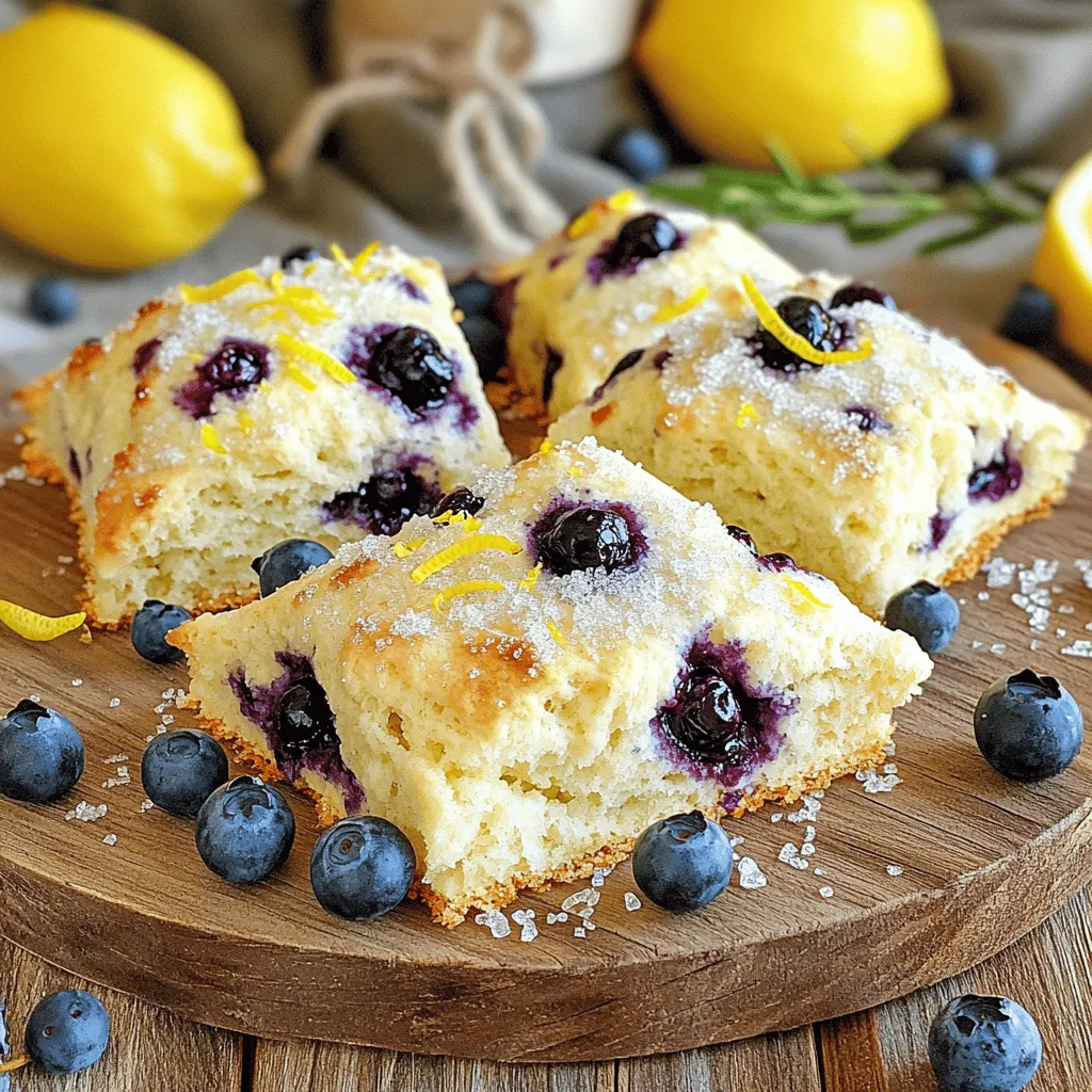 To make these delightful lemon blueberry scones, you will need the following ingredients: - 2 cups all-purpose flour - 1/2 cup granulated sugar - 2 teaspoons baking powder - 1/2 teaspoon baking soda - 1/4 teaspoon salt - 1/2 cup unsalted butter, cold and cubed - 1/2 cup fresh blueberries (or frozen, but don't thaw) - Zest of 1 lemon - 2 tablespoons fresh lemon juice - 1/2 cup buttermilk - 1 large egg - 1 teaspoon vanilla extract - 1 tablespoon coarse sugar (for topping) If you're missing some ingredients, don't worry! Here are some easy swaps: - Flour: Use whole wheat flour for a healthier option. - Sugar: Replace granulated sugar with coconut sugar or honey. Adjust the amount for sweetness. - Butter: Use coconut oil or vegan butter for a dairy-free version. - Buttermilk: Mix milk with a splash of vinegar or lemon juice to create a quick buttermilk substitute. - Egg: You can use a flax egg (1 tablespoon ground flaxseed mixed with 2.5 tablespoons water) for a vegan option. To bake these scones, gather these tools: - Mixing bowls - Whisk - Pastry cutter or fork - Baking sheet - Parchment paper - Knife for cutting the scones - Cooling rack Having these tools on hand makes the process smooth and enjoyable. The right tools help you create perfect, fluffy scones every time! For the full recipe, check out the detailed instructions above. To make Lemon Blueberry Scones, gather your ingredients first. This way, you work smoothly. You will need flour, sugar, baking powder, baking soda, salt, butter, blueberries, lemon zest, lemon juice, buttermilk, an egg, and vanilla extract. Keep everything close by. Preheat your oven to 400°F (200°C) and line a baking sheet with parchment paper. 1. In a large bowl, mix the flour, sugar, baking powder, baking soda, and salt. Whisk until well combined. 2. Add the cold, cubed butter. Use your fingers or a pastry cutter to mix it in. Stop when the mix looks like coarse crumbs. 3. Gently fold in fresh blueberries and lemon zest. Make sure they spread evenly, but don't crush the berries. 4. In another bowl, whisk together buttermilk, lemon juice, egg, and vanilla extract. Mix well. 5. Pour the wet mix into the dry mix. Stir until just combined. The dough should feel sticky but not too wet. 6. Turn the dough onto a floured surface. Shape it into a round disc, about 1 inch thick. Cut the disc into 8 wedges. 7. Place the scones on the baking sheet, leaving space between them. Top with coarse sugar for a sweet crunch. 8. Bake for 15-20 minutes until golden brown on the edges. 9. After baking, cool on the sheet for 5 minutes. Then, move the scones to a wire rack to cool fully. - Use cold butter. It helps create a flaky texture. - Don't overmix the dough. This keeps the scones light. - Leave space between scones on the baking sheet. They need room to rise. - Serve warm with honey or clotted cream. This adds extra flavor and joy. - For an extra touch, garnish with more lemon zest or fresh blueberries. For the full recipe, refer to the provided instructions above. Enjoy baking your Lemon Blueberry Scones! Many people overmix the dough. This can lead to tough scones. Mix just until combined. Also, using warm butter can ruin the texture. Always use cold, cubed butter. If your blueberries are too mushy, they can break apart. Fresh or frozen blueberries work best, but don't thaw them. Lastly, ensure your baking powder is fresh. Old baking powder won't help your scones rise. To get light and airy scones, keep your ingredients cold. Chill the butter and buttermilk before mixing. When you mix the butter into the flour, stop as soon as it looks like coarse crumbs. This keeps the butter from melting into the flour. After shaping the dough, let it rest for a few minutes. This gives the flour time to absorb moisture. Finally, bake the scones until they are golden brown. Don't underbake them; they should feel firm to the touch. When adding blueberries, fold them in gently. This helps keep them whole and prevents juice from bleeding into the dough. If you want to avoid staining, dust the blueberries with flour first. This keeps them from sinking to the bottom of the scone. You can also reserve a few blueberries to place on top before baking. This makes for a lovely presentation. Enjoy your baking and get ready for the burst of flavor in every bite! For the full recipe, check out the detailed instructions. {{image_2}} You can easily make gluten-free lemon blueberry scones. Swap regular flour for a gluten-free blend. Look for one that works well in baking. This blend often contains rice flour and starches. The texture will still be light and fluffy. Follow the same recipe steps, and enjoy a tasty treat! To make vegan lemon blueberry scones, use plant-based ingredients. Replace butter with coconut oil or vegan butter. Use almond milk or oat milk in place of buttermilk. You can also substitute the egg with a flax egg. Mix one tablespoon of ground flaxseed with three tablespoons of water. Let it sit for a few minutes to thicken. This ensures a great texture and flavor in your scones! You can get creative with other flavors in your scones. Try adding chocolate chips for a sweet twist. Chopped nuts like almonds or walnuts add crunch. You can also use different fruits, like raspberries or strawberries, for new tastes. Mix and match flavors to find your favorite combination. Get inspired and have fun with your baking! For the full recipe, check out the instructions above. To keep your scones fresh, store them in an airtight container. Place parchment paper between layers to prevent sticking. They will stay good for about two days at room temperature. If you want to keep them longer, consider freezing them. Freezing scones is simple and a great way to enjoy them later. Start by letting the scones cool completely. Then, wrap each scone in plastic wrap. Place the wrapped scones in a freezer bag. They can last up to three months in the freezer. When you’re ready to eat, just take them out and let them thaw. To reheat your scones, preheat your oven to 350°F (175°C). Place the scones on a baking sheet. Heat them for about 10 minutes. This brings back their crispness and warmth. You can also microwave them for about 15-20 seconds if you're short on time. Enjoy them warm for the best taste! For the complete recipe, check out the Full Recipe section. To make lemon blueberry scones from scratch, gather your ingredients first. You need flour, sugar, baking powder, baking soda, salt, butter, blueberries, lemon zest, lemon juice, buttermilk, an egg, and vanilla extract. Mix the dry ingredients in a bowl. Cut in the cold butter until it looks like crumbs. Then, fold in the blueberries and lemon zest. In another bowl, mix the wet ingredients and add them to the dry mix. Stir gently, then shape the dough. Cut into wedges, place on a baking sheet, and bake. You can find the full recipe with detailed steps above. Yes, you can use frozen blueberries in scones. Just remember not to thaw them. Frozen berries help keep the scone dough cold. This keeps the scones flaky and light. If you thaw the blueberries, they may make the dough too wet and mushy. Use the frozen blueberries straight from the bag for the best results. To bake scones well, follow these tips: - Use cold butter. It helps create a flaky texture. - Don’t overmix the dough. Mix until just combined. - Chill the dough for 15-30 minutes before baking. This helps with rising. - Use a sharp knife for cutting. This gives clean edges. - Bake until golden brown. This means they are done. These simple tips will help you achieve perfect lemon blueberry scones every time! In this post, we explored the art of making lemon blueberry scones. We listed key ingredients and easy swaps. You learned about essential tools and simple cooking steps. Tips helped avoid common mistakes and achieve fluffy scones. We also shared fun variations, storage tips, and answers to FAQs. Enjoy making your scones with confidence. Remember, baking is about fun and creativity. You can make delicious treats that everyone will love. Happy baking!