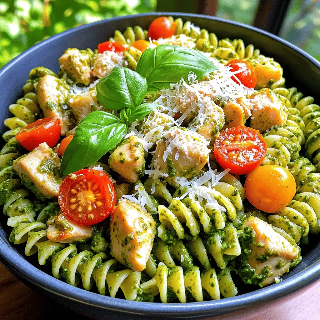 - 2 cups rotini pasta - 2 tablespoons olive oil - 2 boneless, skinless chicken breasts, diced - Salt and pepper to taste - 1 cup basil pesto - 1 cup cherry tomatoes, halved - ½ cup grated Parmesan cheese - Fresh basil leaves for garnish The first step to making Easy Chicken Pesto Pasta is gathering your ingredients. Each item plays a key role in creating a tasty dish. Can I use other types of pesto? Yes, you can! If you don’t have basil pesto, try sun-dried tomato or arugula pesto. Each adds a unique twist to the dish. What if I want different pasta? You can swap rotini for penne or farfalle. These types hold sauce well, making your meal delicious. Can I use a different cheese? Absolutely! If you don't have Parmesan, try Pecorino Romano or even mozzarella. Both add great flavor. These substitutions keep the recipe flexible and fun. You can make Easy Chicken Pesto Pasta in a way that suits your taste. For the full recipe, check out the earlier section. To boil rotini pasta, fill a large pot with water. Add a good amount of salt. Bring the water to a boil over high heat. Once boiling, add the rotini. Cook it for about 8-10 minutes. You want it to be al dente, which means it should be firm yet tender. Stir the pasta occasionally to prevent sticking. Once done, drain the pasta and set it aside. To achieve al dente pasta, check it a minute or two before the time on the package. The pasta should have a slight bite to it. You can taste a piece to see if it’s ready. For the best chicken, start with boneless, skinless breasts. Cut them into small, even pieces. This helps them cook evenly. Heat the olive oil in a large skillet over medium heat. Once hot, add the diced chicken. Season it with salt and pepper. Cook for about 7-10 minutes, stirring often. You want the chicken to turn golden brown and fully cooked. Seasoning is key to flavor. You can add garlic powder or Italian herbs for extra taste. Make sure the chicken is cooked through; it should not be pink inside. Now, it’s time to mix everything. Add the cooked rotini to your skillet with the chicken. Pour in the basil pesto. Toss everything together gently. Make sure each piece of pasta is well coated with the pesto. Even coating is important. It ensures every bite is flavorful. If you skip this step, some pasta might taste plain. After mixing, fold in the halved cherry tomatoes and grated Parmesan cheese. This will add freshness and creaminess to your dish. For the full recipe, check out the details above. To make your Easy Chicken Pesto Pasta quick, timing is key. Start with the pasta. Boil it first. Use a large pot with salted water. Cook the rotini for about 8-10 minutes until al dente. Once you drain it, set it aside. While the pasta cooks, heat olive oil in a skillet. Add the diced chicken next. Cook it for 7-10 minutes. This timing works well with the pasta. This way, you save time and keep everything fresh. To boost the flavor of your dish, think about spices. A pinch of garlic powder adds depth. You can also try red pepper flakes for some heat. If you love zest, squeeze in a little lemon juice. Adding extra ingredients can take your dish to the next level. Consider tossing in spinach or bell peppers for color and nutrition. Cherry tomatoes add sweetness and freshness. Mix them in just before serving for the best taste. Plating your dish well can make it look gourmet. Start with a swirl of pasta in the center of the plate. This creates a nice base. Then, pile the chicken and tomatoes on top. Garnishing is key to a lovely presentation. Use fresh basil leaves for a pop of color. Sprinkle some extra Parmesan cheese for a finishing touch. This simple step makes your meal look as good as it tastes. For the full recipe, be sure to check out the details above. {{image_2}} You can make Easy Chicken Pesto Pasta even better with some tasty add-ins. Here are some vegetables you might like: - Spinach: Adds a nice color and lots of vitamins. - Broccoli: Great for crunch and health. - Bell peppers: Choose any color for sweetness. - Zucchini: A fun way to sneak in more veggies. If you have special diet needs, try these protein swaps: - Tofu: A great choice for plant-based diets. - Shrimp: Cooks fast and adds a seafood twist. - Turkey: Leaner than chicken but still tasty. - Beans: Black beans or chickpeas boost fiber. You can make your own pesto at home if you want. Here's a simple way to do it: 1. Blend 2 cups of fresh basil. 2. Add 1/4 cup of nuts like pine nuts or walnuts. 3. Mix in 1/2 cup of olive oil for creaminess. 4. Add 1/4 cup of Parmesan cheese for flavor. 5. Season with salt and pepper. Feel free to switch herbs. You can try: - Arugula for a peppery taste. - Cilantro for a fresh kick. - Sun-dried tomatoes for a unique flavor. Pair Easy Chicken Pesto Pasta with these sides for a full meal: - Garlic bread: Perfect for soaking up sauce. - Mixed salad: A light, fresh option. - Roasted veggies: Adds more nutrients and flavor. You can also add sauces or dressings on top: - A drizzle of balsamic glaze for sweetness. - A sprinkle of lemon juice for brightness. - Extra olive oil for richness. For the full recipe, check out the detailed steps above. To keep your chicken pesto pasta fresh, use an airtight container. This will stop moisture and air from ruining the dish. Place the pasta in the container and seal it tightly. It can last in the fridge for up to three days. Always check for any signs of spoilage before eating leftovers. When reheating, I prefer using the stove top. This method keeps the pasta from drying out. Add a splash of water or extra pesto to help with moisture. Heat it on medium-low, stirring gently until warmed. If you use a microwave, cover the pasta to trap steam. Heat in short bursts, stirring in between to ensure even warming. Yes, you can freeze chicken pesto pasta! Just make sure to cool it completely first. Use a freezer-safe container or bag, removing as much air as possible. It can last for up to three months in the freezer. When you want to eat it, thaw overnight in the fridge. Reheat it on the stove for the best texture. Yes, you can use grilled chicken for this recipe. Grilled chicken adds a nice smoky flavor. Just chop it into bite-sized pieces. Mix it with the pasta and pesto as you normally would. If you don’t have basil pesto, don’t worry! You can try sun-dried tomato pesto or make a quick homemade version. Blend nuts, garlic, and olive oil with any green herbs you have. This will add a fresh twist to the dish. To make this dish vegetarian, skip the chicken. You can add more veggies instead. Spinach, bell peppers, or zucchini work well. This keeps the meal full of flavor and texture. Pair this pasta with a simple green salad or garlic bread. A light white wine also complements the flavors. For extra color, add some roasted veggies on the side. Enjoy this quick and tasty meal! You now have a simple and tasty guide for making Easy Chicken Pesto Pasta. We covered all the important steps, from ingredients to cooking tips. This dish can be made your own with different flavors and options. Don't forget to play around with add-ins and presentation ideas to make it special. Finally, remember to store and reheat leftovers properly for later enjoyment. Enjoy your cooking and share this fun meal with friends and family!