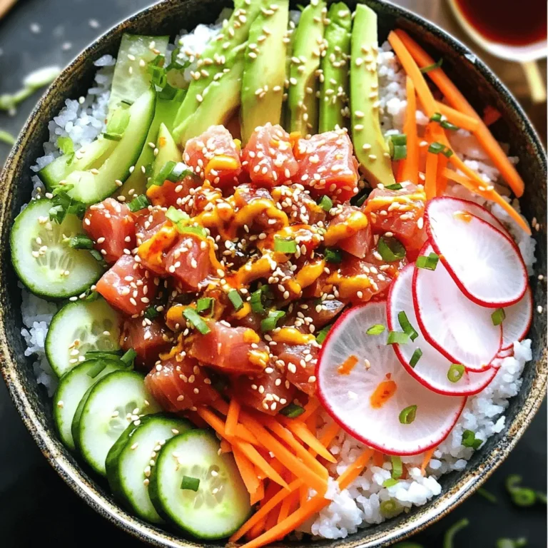 - 1 cup sushi rice - 8 oz sushi-grade tuna, diced - 1 avocado, sliced - 1/2 cucumber, julienned - 1 small carrot, julienned - 1 radish, thinly sliced - 2 green onions, sliced - 1 tablespoon rice vinegar - 2 tablespoons mayonnaise (preferably Kewpie) - 1 tablespoon sriracha (adjust for heat preference) - Nori sheets, cut into strips - Sesame seeds, for garnish - Soy sauce or tamari, for drizzling When you gather these ingredients, think about how fresh and colorful they will look on your plate. Sushi rice forms the base, giving you that perfect sticky texture. Sushi-grade tuna is key for taste and safety, so make sure you get it from a trusted source. The avocado adds creaminess, while colorful veggies bring crunch and flavor. Rice vinegar, mayonnaise, and sriracha mix together to create that spicy tuna flavor. Don’t forget the optional toppings! Nori sheets add a fun crunch, sesame seeds give a nutty touch, and a drizzle of soy sauce enhances the umami. For the full recipe and step-by-step instructions, check out the [Full Recipe]. - Rinse the Rice Start by rinsing 1 cup of sushi rice under cold water. This washes away extra starch. Keep rinsing until the water runs clear. This step is key to fluffy rice. - Combine and Cook In a medium saucepan, add the rinsed rice and 1 ½ cups of water. Bring it to a boil over medium-high heat. Once it boils, lower the heat, cover the pot, and let it simmer for about 18 minutes. The water should be absorbed, and the rice should be soft. - Seasoning the Rice Mix 1 tablespoon of rice vinegar, 1 teaspoon of sugar, and ½ teaspoon of salt in a small bowl. Once the rice is cooked, remove it from heat and let it sit, covered, for 10 minutes. Then, fold in the vinegar mix. This gives the rice a nice flavor. - Mix Tuna with Mayonnaise In a separate bowl, take 8 ounces of sushi-grade tuna, diced into small pieces. Add 2 tablespoons of mayonnaise and 1 tablespoon of sriracha. Stir this mix well until everything combines nicely. - Adjusting Spice Levels You can adjust the spice based on your taste. If you want it hotter, add more sriracha. If you prefer it milder, use less. This way, you control the heat to fit your liking. - Layering the Ingredients Take a scoop of the seasoned sushi rice and place it at the bottom of each bowl. This will be the base for your delicious meal. - Adding Toppings Next, add a good amount of the spicy tuna mix on top of the rice. Then, layer in sliced avocado, julienned cucumber, julienned carrot, thinly sliced radish, and sliced green onions. Layering makes it colorful and fun! - Presentation Tips Finish with a sprinkle of sesame seeds. You can also add nori strips for extra texture. Drizzle some soy sauce or tamari on top for added flavor. Serve in deep bowls for a beautiful look. Don't forget to place chopsticks next to each bowl for an authentic touch. Now you have a quick and flavorful meal! For the complete recipe, check the Full Recipe section. Rinsing the sushi rice is key. It removes excess starch. This helps keep the rice fluffy. You want the grains to stay separate. Rinse the rice until the water runs clear. This usually takes a few minutes. Cooling the rice properly is also important. After cooking, let it sit covered for 10 minutes. This allows the steam to finish cooking it. Then, transfer it to a large bowl. Gently fold in the vinegar mixture. Let it cool slightly. This gives the rice the perfect texture. Adjusting sriracha is easy. Start with one tablespoon in your tuna mix. If you want more heat, add a bit more. Taste as you go to find your perfect level. For those who don’t like spice, there are alternatives. You can use a sweet mayo instead. Mixing in a little honey can also add sweetness. This way, everyone can enjoy the meal. Bowl presentation is vital for a great look. Use deep bowls or plates for a nice effect. Start with a scoop of sushi rice at the bottom. Layer the spicy tuna on top. Add the sliced avocado, cucumber, and carrot next. Finish with radish and green onions for color. For an authentic touch, place chopsticks next to each bowl. You can also sprinkle sesame seeds on top. If you want extra flavor, drizzle some soy sauce or tamari over everything. This adds a nice finish to your dish. {{image_2}} Variations for Tuna You can swap sushi-grade tuna for other fish. Salmon or yellowtail work well, too. If you want a plant-based option, try marinated tofu. It adds a nice texture and flavor. You can even use canned tuna in a pinch, but the taste changes. Alternative Vegetables Feel free to mix up the veggies in your bowl. Bell peppers, radishes, or even edamame make great choices. You can use anything you like! Just keep it fresh and colorful. This adds more crunch and nutrients to your meal. Adding Spices or Sauces Want more kick? Add chili oil or extra sriracha to your tuna mix. You can also try wasabi for a spicy twist. For a creamy touch, add more mayonnaise or avocado. Each choice will change the flavor in fun ways. Incorporating Different Oils Drizzle sesame oil or avocado oil over the top for added richness. These oils bring extra flavor to the bowl. You can also use olive oil for a different taste. Just remember, a little goes a long way! Bento Box Arrangement Try serving your spicy tuna sushi bowls in a bento box. It keeps everything neat and fun to eat. Each section can hold a different topping. The colors and textures will look amazing together. Sushi Roll Twist Feeling adventurous? Turn your bowl into sushi rolls! Use a nori sheet to wrap the sushi rice and spicy tuna. Then add your favorite veggies inside. This twist makes for a fun, handheld meal. You can also cut them into bite-sized pieces for easy sharing. These variations let you customize your spicy tuna sushi bowls. Each choice adds a unique touch to your meal. For the full recipe, check out the recipe section. To keep your spicy tuna sushi bowls fresh, store them in the fridge. Place the rice and toppings in separate airtight containers. This helps prevent the rice from getting soggy. Eat the leftovers within two days for the best taste. If you want to freeze the fish, wrap it tightly in plastic wrap. Use a freezer bag to keep out air. This way, the tuna stays fresh for up to three months. However, I recommend eating it fresh for the best flavor. When reheating rice, use the microwave. Add a few drops of water. Cover the bowl with a damp paper towel. Heat it in short bursts, stirring in between, until warm. This keeps the rice moist and fluffy. For the tuna, avoid reheating it. Raw fish tastes best fresh. If you must, mix it with a bit of mayo and sriracha. This can help mask any changes in texture. Your spicy tuna sushi bowls are best when fresh. The rice stays good for about four days in the fridge. Tuna should be eaten within one to two days. Watch for signs of spoilage. If the rice smells sour or changes color, it's time to toss it. Tuna that looks dull or has a fishy smell should not be eaten. Always trust your senses to keep your meal safe. For spicy tuna sushi bowls, always choose sushi-grade tuna. This type is safe to eat raw. Sushi-grade tuna comes from the highest quality fish. It has a bright color and a firm texture. Regular tuna is not suitable for sushi. It may not be fresh enough and can pose health risks. When you shop, look for tuna labeled "sushi-grade" at your fish market or grocery store. Yes, you can easily make these bowls vegan! Substitute the tuna with diced avocado or marinated tofu. Use vegan mayo instead of regular mayo. You can also add extra veggies for taste. Try using ingredients like mango or bell peppers for a sweet touch. The rice and toppings remain the same, making it a tasty vegan meal. To keep sushi rice from getting gummy, rinsing is key! Wash the rice under cold water until the water runs clear. This removes excess starch that makes rice sticky. Cooking it properly is also important. Use the right water-to-rice ratio and let it rest after cooking. Allowing it to cool before adding seasoning helps too. With these tips, you’ll have perfect sushi rice every time! In this blog, we explored how to make delicious sushi bowls. We covered key ingredients like sushi rice, sushi-grade tuna, and veggies. I shared step-by-step instructions for cooking the rice, preparing spicy tuna, and assembling your bowl. We also discussed tips to perfect your sushi rice and storage guidelines for leftovers. By following these steps, you can create tasty sushi bowls at home. Experiment with ingredients and enjoy your unique creations. Happy cooking!