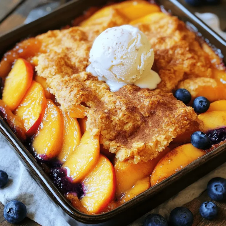 To make a peach blueberry cobbler, you'll need some simple, fresh ingredients. Here’s what to gather: - 4 ripe peaches, peeled and sliced - 2 cups fresh blueberries - 1/2 cup granulated sugar - 1 teaspoon cinnamon - 1 teaspoon vanilla extract - 1 tablespoon lemon juice - 1 cup all-purpose flour - 1/2 cup brown sugar - 1 tablespoon baking powder - 1/2 teaspoon salt - 1/2 cup unsalted butter, melted - 1 cup milk These main ingredients create a sweet and fruity base for your cobbler. The peaches bring a juicy sweetness, while the blueberries add a burst of tart flavor. Want to make your cobbler extra special? Consider adding these optional ingredients: - 1/4 teaspoon nutmeg for warmth - 1 tablespoon of cornstarch to thicken the fruit - A splash of almond extract for a nutty twist - Fresh mint leaves for garnish These additions can deepen the flavors and make your dish stand out. Feel free to experiment with what you have on hand. If you don't have something on hand, you can easily swap ingredients. Here are some ideas: - Use frozen peaches or blueberries for convenience - Substitute coconut milk for regular milk for a dairy-free option - If you're out of granulated sugar, brown sugar works well too - Use whole wheat flour instead of all-purpose flour for added nutrition With these flexible options, you can create a delicious cobbler that fits your pantry and taste. For the full recipe, check the earlier section. Start by washing your peaches and blueberries. Peel the peaches, then slice them into thin pieces. In a big bowl, mix the sliced peaches with 2 cups of fresh blueberries. Add 1/2 cup of granulated sugar, 1 teaspoon of cinnamon, 1 teaspoon of vanilla extract, and 1 tablespoon of lemon juice. Toss the fruit gently until it is well coated. This step brings out the fruit's sweet flavors. Once mixed, transfer it into a greased 9x13 inch baking dish. In a separate bowl, whisk together 1 cup of all-purpose flour, 1/2 cup of brown sugar, 1 tablespoon of baking powder, and 1/2 teaspoon of salt. Pour in 1/2 cup of melted unsalted butter and 1 cup of milk. Stir until just combined. Don’t worry if it looks lumpy; this is normal! You want a batter that is thick but still spreadable. Spoon the cobbler batter evenly over the fruit mixture in your baking dish. Now, it’s time to bake your cobbler! Preheat your oven to 375°F (190°C). Place your cobbler in the oven and bake for 30-35 minutes. Keep an eye on it. You want the top to turn golden brown and the fruit to bubble around the edges. Once it looks perfect, remove it from the oven. Let it cool for about 10 minutes before serving. For a delightful touch, serve it warm with a scoop of vanilla ice cream or whipped cream on top. Enjoy! To get the best texture, use ripe peaches. They should feel soft yet firm. Fresh blueberries add a juicy burst. The batter should be thick but not dry. Spoon it gently over the fruit. This keeps the fruit from sinking. Bake until the top is golden brown and the fruit bubbles. You can add a pinch of nutmeg with the cinnamon. This gives a warm taste. Fresh mint leaves are great for a fresh kick. Try using almond extract instead of vanilla for a twist. You can also mix in a bit of orange zest for added brightness. One mistake is using overly ripe fruit. It can turn mushy in the oven. Another is overmixing the batter. This can make the cobbler dense. Make sure your oven is preheated. A cold oven can lead to uneven baking. Lastly, don’t rush the cooling time. It helps the cobbler set properly and makes serving easier. {{image_2}} To make a gluten-free version, swap the all-purpose flour with a gluten-free blend. Look for a blend that has xanthan gum. This gum helps with texture and binding. Use the same amount of gluten-free flour as the recipe calls for. The rest of the ingredients stay the same. You will still enjoy that sweet, fruity goodness. To make this cobbler vegan, replace the milk with almond milk or oat milk. For the butter, use coconut oil or a vegan butter substitute. Simply melt it like you would with regular butter. The rest of the recipe remains unchanged. You will still get a delightful taste and texture without any animal products. Want to switch things up? Try other fruits for a fun twist. Apples and raspberries work great together. You can also mix strawberries and peaches for a summer delight. Cherries add a nice tartness that pairs well with blueberries. Mix and match to find your favorite combo. Each fruit brings its own flavor profile, making each cobbler unique. To store leftover cobbler, let it cool first. Place it in an airtight container. You can keep it in the fridge for up to three days. This helps maintain its texture and flavor. Cover the top with plastic wrap to prevent drying out. If you want to freeze your cobbler, wait until it cools completely. Cut it into slices for easier thawing. Wrap each slice tightly in plastic wrap. Then, place the wrapped slices in a freezer-safe bag or container. You can freeze it for up to three months. Make sure to label the bag with the date. To reheat your cobbler, preheat the oven to 350°F (175°C). Place the cobbler in an oven-safe dish. Cover it with foil to keep it moist. Heat it for about 20 minutes. For individual slices, microwave them for about 30-45 seconds. Enjoy your delicious cobbler warm, just like when it was fresh! For the full recipe, check the section above. Yes, you can use frozen fruit. Just make sure to thaw and drain them first. This helps avoid extra water in your cobbler. Frozen peaches and blueberries work well, too. Your cobbler is done when it is golden brown on top. The fruit should bubble around the edges. A toothpick inserted in the batter should come out clean, showing it has cooked through. I love serving my cobbler warm with a scoop of vanilla ice cream. Whipped cream is another great choice. Fresh mint leaves add a nice touch too! Yes, you can prepare the fruit and batter ahead of time. Just store them separately in the fridge. When ready to bake, combine them in the baking dish and follow the baking instructions. For the complete recipe, check out the Full Recipe section. You’ll find all the steps and ingredients needed for this yummy dish. Peach blueberry cobbler is delicious and easy to make. We explored key ingredients, prep steps, and helpful tips. We also looked at tasty variations, storage tips, and answers to common questions. Remember, you can use fresh or frozen fruit depending on what you have. With practice, you’ll avoid common mistakes and nail the perfect texture. This recipe lets you enjoy fresh flavors any time. Happy baking, and enjoy your cobbler with friends and family!