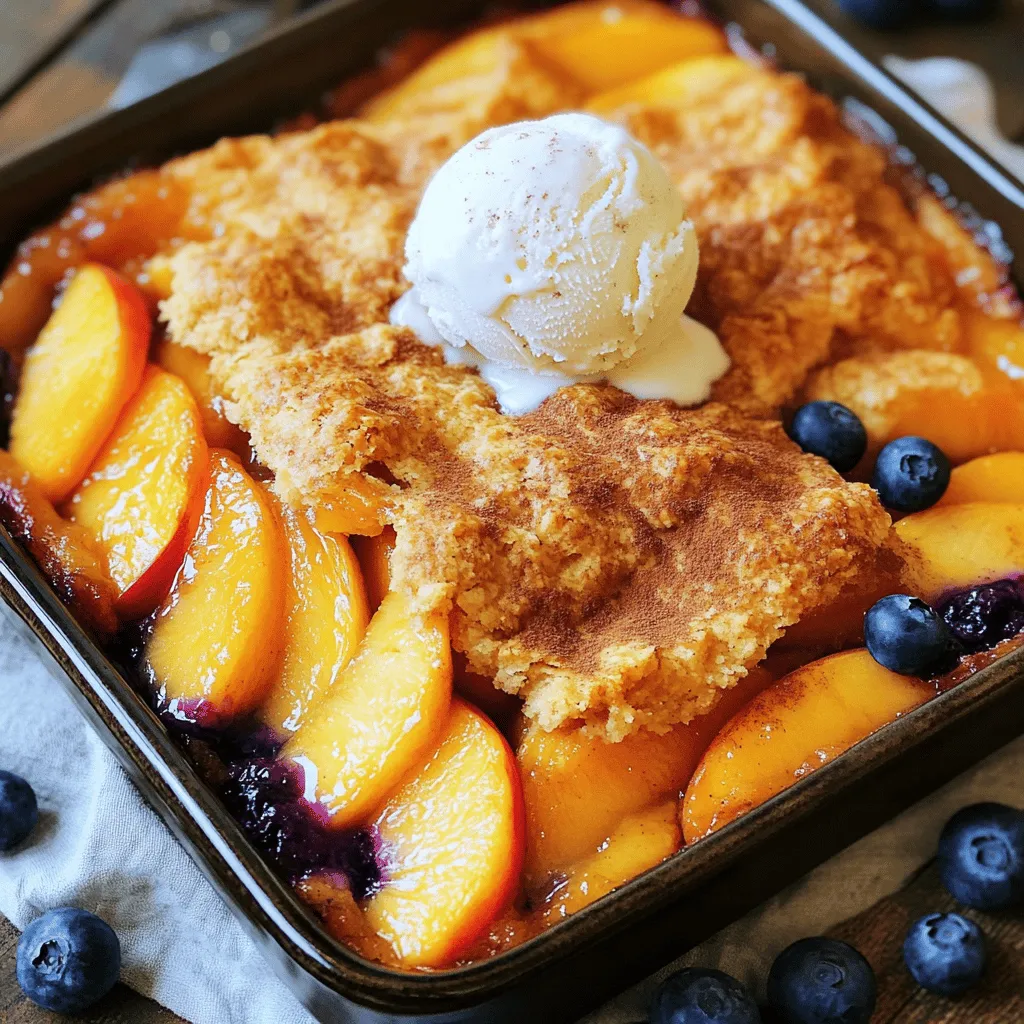 To make a peach blueberry cobbler, you'll need some simple, fresh ingredients. Here’s what to gather: - 4 ripe peaches, peeled and sliced - 2 cups fresh blueberries - 1/2 cup granulated sugar - 1 teaspoon cinnamon - 1 teaspoon vanilla extract - 1 tablespoon lemon juice - 1 cup all-purpose flour - 1/2 cup brown sugar - 1 tablespoon baking powder - 1/2 teaspoon salt - 1/2 cup unsalted butter, melted - 1 cup milk These main ingredients create a sweet and fruity base for your cobbler. The peaches bring a juicy sweetness, while the blueberries add a burst of tart flavor. Want to make your cobbler extra special? Consider adding these optional ingredients: - 1/4 teaspoon nutmeg for warmth - 1 tablespoon of cornstarch to thicken the fruit - A splash of almond extract for a nutty twist - Fresh mint leaves for garnish These additions can deepen the flavors and make your dish stand out. Feel free to experiment with what you have on hand. If you don't have something on hand, you can easily swap ingredients. Here are some ideas: - Use frozen peaches or blueberries for convenience - Substitute coconut milk for regular milk for a dairy-free option - If you're out of granulated sugar, brown sugar works well too - Use whole wheat flour instead of all-purpose flour for added nutrition With these flexible options, you can create a delicious cobbler that fits your pantry and taste. For the full recipe, check the earlier section. Start by washing your peaches and blueberries. Peel the peaches, then slice them into thin pieces. In a big bowl, mix the sliced peaches with 2 cups of fresh blueberries. Add 1/2 cup of granulated sugar, 1 teaspoon of cinnamon, 1 teaspoon of vanilla extract, and 1 tablespoon of lemon juice. Toss the fruit gently until it is well coated. This step brings out the fruit's sweet flavors. Once mixed, transfer it into a greased 9x13 inch baking dish. In a separate bowl, whisk together 1 cup of all-purpose flour, 1/2 cup of brown sugar, 1 tablespoon of baking powder, and 1/2 teaspoon of salt. Pour in 1/2 cup of melted unsalted butter and 1 cup of milk. Stir until just combined. Don’t worry if it looks lumpy; this is normal! You want a batter that is thick but still spreadable. Spoon the cobbler batter evenly over the fruit mixture in your baking dish. Now, it’s time to bake your cobbler! Preheat your oven to 375°F (190°C). Place your cobbler in the oven and bake for 30-35 minutes. Keep an eye on it. You want the top to turn golden brown and the fruit to bubble around the edges. Once it looks perfect, remove it from the oven. Let it cool for about 10 minutes before serving. For a delightful touch, serve it warm with a scoop of vanilla ice cream or whipped cream on top. Enjoy! To get the best texture, use ripe peaches. They should feel soft yet firm. Fresh blueberries add a juicy burst. The batter should be thick but not dry. Spoon it gently over the fruit. This keeps the fruit from sinking. Bake until the top is golden brown and the fruit bubbles. You can add a pinch of nutmeg with the cinnamon. This gives a warm taste. Fresh mint leaves are great for a fresh kick. Try using almond extract instead of vanilla for a twist. You can also mix in a bit of orange zest for added brightness. One mistake is using overly ripe fruit. It can turn mushy in the oven. Another is overmixing the batter. This can make the cobbler dense. Make sure your oven is preheated. A cold oven can lead to uneven baking. Lastly, don’t rush the cooling time. It helps the cobbler set properly and makes serving easier. {{image_2}} To make a gluten-free version, swap the all-purpose flour with a gluten-free blend. Look for a blend that has xanthan gum. This gum helps with texture and binding. Use the same amount of gluten-free flour as the recipe calls for. The rest of the ingredients stay the same. You will still enjoy that sweet, fruity goodness. To make this cobbler vegan, replace the milk with almond milk or oat milk. For the butter, use coconut oil or a vegan butter substitute. Simply melt it like you would with regular butter. The rest of the recipe remains unchanged. You will still get a delightful taste and texture without any animal products. Want to switch things up? Try other fruits for a fun twist. Apples and raspberries work great together. You can also mix strawberries and peaches for a summer delight. Cherries add a nice tartness that pairs well with blueberries. Mix and match to find your favorite combo. Each fruit brings its own flavor profile, making each cobbler unique. To store leftover cobbler, let it cool first. Place it in an airtight container. You can keep it in the fridge for up to three days. This helps maintain its texture and flavor. Cover the top with plastic wrap to prevent drying out. If you want to freeze your cobbler, wait until it cools completely. Cut it into slices for easier thawing. Wrap each slice tightly in plastic wrap. Then, place the wrapped slices in a freezer-safe bag or container. You can freeze it for up to three months. Make sure to label the bag with the date. To reheat your cobbler, preheat the oven to 350°F (175°C). Place the cobbler in an oven-safe dish. Cover it with foil to keep it moist. Heat it for about 20 minutes. For individual slices, microwave them for about 30-45 seconds. Enjoy your delicious cobbler warm, just like when it was fresh! For the full recipe, check the section above. Yes, you can use frozen fruit. Just make sure to thaw and drain them first. This helps avoid extra water in your cobbler. Frozen peaches and blueberries work well, too. Your cobbler is done when it is golden brown on top. The fruit should bubble around the edges. A toothpick inserted in the batter should come out clean, showing it has cooked through. I love serving my cobbler warm with a scoop of vanilla ice cream. Whipped cream is another great choice. Fresh mint leaves add a nice touch too! Yes, you can prepare the fruit and batter ahead of time. Just store them separately in the fridge. When ready to bake, combine them in the baking dish and follow the baking instructions. For the complete recipe, check out the Full Recipe section. You’ll find all the steps and ingredients needed for this yummy dish. Peach blueberry cobbler is delicious and easy to make. We explored key ingredients, prep steps, and helpful tips. We also looked at tasty variations, storage tips, and answers to common questions. Remember, you can use fresh or frozen fruit depending on what you have. With practice, you’ll avoid common mistakes and nail the perfect texture. This recipe lets you enjoy fresh flavors any time. Happy baking, and enjoy your cobbler with friends and family!