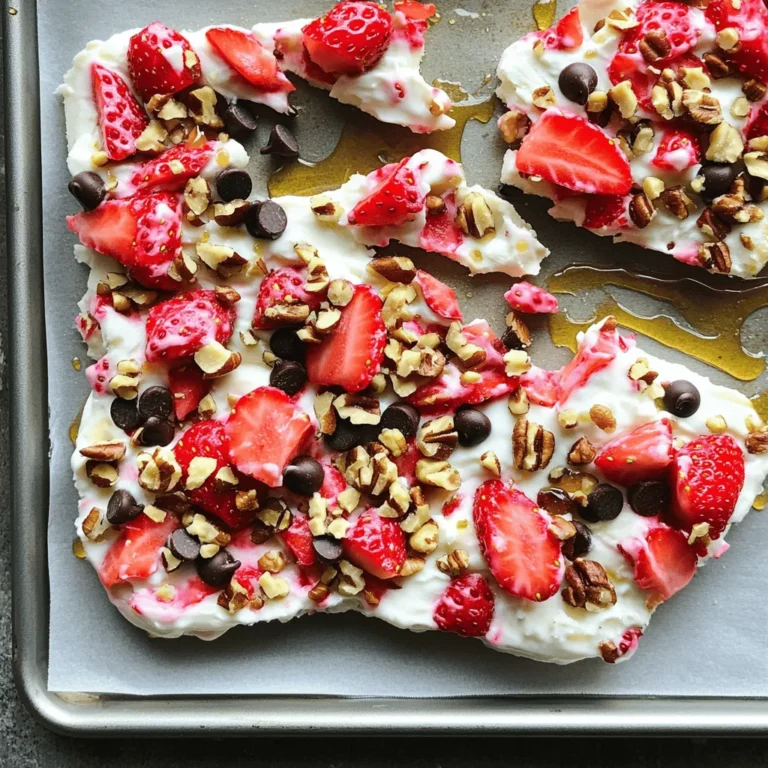 - 2 cups plain Greek yogurt - 2 tablespoons honey or maple syrup - 1 teaspoon vanilla extract - 1 cup fresh strawberries, hulled and sliced - ¼ cup dark chocolate chips (or your choice of chocolate) - 2 tablespoons chopped nuts (almonds or walnuts) When making Frozen Yogurt Strawberry Bark, these ingredients create a creamy and sweet treat. The Greek yogurt gives a thick base. Honey or maple syrup adds the right amount of sweetness. Vanilla extract boosts the flavor and makes it delightful. Fresh strawberries bring a juicy burst to each bite. Chocolate chips add a little richness, while chopped nuts give a nice crunch. You can mix and match these items to suit your taste. - Variety of fruits (bananas, blueberries, etc.) - Alternative sweeteners (agave syrup, stevia) - Different toppings (coconut flakes, seeds) Feel free to get creative! You can add other fruits like bananas or blueberries. If you want it sweeter, try agave syrup or stevia. For fun toppings, consider coconut flakes or seeds. The options are endless! - In a mixing bowl, combine Greek yogurt, honey, and vanilla extract. - Stir until the mixture is smooth. - Line a baking sheet with parchment paper or a silicone mat. - Pour the yogurt mixture onto the lined baking sheet. - Use a spatula to spread it into an even rectangle, about ½ inch thick. - Arrange the sliced strawberries over the yogurt layer. - Press the strawberries in slightly so they stick. - Sprinkle chocolate chips and chopped nuts evenly on top. - Place the baking sheet in the freezer. - Freeze for about 4-6 hours, or until it is completely firm. - Once frozen, remove it from the freezer. - Break the yogurt bark into pieces using your hands or a sharp knife. For the full recipe, check the details above. Enjoy your tasty and refreshing treat! To get the best texture, yogurt thickness is key. Use thick Greek yogurt for a creamy bark. If the yogurt is too runny, it will freeze unevenly. Spread it out on the baking sheet evenly, about half an inch thick. This helps it freeze better and creates a nice bite. Enhancing flavor can make your bark special. You might add citrus zest like lemon or orange for a fresh twist. Consider mixing in spices like cinnamon or nutmeg for warmth. Even a drop of almond or mint extract can change the flavor profile. Be creative and try different combinations that excite your palate. For presentation, serve your frozen bark on a colorful plate. You can garnish it with fresh strawberries or a drizzle of honey for flair. Pair it with fresh fruit or yogurt dips for a fun snack. This makes it not just tasty but also visually appealing. {{image_2}} You can change the flavor of your Frozen Yogurt Strawberry Bark by using different types of yogurt. Here are some fun ideas: - Flavored yogurts: Try strawberry, vanilla, or coconut yogurt. Each adds a unique taste. - Non-dairy alternatives: Use almond, coconut, or soy yogurt for a tasty vegan option. These are creamy and delicious. Seasonal fruits can make your bark special and exciting. Here are a few ideas: - Using seasonal fruits: In summer, add blueberries or peaches. In fall, think about apples or pears. Each fruit gives a fresh twist. - Holiday-themed toppings: During the holidays, you can sprinkle crushed peppermint or a touch of cinnamon on top. This adds festive flavor and looks great. You can easily adjust the recipe to fit different diets. Consider these options: - Gluten-free options: All the ingredients in the recipe are gluten-free. Enjoy with confidence! - Nut-free variations: If you need to avoid nuts, just skip the chopped nuts. The bark still tastes great without them. Experimenting with these variations can make your Frozen Yogurt Strawberry Bark even better! For the complete recipe, check out the Full Recipe. To keep your Frozen Yogurt Strawberry Bark fresh, use an airtight container. Glass or plastic containers work well. Make sure the bark pieces do not touch each other. This way, they won’t stick together. You can also wrap pieces in parchment paper before placing them in the container. This adds an extra layer of protection and makes it easy to grab a piece when you want one. You can store the yogurt bark in the freezer for about 2 to 3 months. After this time, it may still be safe to eat but could lose its flavor and texture. Signs of spoilage include freezer burn, an off smell, or a change in color. If you notice these signs, it’s best to toss it out. When you are ready to enjoy the bark, take it out of the freezer. The best way to thaw it is to let it sit at room temperature for about 10 to 15 minutes. This makes it easier to bite into. If you want to use thawed bark in other recipes, try crumbling it over yogurt or mixing it into smoothies. You can even add it to your morning oatmeal for a tasty twist! Frozen Yogurt Strawberry Bark lasts for about 1 to 2 months in the freezer. To keep it fresh, store it in an airtight container. This way, you can enjoy this tasty treat for weeks! Yes, you can easily make this recipe dairy-free. Use a non-dairy yogurt, like coconut or almond yogurt. These options work well and still give you a creamy texture. You can use many fruits in Frozen Yogurt Strawberry Bark. Some great options are bananas, blueberries, raspberries, or peaches. Feel free to mix and match to create your favorite combo! Yes, Frozen Yogurt Strawberry Bark can be a healthy snack. It has protein from Greek yogurt and vitamins from fresh fruit. Just watch the added sugar if you use honey or syrup. To adjust sweetness, you can add less honey or maple syrup. You can also use a sugar substitute. Taste the yogurt mixture before freezing to find the perfect balance. Absolutely! Adding protein powder boosts the nutrition. Just mix in a scoop when combining the yogurt with honey and vanilla. This change makes it a great post-workout snack. To cut the frozen bark, let it sit for a minute at room temperature. Then, use a sharp knife to slice it into pieces. You can also break it by hand for a fun, rustic look. This recipe for frozen yogurt strawberry bark combines healthy ingredients with great flavor. You can make it with simple steps, and there are many ways to customize it. Remember to use thick yogurt and try different toppings for the best taste. This treat can fit any diet with just a few swaps. Store it well in your freezer, and enjoy it for weeks. With this guide, you can impress your friends and family with a fun and tasty snack!