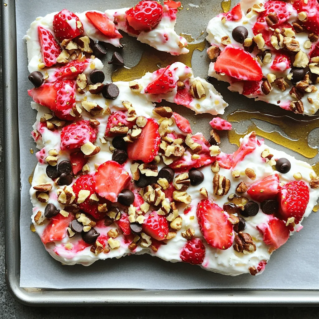 - 2 cups plain Greek yogurt - 2 tablespoons honey or maple syrup - 1 teaspoon vanilla extract - 1 cup fresh strawberries, hulled and sliced - ¼ cup dark chocolate chips (or your choice of chocolate) - 2 tablespoons chopped nuts (almonds or walnuts) When making Frozen Yogurt Strawberry Bark, these ingredients create a creamy and sweet treat. The Greek yogurt gives a thick base. Honey or maple syrup adds the right amount of sweetness. Vanilla extract boosts the flavor and makes it delightful. Fresh strawberries bring a juicy burst to each bite. Chocolate chips add a little richness, while chopped nuts give a nice crunch. You can mix and match these items to suit your taste. - Variety of fruits (bananas, blueberries, etc.) - Alternative sweeteners (agave syrup, stevia) - Different toppings (coconut flakes, seeds) Feel free to get creative! You can add other fruits like bananas or blueberries. If you want it sweeter, try agave syrup or stevia. For fun toppings, consider coconut flakes or seeds. The options are endless! - In a mixing bowl, combine Greek yogurt, honey, and vanilla extract. - Stir until the mixture is smooth. - Line a baking sheet with parchment paper or a silicone mat. - Pour the yogurt mixture onto the lined baking sheet. - Use a spatula to spread it into an even rectangle, about ½ inch thick. - Arrange the sliced strawberries over the yogurt layer. - Press the strawberries in slightly so they stick. - Sprinkle chocolate chips and chopped nuts evenly on top. - Place the baking sheet in the freezer. - Freeze for about 4-6 hours, or until it is completely firm. - Once frozen, remove it from the freezer. - Break the yogurt bark into pieces using your hands or a sharp knife. For the full recipe, check the details above. Enjoy your tasty and refreshing treat! To get the best texture, yogurt thickness is key. Use thick Greek yogurt for a creamy bark. If the yogurt is too runny, it will freeze unevenly. Spread it out on the baking sheet evenly, about half an inch thick. This helps it freeze better and creates a nice bite. Enhancing flavor can make your bark special. You might add citrus zest like lemon or orange for a fresh twist. Consider mixing in spices like cinnamon or nutmeg for warmth. Even a drop of almond or mint extract can change the flavor profile. Be creative and try different combinations that excite your palate. For presentation, serve your frozen bark on a colorful plate. You can garnish it with fresh strawberries or a drizzle of honey for flair. Pair it with fresh fruit or yogurt dips for a fun snack. This makes it not just tasty but also visually appealing. {{image_2}} You can change the flavor of your Frozen Yogurt Strawberry Bark by using different types of yogurt. Here are some fun ideas: - Flavored yogurts: Try strawberry, vanilla, or coconut yogurt. Each adds a unique taste. - Non-dairy alternatives: Use almond, coconut, or soy yogurt for a tasty vegan option. These are creamy and delicious. Seasonal fruits can make your bark special and exciting. Here are a few ideas: - Using seasonal fruits: In summer, add blueberries or peaches. In fall, think about apples or pears. Each fruit gives a fresh twist. - Holiday-themed toppings: During the holidays, you can sprinkle crushed peppermint or a touch of cinnamon on top. This adds festive flavor and looks great. You can easily adjust the recipe to fit different diets. Consider these options: - Gluten-free options: All the ingredients in the recipe are gluten-free. Enjoy with confidence! - Nut-free variations: If you need to avoid nuts, just skip the chopped nuts. The bark still tastes great without them. Experimenting with these variations can make your Frozen Yogurt Strawberry Bark even better! For the complete recipe, check out the Full Recipe. To keep your Frozen Yogurt Strawberry Bark fresh, use an airtight container. Glass or plastic containers work well. Make sure the bark pieces do not touch each other. This way, they won’t stick together. You can also wrap pieces in parchment paper before placing them in the container. This adds an extra layer of protection and makes it easy to grab a piece when you want one. You can store the yogurt bark in the freezer for about 2 to 3 months. After this time, it may still be safe to eat but could lose its flavor and texture. Signs of spoilage include freezer burn, an off smell, or a change in color. If you notice these signs, it’s best to toss it out. When you are ready to enjoy the bark, take it out of the freezer. The best way to thaw it is to let it sit at room temperature for about 10 to 15 minutes. This makes it easier to bite into. If you want to use thawed bark in other recipes, try crumbling it over yogurt or mixing it into smoothies. You can even add it to your morning oatmeal for a tasty twist! Frozen Yogurt Strawberry Bark lasts for about 1 to 2 months in the freezer. To keep it fresh, store it in an airtight container. This way, you can enjoy this tasty treat for weeks! Yes, you can easily make this recipe dairy-free. Use a non-dairy yogurt, like coconut or almond yogurt. These options work well and still give you a creamy texture. You can use many fruits in Frozen Yogurt Strawberry Bark. Some great options are bananas, blueberries, raspberries, or peaches. Feel free to mix and match to create your favorite combo! Yes, Frozen Yogurt Strawberry Bark can be a healthy snack. It has protein from Greek yogurt and vitamins from fresh fruit. Just watch the added sugar if you use honey or syrup. To adjust sweetness, you can add less honey or maple syrup. You can also use a sugar substitute. Taste the yogurt mixture before freezing to find the perfect balance. Absolutely! Adding protein powder boosts the nutrition. Just mix in a scoop when combining the yogurt with honey and vanilla. This change makes it a great post-workout snack. To cut the frozen bark, let it sit for a minute at room temperature. Then, use a sharp knife to slice it into pieces. You can also break it by hand for a fun, rustic look. This recipe for frozen yogurt strawberry bark combines healthy ingredients with great flavor. You can make it with simple steps, and there are many ways to customize it. Remember to use thick yogurt and try different toppings for the best taste. This treat can fit any diet with just a few swaps. Store it well in your freezer, and enjoy it for weeks. With this guide, you can impress your friends and family with a fun and tasty snack!