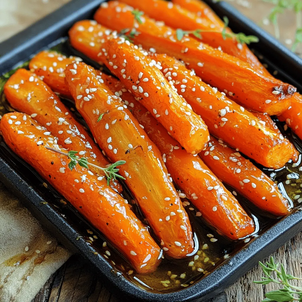 - 1 lb (450g) baby carrots - peeled and trimmed - 3 tablespoons honey - 3 tablespoons olive oil - 4 garlic cloves - minced - 1 teaspoon fresh thyme leaves (or 1/2 teaspoon dried thyme) - Salt and pepper to taste - Sesame seeds for garnish When I make Honey Garlic Roasted Carrots, I always start with fresh baby carrots. Their natural sweetness shines through. I peel and trim them to ensure they cook evenly. The honey gives a nice glaze, while olive oil helps them roast nicely. For flavor, I use minced garlic and fresh thyme. Garlic adds a savory punch, and thyme gives a warm, earthy note. I add salt and pepper to balance the sweetness. If you want to add a little flair, sesame seeds make a lovely garnish. They add crunch and look great. You can find the Full Recipe for more details. - Preheat oven to 400°F (200°C). - In a large bowl, whisk together honey, olive oil, minced garlic, thyme, salt, and pepper. Preparing your ingredients is key. Start with the honey and olive oil. These add flavor and help the carrots caramelize. The minced garlic gives a lovely aroma and taste. Thyme adds a nice herbal touch. Mixing these well ensures every carrot gets that sweet, savory flavor. - Toss baby carrots in the honey garlic mixture. - Ensure even coating for best flavor. Next, add the baby carrots to the bowl. Toss them gently in the honey garlic mix. Make sure every carrot gets coated. This step is important; it guarantees the carrots are flavorful. You want that sweet and garlicky taste in every bite. - Spread carrots on a baking sheet. - Roast for 25-30 minutes, flipping halfway through. Now, lay the coated carrots on a baking sheet. Make sure they are in a single layer. This helps them roast evenly. After 25-30 minutes, they should be tender and caramelized. Flip them halfway to get that perfect golden color. For the full recipe, look for the detailed instructions that guide you through these steps. Enjoy the delicious outcome! For the best caramelization, roast your carrots for 25 to 30 minutes. This time allows the natural sugars in the carrots to caramelize well. Flipping them halfway ensures even cooking and browning. Always spread the carrots out in a single layer on your baking sheet. Crowding them can lead to steaming instead of roasting. Give them space to breathe and roast to perfection. You can make these carrots even better! Try adding fresh herbs like rosemary or parsley. These herbs bring a nice touch to the sweet and savory flavors. If you want a sweeter taste, add more honey. If you prefer a bolder flavor, increase the garlic or add a pinch of chili flakes for heat. Adjust the salt and pepper to fit your taste. Honey garlic roasted carrots pair well with many main dishes. They go great with grilled chicken or baked fish. You can also serve them alongside a hearty grain salad for a complete meal. For a beautiful meal presentation, arrange the roasted carrots on a colorful platter. Drizzle some extra honey on top and sprinkle sesame seeds for an eye-catching touch. This makes your dish not only tasty but also visually appealing. {{image_2}} You can easily change the flavor of honey garlic roasted carrots. A fun twist is adding chili flakes. This gives a spicy kick that pairs well with the sweet honey. You can also try an Asian-inspired version. Just add soy sauce and ginger for a new taste. These changes will make your dish stand out and excite your guests. You don’t have to roast these carrots in the oven. An air fryer works great too. It cooks the carrots faster while keeping them crispy. For a different texture, try stovetop sautéing. This method allows you to stir constantly, which helps create a nice glaze. If you want to switch things up, try using other vegetables. Parsnips or sweet potatoes can replace carrots. They both offer a unique flavor. Another option is to swap honey for maple syrup. This gives the dish a different sweetness that many people enjoy. You can find the full recipe for honey garlic roasted carrots online for more details on these variations. To store leftovers in the fridge, let the carrots cool first. Place them in an airtight container. This keeps them fresh for about 3 to 5 days. You can use glass or plastic containers, but glass works best for keeping flavors intact. When reheating, the oven is your best friend. Preheat it to 350°F (175°C). Spread the carrots on a baking sheet and heat for about 10 minutes. This method keeps the texture and flavor great. If you're in a hurry, you can use the microwave. Just heat them in short bursts, stirring in between. Yes, you can freeze honey garlic roasted carrots! Make sure they are cool before packing them in a freezer bag. Remove as much air as possible. For thawing, leave them in the fridge overnight. Reheat them in the oven to keep their texture nice and firm. Honey garlic roasted carrots can last about 3 to 5 days in the fridge. Store them in an airtight container to keep them fresh. If you want to keep them longer, consider freezing. Using frozen carrots is possible, but fresh carrots work best. Frozen carrots may lose some crunchiness when cooked. If you use frozen, adjust the cooking time. You might need to roast them a bit longer to achieve tenderness. Serve the carrots warm as a side dish. They pair well with chicken, fish, or steak. You can also add a sprinkle of sesame seeds for a nice finish. For a colorful touch, try adding fresh herbs as a garnish. You can prep the carrots in advance. Toss them in the honey garlic mixture and store them in the fridge for up to 24 hours. When you’re ready, roast them just before serving. This way, you save time on busy days. Yes, you can double the recipe easily. Just make sure to use a larger baking sheet. Spread the carrots out in a single layer for even cooking. If you crowd them, they may steam instead of roast, which affects their flavor. You can find the full recipe in earlier sections. This blog post covered the ingredients, steps, and tips for making honey garlic roasted carrots. You learned how to prepare and roast carrots to achieve great flavor and texture. I shared ideas for variations and storage as well. Enjoying this dish is easy, whether you make it as a side or try some of the fun twists. Keep these tips in mind for delicious results every time. Happy cooking!