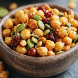 - 1 can of chickpeas - Olive oil and spices - Nuts, seeds, and dried fruit additions The main star of this snack mix is the chickpeas. They provide a great base. You can use one can of chickpeas, which is about 15 ounces. Make sure to drain and rinse them well. This helps remove excess salt and gives a clean taste. Next, we need olive oil and spices. Olive oil adds richness and helps the spices stick. I love using garlic powder, smoked paprika, cumin, salt, and black pepper. These make the chickpeas full of flavor. Finally, add nuts, seeds, and dried fruit. I like using a cup of mixed nuts, like almonds and cashews. They add crunch and healthy fats. For sweetness, you can add dried cranberries or raisins. Pumpkin seeds give a nice texture too. - Sweeteners like honey or maple syrup - Different seasoning blends You can also add a touch of sweetness with honey or maple syrup. This is optional but can balance the flavors. You can mix in different seasoning blends for variety. Try chili powder for a spicy kick or cinnamon for a sweet twist. - High in protein and fiber - Vitamins and minerals Chickpeas are not just tasty; they are also healthy. They are high in protein and fiber, making them filling. This means they can keep you satisfied longer. Chickpeas also provide essential vitamins and minerals. They support overall health and energy. Enjoy this snack mix as a tasty boost to your day! 1. Preheat your oven to 400°F (200°C). This step is key for that perfect crunch. 2. Prepare the chickpeas. After draining and rinsing them, use paper towels to pat them dry. This removes extra water. Drying is vital. It helps achieve that crispy texture. 1. Roast the chickpeas. In a bowl, mix the chickpeas with olive oil, garlic powder, smoked paprika, cumin, salt, and black pepper. Toss them well. Spread the chickpeas on a baking sheet in one layer. Bake for 20-25 minutes. Shake the pan halfway through for even cooking. They should be golden brown and crispy when done. 2. Combine with other ingredients. While the chickpeas roast, mix nuts, dried cranberries, pumpkin seeds, and honey or maple syrup in another bowl. Once the chickpeas are ready, let them cool for a few minutes. Then, add them to the nut mixture. Toss gently to combine everything. - Achieving maximum crispiness: Ensure your chickpeas are very dry before roasting. The drier, the crispier. - Mixing ratios for flavors: Balance the chickpeas with nuts and dried fruit. Adjust the spices to match your taste. A little more spice can bring extra flavor to the mix. For the full recipe, refer to the Crispy Chickpea Snack Mix section. To make your crispy chickpea snack mix even better, try adding more spices or herbs. Some great options include: - Cayenne pepper for heat - Dried oregano for a fresh taste - Curry powder for a unique twist You can also explore different seasoning blends. A taco seasoning mix can give your snack a fun flair. Just remember to mix it well with the chickpeas and oil. One common mistake is not drying the chickpeas enough. If they are too wet, they won’t get crispy. Use paper towels to pat them dry after rinsing. Another issue is overcooking. Keep an eye on the time while roasting. Check for a golden brown color, which means they are done. If they burn, they will taste bitter. You can choose between baking and frying for this snack. Baking is easier and healthier. Just spread the chickpeas on a baking sheet and roast them. If you want to use an air fryer, it’s quick and still gets them crispy. Set the air fryer to 375°F (190°C) and cook for about 15 minutes. Shake the basket halfway through for even cooking. For the full recipe, check out the details above. {{image_2}} You can change the flavor of your crispy chickpea snack mix easily. For a spicy version, add chili powder. Start with one teaspoon and adjust to your taste. This will give your mix a nice kick. If you prefer a sweet snack, try cinnamon and sugar. Mix one teaspoon of cinnamon with one tablespoon of sugar. This combo adds warmth and sweetness, perfect for those who enjoy treats. Mixing different nuts or seeds can create unique tastes. Use almonds, cashews, or walnuts for crunch. You can also add sunflower seeds or sesame seeds if you want variety. Incorporating other legumes can add more texture. Try using roasted lentils or edamame. They will give your snack mix different flavors and keep it fun. You can change your mix based on the season. For holiday-specific mixes, add festive spices like nutmeg or cloves. You can even include dried fruits like apricots or figs for a holiday touch. During summer, focus on lighter ingredients. Use fresh herbs such as basil or mint. You might also swap in dried fruit like mango or pineapple for a tropical flavor. These variations keep your crispy chickpea snack mix exciting and fun to make. Feel free to experiment! For the full recipe, refer to the Crispy Chickpea Snack Mix section. For the best storage, use an airtight container. Glass jars or plastic containers with tight lids work well. Keep the mix in a cool, dry place. Avoid areas with high humidity or heat. This helps maintain its crunchy texture. Your crispy chickpea snack mix can last up to two weeks. Keep it stored properly to extend its freshness. Look for signs of spoilage, like a stale smell or soft texture. If the mix begins to lose its crunch, it’s best to discard it. If your snack mix loses its crunch, don’t worry! You can easily revive it. Spread the mix on a baking sheet and bake at 350°F for about 10 minutes. Check it often to avoid burning. If it still doesn’t get crispy, it may be time to toss it out. To get extra crispy chickpeas, start by drying them well. After rinsing, pat them with paper towels. This removes moisture. A dry surface helps them crisp up better. Next, roast them at a high heat, around 400°F (200°C). Bake them for 20-25 minutes. Shake the pan halfway through to ensure even cooking. For even better results, consider using an air fryer. This method gives a crunchier texture. Yes, Crispy Chickpea Snack Mix is a healthy option. Compared to chips or cookies, it has more protein and fiber. Chickpeas provide essential nutrients. They are low in fat and high in vitamins. Nuts add healthy fats, while dried fruits add natural sweetness. This mix can satisfy cravings without added sugars or unhealthy fats. It’s a great snack for anyone looking for a nutritious boost. You can use canned chickpeas for this recipe. They are quick and easy. Just drain and rinse them before use. If you prefer dry chickpeas, soak and cook them first. Canned chickpeas save time and work well for roasting. Both options can create a tasty snack mix. The choice depends on your time and preference. You can find store-bought crispy chickpea snacks in many grocery stores. Look for brands like Biena and The Good Bean. They offer different flavors, such as spicy or sweet. Check the snack aisle or health food section. Some online retailers sell these snacks, too. You can easily find tasty options without making them at home. Crispy chickpea snack mix is fun and easy to make. You learned about essential ingredients, preparation steps, and cooking methods. You can mix flavors and create your favorite version. Storing and reviving your snack is simple, too. Now, you can enjoy a healthy treat anytime. This snack is packed with protein and fiber. With a few tips, you can avoid common mistakes and enjoy great taste. Experiment with different ingredients and flavors. Your crispy chickpea mix will impress everyone. Enjoy your delicious, crunchy snack!