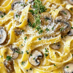 - Pasta (Spaghetti or Fettuccine) - Fresh Mushrooms (Cremini or Button) - Garlic and Aromatics To start, you need pasta. I love using spaghetti or fettuccine. Both types cook well and hold sauce nicely. Next, fresh mushrooms bring a rich, earthy taste. Cremini or button mushrooms are my go-to choices. They add great flavor and texture. Don’t forget garlic! It gives your dish a bold kick. Aromatics like onions can also enhance the taste. - Heavy Cream - Vegetable Broth - Grated Parmesan Cheese For that creamy texture, heavy cream is essential. It makes the sauce smooth and rich. Vegetable broth adds depth to the flavor. You can use homemade broth or store-bought. Grated Parmesan cheese is the final touch. It adds saltiness and umami, making the dish irresistible. - Dried Thyme - Salt and Pepper - Fresh Parsley Seasoning is key. I like to use dried thyme for its warm flavor. Salt and pepper enhance everything. Taste as you go to find the right balance. Finally, fresh parsley adds a pop of color and freshness. It makes your dish look gorgeous and taste bright. If you want the full recipe, check out the details above to create this comforting meal. - Preparing the Water: Start by filling a large pot with water. Add a good amount of salt. The salt helps flavor the pasta. Bring the water to a rolling boil. This is key for cooking pasta well. - Cooking Time and Method: Once the water boils, add 250g of spaghetti or fettuccine. Cook it according to the package instructions. Usually, this takes about 8 to 10 minutes. You want the pasta to be al dente, which means it should have a slight bite. When done, drain it and save a bit of the pasta water for later. - Ideal Skillet Temperature: Use a large skillet for this step. Heat 2 tablespoons of olive oil over medium heat. The oil should shimmer, which shows it’s hot enough. - Signs of Proper Cooking: Add 3 cloves of minced garlic to the skillet. Sauté for about 1 minute until it smells great. Then, add 300g of sliced mushrooms. Cook them for 5 to 7 minutes. They should become soft and golden brown. Stir them a few times for even cooking. - Combining Broth and Cream: Pour in 1 cup of vegetable broth. Bring it to a gentle simmer. Then, stir in 1 cup of heavy cream and 1 teaspoon of dried thyme. - Achieving the Right Consistency: Let this mixture simmer for 3 to 4 minutes. It should thicken slightly. If it gets too thick, add a splash of the reserved pasta water to adjust. The sauce should be creamy and luscious, ready to coat the pasta perfectly. Now that you have these steps, you can make a delicious creamy garlic mushroom pasta at home. For the full recipe, check out the instructions above! To get the sauce just right, you can adjust its thickness with pasta water. When you drain the pasta, save a bit of the water. If your sauce feels too thick, add a splash of this water. It helps loosen the sauce without losing flavor. Enhancing flavor with herbs can make a big difference. I love using dried thyme in this recipe. You can also try fresh herbs like basil or oregano. They add a fresh taste and aroma that brightens the dish. Achieving al dente texture is key for great pasta. Cook the spaghetti or fettuccine in salted boiling water. Follow the package instructions closely. This gives you that perfect firm bite. To prevent stickiness, stir the pasta while it cooks. After draining, toss it with a little olive oil. This keeps the pasta from clumping together when you mix it with the sauce. For accompaniments and pairings, think about a side salad or garlic bread. A crisp green salad balances the creamy pasta. Garlic bread is always a hit, adding extra flavor and texture. Presentation tips can elevate your dish. Serve the pasta in warm bowls. Sprinkle fresh parsley on top for a pop of color. Grate some extra Parmesan cheese for a fancy touch. This makes the dish not just tasty but also beautiful. For the complete recipe, check out the Full Recipe. {{image_2}} Adding Chicken or Shrimp You can add chicken or shrimp to make this dish heartier. Cook the protein first in the skillet. Use the same oil and garlic for flavor. Chicken thighs or shrimp work best. Cook until golden brown and then follow the creamy sauce steps. Vegetarian Options For a vegetarian twist, consider adding tofu or beans. Tofu absorbs flavors well. It adds protein without meat. Chickpeas are also tasty and filling. They add a nice texture to your meal. Utilizing Plant-Based Cream To make this dish vegan, swap heavy cream for plant-based cream. Almond, coconut, or cashew cream work great. They keep the dish rich and creamy. Adjust the amount based on your taste. Substitutions for Cheese For cheese lovers, use nutritional yeast instead of Parmesan. It adds a cheesy flavor without dairy. You can also try vegan cheese. Just make sure it melts well in the sauce. Experimenting with Wild Mushrooms Wild mushrooms can add unique flavors. Try shiitake, oyster, or portobello mushrooms. They bring a deep, earthy taste. Mix different types for a gourmet twist. Combining Varieties for Texture Combining mushrooms adds texture. Some mushrooms are soft, while others are meaty. This mix makes each bite exciting. You can use any blend you like, so have fun with it! For the full recipe, check out the Creamy Garlic Mushroom Pasta section. To store leftover creamy garlic mushroom pasta, cool it first. Place it in an airtight container. This helps keep the pasta fresh and tasty. Use glass or plastic containers with tight lids. They prevent air from getting in, which can spoil the food. If you want to freeze creamy garlic mushroom pasta, let it cool. Portion it into freezer-safe bags or containers. Squeeze out extra air before sealing. This helps avoid freezer burn. To thaw, place it in the fridge overnight. You can reheat it on the stove over low heat. Add a splash of water or broth to make it creamy again. In the fridge, your pasta lasts about 3 to 5 days. Check for signs of spoilage. If it smells off or looks moldy, toss it out. Always trust your nose and eyes. Keeping track of dates helps you enjoy your creamy garlic mushroom pasta safely. To make creamy garlic mushroom pasta gluten-free, choose gluten-free pasta. Many brands offer options like rice, quinoa, or chickpea pasta. Cook it just like regular pasta. Follow the package's instructions for the best results. The sauce works well with any pasta type, so enjoy your meal without worry! Yes, you can prepare this dish ahead of time. Cook the pasta and make the sauce separately. Store both in the fridge. When you're ready to eat, combine them in a skillet over medium heat. This keeps the pasta from getting soggy. You can also add a splash of broth to freshen it up. Experiment with herbs to enhance flavor! You can use fresh basil, oregano, or rosemary. Each herb adds a unique taste to the dish. Try mixing them for a new twist! Add them while cooking for the best flavor. Always taste and adjust as you go. In this blog post, we explored how to make a creamy garlic mushroom pasta. We covered essential ingredients, step-by-step cooking, tips for perfect sauce, variations, and storage advice. Each part plays a key role in your dish’s success. Remember, you can adjust flavors with herbs or try different mushrooms. Whether you add proteins or keep it vegetarian, there’s an option for everyone. Enjoy your cooking journey, and never hesitate to experiment with your ingredients!