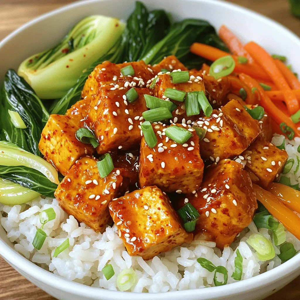 To make Spicy Korean Tofu Bowls, gather these ingredients: - 1 block (14 oz) firm tofu, pressed and cubed - 2 tablespoons gochujang (Korean red chili paste) - 1 tablespoon soy sauce - 1 tablespoon sesame oil - 1 tablespoon honey or maple syrup - 1 tablespoon rice vinegar - 1 cup jasmine rice - 1 ¾ cups vegetable broth or water - 1 cup bok choy, chopped - 1 carrot, julienned - 1 bell pepper, sliced - 2 green onions, chopped (for garnish) - Sesame seeds (for garnish) You can swap some ingredients if needed. If you want a different heat level, use less gochujang. For a soy-free option, try coconut aminos instead of soy sauce. You can also replace the jasmine rice with brown rice or quinoa for a healthier base. Don't have bok choy? Spinach or kale works well too. For a sweeter touch, use agave syrup instead of honey. Be creative and adjust to your taste! This dish packs a punch of nutrients. Tofu is a great source of protein and iron. It helps build muscle and keeps you full. The vegetables add vitamins A, C, and K. They also offer fiber, which is good for digestion. Gochujang gives a spicy kick and contains antioxidants. Jasmine rice provides energy through healthy carbs. Overall, these bowls are a balanced meal that supports your health and energy needs. Enjoy making this healthy and flavorful meal! Start by preheating your oven to 400°F (200°C). Press the tofu to get rid of extra moisture. This step helps the tofu soak up flavors better. Cut the pressed tofu into cubes. Next, make a marinade. Mix gochujang, soy sauce, sesame oil, honey or maple syrup, and rice vinegar in a bowl. Add the tofu cubes to the marinade and gently toss. Let the tofu sit for 15-20 minutes. This marinating time allows the flavors to blend and enhances the taste. While the tofu marinates, rinse the jasmine rice under cold water. Keep rinsing until the water runs clear. This step removes excess starch and makes the rice fluffier. In a saucepan, combine the rinsed rice and vegetable broth or water. Bring the mixture to a boil. Then, cover the pot and lower the heat. Let it simmer for 15 minutes, or until the rice is tender and the liquid is absorbed. Fluff the rice with a fork after cooking. Now, it’s time to cook the vegetables. Heat a splash of sesame oil in a large skillet over medium heat. Add the chopped bok choy, julienned carrot, and sliced bell pepper. Sauté these for about 5-7 minutes. You want them tender yet vibrant. Stir occasionally to avoid burning. This step adds color and nutrition to your dish. Once all components are ready, you will assemble your bowls. The full recipe guides you through the final steps of creating a delicious meal. Marinating tofu is key to great taste. Use gochujang, soy sauce, sesame oil, honey, and rice vinegar. This mix brings out the best in tofu. Let it soak for 15-20 minutes. The longer you marinate, the richer the flavor. If you like, try adding garlic or ginger for extra punch. Baking tofu makes it crispy and delicious. Preheat your oven to 400°F (200°C). Spread marinated tofu on a lined baking sheet. Bake for 25-30 minutes, flipping halfway through. This helps get an even golden color. Don't crowd the pan; it needs space to crisp up. Presentation matters! Start with a scoop of jasmine rice in each bowl. Top it with baked tofu and sautéed veggies. Add chopped green onions and sesame seeds for garnish. You can even drizzle a bit more sesame oil for extra flavor. This makes your meal look and taste amazing. For more details, check the Full Recipe. {{image_2}} If you want to make this dish vegetarian, you can swap tofu for tempeh or seitan. Both options are high in protein and have a great texture. Tempeh has a nuttier flavor, while seitan is chewy and meaty. You can use the same marinade for them. Just remember to adjust the cooking times. Tempeh needs less time in the oven, while seitan can take a bit longer. To amp up the heat, add sliced jalapeños or red pepper flakes to your tofu marinade. If you like a sweet and spicy mix, try adding more honey or maple syrup. You can also drizzle sriracha over the finished bowl for a bold kick. Another great option is to toss in some kimchi. It adds spice and a tangy crunch that pairs well with the tofu. While jasmine rice is a classic choice, you can switch it up with quinoa or brown rice for added texture and nutrition. Quinoa is high in protein and cooks quickly. Brown rice gives a chewy bite and a nutty taste. You can even use cauliflower rice for a low-carb option. Each grain will bring its unique flavor, making your spicy Korean tofu bowls even more exciting. To store leftovers, let the tofu bowls cool first. Place them in an airtight container. This keeps the food fresh and safe for later. You can keep them in the fridge for up to three days. Make sure to separate the tofu and veggies from the rice if you want to keep everything crisp. When reheating, you want to avoid soggy tofu. Use an oven or toaster oven for the best results. Preheat to 350°F (175°C). Place the tofu and veggies on a baking sheet. Heat for about 10-15 minutes until warm. For the rice, you can add a splash of water in a microwave-safe bowl. Cover it and heat for 1-2 minutes, stirring halfway. You can freeze these bowls for future meals! Let them cool completely, then package in freezer-safe containers. They will keep well for up to three months. When ready to eat, thaw in the fridge overnight before reheating. This way, you still enjoy the great flavors of your Spicy Korean Tofu Bowls. Yes, you can make this recipe spicier! If you like heat, add more gochujang. You can also sprinkle some red pepper flakes on top before serving. For a different kick, try adding sliced fresh chili peppers. Adjust the spice based on your taste. Enjoy the heat! If you don't have gochujang, you can use sriracha or chili paste. These options will give you some heat, but the flavor will differ. Mixing miso paste with a bit of hot sauce is another tasty choice. This will mimic the sweet and spicy taste of gochujang. The recipe is almost vegan! Just replace honey with maple syrup or agave nectar. This swap keeps the dish sweet without using animal products. Everything else in the recipe is already plant-based. Enjoy this vegan twist on a classic dish! You can find the full recipe for Spicy Korean Tofu Bowls above. This recipe includes all the steps and tips you need for cooking. Enjoy creating this dish at home! This blog post covered key ingredients, how to prepare them, and tasty variations. You learned about cooking tofu, jasmine rice, and veggies. I shared tips for flavor and crispiness, plus storage advice for leftovers. Try different spices or grains for a fun twist. Remember, cooking is all about creativity. Enjoy your meals and make them your own!