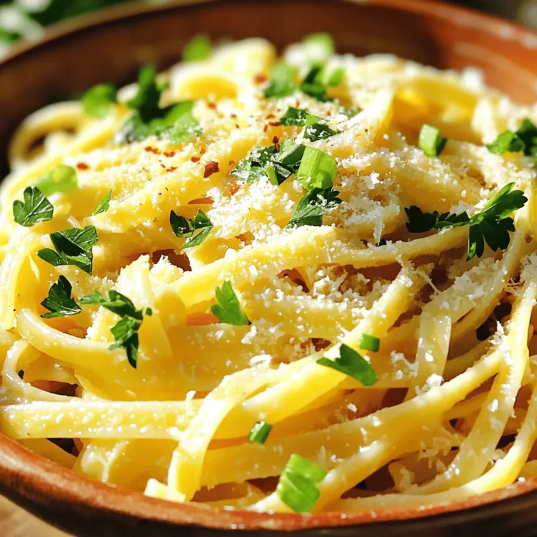 - 8 oz linguine or spaghetti - 4 tablespoons unsalted butter - 4 cloves garlic, minced - 1/4 cup grated Parmesan cheese - 2 tablespoons soy sauce These ingredients are simple but pack a lot of flavor. The pasta forms the base, while butter and garlic create a rich, savory sauce. Parmesan adds a nice touch of creaminess, and soy sauce gives it an umami kick. - 1/4 teaspoon red pepper flakes - 1 tablespoon sesame oil - 2 green onions, chopped - Fresh parsley, chopped for garnish These optional ingredients can elevate your dish. Red pepper flakes add heat, while sesame oil brings in a nutty flavor. Green onions and parsley add freshness and color. - Alternative pasta types: You can swap in gluten-free pasta or whole wheat options. - Vegan butter options: Use coconut oil or plant-based butter for a vegan twist. - Cheese substitutes: Nutritional yeast or cashew cheese works well for non-dairy diets. These substitutions help you tailor the recipe to your needs. Feel free to mix and match based on what you have in your kitchen. For the full recipe, check out the details above. 1. Bring a large pot of salted water to a boil. Add 8 oz of linguine or spaghetti. 2. Cook the pasta according to the package instructions. Aim for al dente, which usually takes about 8-10 minutes. 3. Al dente means the pasta is firm but not hard. It should have a slight bite to it. 4. Very important: Before draining, reserve 1/2 cup of the pasta water. This water helps adjust your sauce later. 1. In a large skillet, melt 4 tablespoons of unsalted butter over medium heat. 2. Once the butter is melted, add 4 cloves of minced garlic. Sauté for 1-2 minutes. 3. Watch the garlic closely. You want it fragrant but not browned. Burned garlic tastes bitter. 4. To add more flavor, stir in 1/4 teaspoon of red pepper flakes (if using), 2 tablespoons of soy sauce, and 1 tablespoon of sesame oil. Mix well. 5. Let the sauce cook for an extra minute to blend the flavors. 1. Add the drained noodles to the skillet with the butter sauce. Toss them to coat well. 2. If the noodles look dry, slowly add some of the reserved pasta water. This helps the sauce stick. 3. Next, stir in 1/4 cup of grated Parmesan cheese. Mix until it melts into the noodles. 4. Finally, season with salt and pepper to taste. 5. Garnish with chopped green onions and fresh parsley. Serve right away for the best flavor. For the full details on this recipe, check the Full Recipe. - Preventing burning garlic: Garlic burns quickly. Cook it on medium heat for 1-2 minutes. Watch it closely. Stir it often. This keeps the garlic fragrant and sweet. - Ensuring even coating of sauce: After adding the noodles, toss them well in the sauce. Use tongs to mix them. This helps each noodle get coated in that rich, buttery garlic goodness. - Balancing flavors to taste: Taste your dish as you cook. Adjust salt and pepper as needed. If you like it spicy, add more red pepper flakes. Balance is key to a great dish. - Best side dishes to complement the noodles: A fresh salad works well. You can also serve grilled veggies or garlic bread. These sides add color and crunch. - Wine or drink pairings: A crisp white wine pairs well. Try a Sauvignon Blanc. If you prefer non-alcoholic, go for sparkling water with lemon. - Serving suggestions: Serve the noodles in a large bowl. Garnish with extra parsley and Parmesan. This makes it look appealing and inviting. - Best skillet for cooking: A non-stick skillet is best. It helps cook the garlic evenly and prevents sticking. Look for one that heats well. - Recommended tools for meal prep: Use a sharp knife for chopping garlic and green onions. A sturdy cutting board is also helpful. A pasta pot with a strainer is a must for cooking noodles. - Storage containers for leftovers: Glass containers with tight lids work great. They keep your noodles fresh. Avoid using plastic wrap, as it may not seal well. For the full recipe, check [Full Recipe]. {{image_2}} You can make buttery garlic noodles even more tasty by adding proteins and vegetables. Here are some simple ideas: - Protein options: Add cooked chicken, shrimp, or tofu for extra flavor and nutrition. Each option brings a unique taste to the dish. - Vegetable inclusions: Toss in fresh spinach or bell peppers for color and crunch. These veggies add vitamins and make the dish more filling. - Alternative sauces: Try using alfredo or pesto instead of soy sauce. Each sauce gives a different twist to the classic flavor. If you have dietary needs, you can still enjoy buttery garlic noodles with these simple changes: - Gluten-free pasta options: Use gluten-free pasta to make this dish safe for those with gluten allergies. Many brands offer great taste and texture. - Vegan adaptations: Replace unsalted butter with vegan butter and skip the cheese. This keeps the dish creamy without dairy. - Low-sodium suggestions: Use low-sodium soy sauce or omit it altogether. This helps keep the dish heart-healthy. You can also explore different flavors from around the world. Here are some fun ideas: - Asian-inspired variations: Add ginger or sesame seeds for a more Asian flavor. You can also top with chopped cilantro. - Mediterranean influences: Mix in olives or sun-dried tomatoes. These ingredients add a nice salty flavor. - Creative fusion recipes: Combine flavors from different cuisines. For example, add curry powder for an exciting twist on the classic dish. Feel free to get creative with your buttery garlic noodles. Each variation can make this dish your own! For the complete recipe, check the Full Recipe section. To keep your Buttery Garlic Noodles fresh, place them in an airtight container. Refrigerate the noodles right after they cool down. They stay good in the fridge for about 3 to 5 days. When you reheat them, add a splash of water or broth. This keeps the noodles moist and tasty. You can freeze Buttery Garlic Noodles for later. First, let them cool completely. Then, transfer them to a freezer-safe bag or container. Squeeze out as much air as you can to avoid freezer burn. They will last in the freezer for about 2 to 3 months. When ready to eat, thaw them overnight in the fridge. Reheat them on the stove, adding a little butter or olive oil for flavor. Freshly made Buttery Garlic Noodles taste the best. The sauce clings well, and the garlic aroma is strong. Reheated noodles may lose some texture and flavor. They can feel softer, and the sauce may not stick as well. To enjoy the best taste, cook them fresh when possible. If reheating, add some fresh garlic or green onions to revive the flavors. How do I make Buttery Garlic Noodles spicy? To spice up your Buttery Garlic Noodles, add red pepper flakes. Start with 1/4 teaspoon. If you want more heat, add more as you cook. You can also try fresh chili slices for extra flavor. Can I use whole wheat pasta instead? Yes, you can use whole wheat pasta. It gives a nice nutty flavor. Just be mindful of the cooking time, as it may vary from regular pasta. What can I add to make it a complete meal? Add protein like grilled chicken or shrimp. You can also mix in veggies like spinach or bell peppers. This will make your dish hearty and balanced. Why did my garlic burn while cooking? Garlic burns easily. Cook it on medium heat and watch closely. If it starts to brown too fast, take it off the heat and stir quickly. How do I fix dry noodles? If your noodles are dry, add reserved pasta water slowly. Start with a tablespoon. Toss the noodles until they are coated nicely. What to do if my sauce is too salty? If your sauce is too salty, add a splash of water or some more pasta. This will help balance the flavors. You can also add a pinch of sugar to cut the saltiness. Can I double the recipe for larger servings? Yes, you can double the recipe. Just use a larger skillet. Make sure to mix well so all noodles get coated. What’s the best type of Parmesan to use? Use freshly grated Parmesan for the best flavor. It melts nicely and gives a rich taste. Avoid pre-grated cheese for this dish. How to make Buttery Garlic Noodles ahead of time? You can cook the noodles and sauce ahead. Store them separately in the fridge. When ready to eat, just reheat and combine them. Add a little water if needed to keep it moist. For the full recipe, check out the details above! Buttery garlic noodles are simple yet delicious. We covered essential ingredients and step-by-step instructions to help you cook this dish perfectly. Remember, you can customize your noodles with proteins and veggies. Don’t forget the tips and tricks to enhance flavors and avoid common mistakes. Storing the leftovers properly keeps your meal fresh for later. Enjoy making and sharing these buttery garlic noodles, knowing how versatile and satisfying they can be in any meal. Happy cooking!