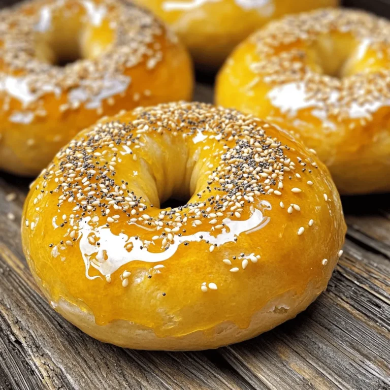 To make easy homemade bagels, you only need a few key ingredients: - 4 cups all-purpose flour - 1 tablespoon sugar - 1 tablespoon salt - 1 tablespoon instant yeast - 1 ½ cups warm water (about 110°F) - 2 tablespoons honey (for boiling) Each ingredient plays a vital role. The all-purpose flour gives the bagels their structure. Sugar helps the yeast grow and adds a slight sweetness. Salt adds flavor and controls yeast activity. Instant yeast makes the dough rise fast. Warm water activates the yeast. Honey gives the bagels a nice shine and flavor when boiled. Add some flair to your bagels with toppings. Here are some great options: - Sesame seeds - Poppy seeds - Everything bagel seasoning These toppings make your bagels more fun and tasty. You can mix and match them as you like. Try adding them while the bagels are still wet. This helps them stick better. For the full recipe, you can check out the detailed steps to make these delicious bagels. To start, you need to combine warm water, sugar, and instant yeast in a large bowl. Use about 1 ½ cups of warm water, around 110°F. Add 1 tablespoon of sugar and 1 tablespoon of instant yeast. Mix it well and let it sit for about 5 minutes. You will see it become frothy. This froth shows that the yeast is alive and ready to help your bagels rise. Next, it’s time to make the dough. Gradually add 4 cups of all-purpose flour and 1 tablespoon of salt to the yeast mixture. Stir everything together with a wooden spoon until a shaggy dough forms. Now, turn the dough onto a lightly floured surface. Knead it for about 8 to 10 minutes. You want the dough to feel smooth and elastic. This step is key to a good bagel texture. Once your dough is ready, let it rise. Place it in a greased bowl and cover it with a damp cloth. Let it sit in a warm place for about 1 hour. It should double in size. After it rises, punch it down gently. Divide the dough into 8 equal pieces. Shape each piece into a ball. Then, use your thumb to create a hole in the center, forming a bagel shape. Now, prepare to boil the bagels. In a large pot, bring 10 cups of water to a boil. Add 2 tablespoons of honey to the water. This will give your bagels a nice sheen. Lower each bagel into the boiling water one at a time. Boil them for 1 minute on each side. This step is crucial for that chewy texture we love in bagels. Next, preheat your oven to 425°F (220°C). Line a baking sheet with parchment paper to prevent sticking. After boiling, remove the bagels with a slotted spoon. Place them on the prepared baking sheet. While they are still wet, you can sprinkle your choice of toppings. Bake the bagels for 20 to 25 minutes, or until they are golden brown. Enjoy the smell as they bake! To get bagels with the best texture, kneading is key. Knead the dough for about 8 to 10 minutes. This builds gluten, making the bagels chewy and strong. Use a light touch when kneading. Make sure your work surface is not too sticky. A little flour helps keep things moving smoothly. Rising conditions are also vital. Find a warm spot in your kitchen. I like to place the bowl near a sunny window or in a slightly warm oven. Cover the dough with a damp cloth. This keeps it moist and helps it rise faster. The dough should double in size within an hour. One big mistake is overproofing the dough. If you let it rise too long, the bagels can collapse. Watch the dough closely. When it’s doubled, it’s ready to shape. Another mistake is using the wrong water temperature for boiling. The water should be just boiling, not too hot. Adding honey to the water gives your bagels a nice shine and flavor. This step is key to a great bagel. For mixing, use a large bowl. Glass or stainless steel works best. These materials help you see the dough rise. A sturdy wooden spoon is great for mixing the ingredients. When it comes to baking, use a baking sheet lined with parchment paper. This prevents sticking and makes cleanup easy. For kneading, a smooth surface like a countertop or a large cutting board is ideal. This gives you room to work and shape the dough well. {{image_2}} Bagels can be fun to change. You can make garlic and herb bagels by adding minced garlic, dried herbs, and olive oil to the dough. This mix gives you a tasty twist. For cheddar cheese bagels, fold in shredded cheese before shaping them. The cheese melts and creates a rich flavor. If you need a gluten-free option, you can use gluten-free flour. Look for a blend that works for baking. You should also adjust the yeast ratios. Gluten-free flour often needs more yeast for the right rise. You can make bagels that match the season. For fall, try pumpkin spice bagels. Add pumpkin puree and spices like cinnamon and nutmeg to the dough. This gives a warm flavor. For the holidays, create holiday-themed bagels. Top them with festive seeds or even colored sprinkles. You can find the full recipe for the basic bagel dough earlier. Enjoy experimenting! To keep your bagels fresh, store them at room temperature. Place them in a paper bag or a bread box. This keeps moisture away and prevents them from getting soggy. Avoid plastic bags, as they trap moisture and make the bagels soft. For long-term storage, freezing is a great option. Wrap each bagel in plastic wrap. Then, place them in a freezer-safe bag. This helps prevent freezer burn. You can freeze bagels for up to three months without losing flavor. When it’s time to enjoy your bagels, reheating is key to keeping them fresh. You can use an oven or a toaster. For the oven, preheat it to 350°F (175°C). Place the bagels on a baking sheet and heat for about 10 minutes. This keeps them crusty on the outside and warm inside. If you want a quicker option, use a toaster. Slice the bagel in half and toast it until golden brown. This method gives a nice crunch, perfect for enjoying with your favorite spread. Making bagels in advance can save you time. You can prepare the dough and shape the bagels. Then, let them rise and freeze them before boiling. This way, you can boil and bake them fresh later. Alternatively, you can freeze bagels after baking them. Just be sure to let them cool completely first. This ensures they stay fresh and tasty. When you’re ready, just reheat them as mentioned above. For the full recipe, check out the section on how to make these delicious bagels. Making bagels from scratch takes about 1 hour and 30 minutes total. Here’s the breakdown: - Prep Time: 15 minutes - Rising Time: 1 hour - Boiling and Baking Time: 20-25 minutes You can enjoy fresh bagels in just over an hour and a half! You must boil bagels before baking. Boiling gives bagels their chewy crust. It helps set the shape and enhances the texture. Without boiling, bagels will not have that classic bite. The secret to chewy bagels lies in the ingredients and technique. Use high-protein all-purpose flour. This flour creates a strong gluten structure. Knead the dough well for 8-10 minutes. This builds the gluten and improves the texture. You can use bread flour, but there are pros and cons. - Pros: - Higher protein content - Chewier texture - Cons: - May require more water - Can make dough tougher Both flours work, but all-purpose flour is best for beginners. For the full recipe, check out the details in the earlier section! Making homemade bagels is simple and fun. You only need a few essential ingredients, some time, and a bit of effort. By following clear steps, you can create bagels that impress everyone. Remember to think about variations and storage to keep your bagels fresh. Avoid common mistakes to ensure the best results. With practice, you will master the art of bagel making and enjoy delicious treats anytime. Now, get baking and savor the joy of your homemade bagels!
