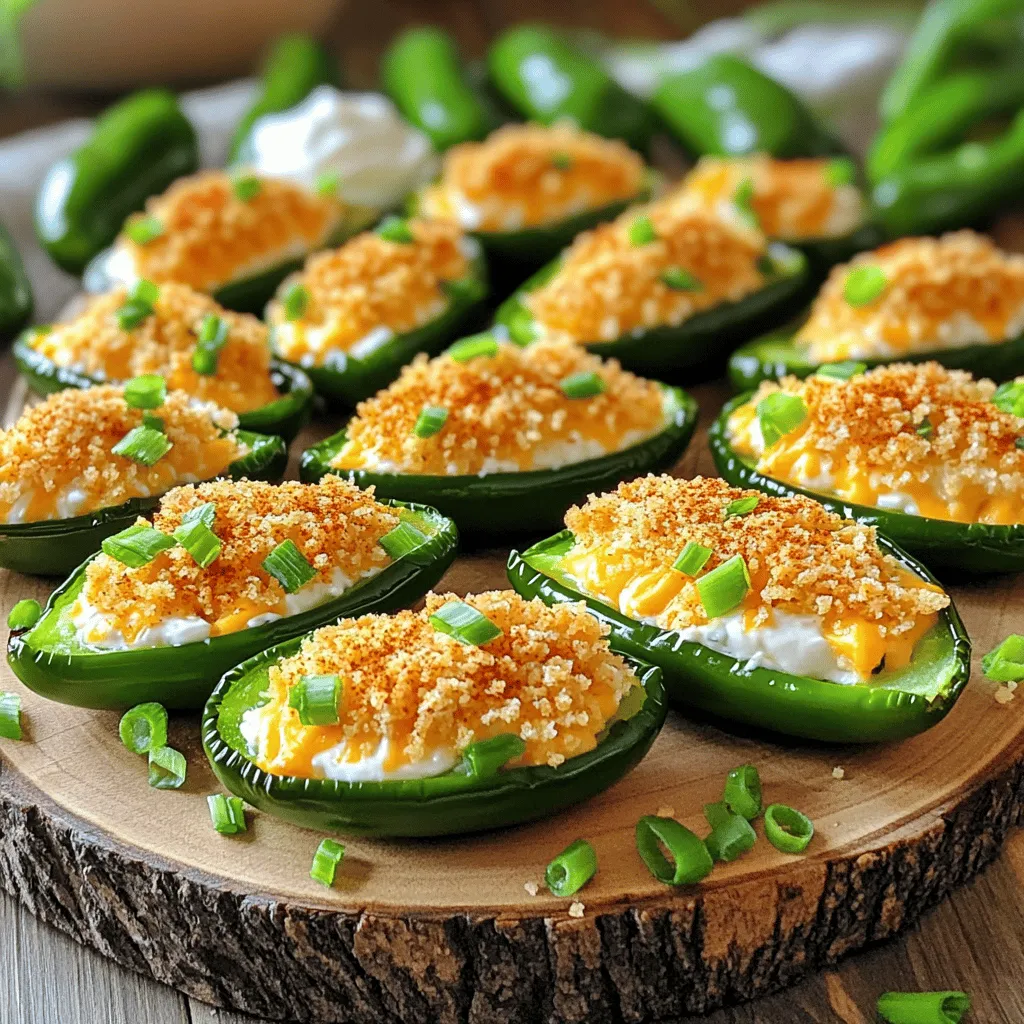 To make tasty baked jalapeno poppers, you need a few key ingredients. Here’s what you will use: - 12 fresh jalapeños - 8 oz cream cheese, softened - 1 cup shredded sharp cheddar cheese - 1/2 cup breadcrumbs - 1/4 cup green onions, finely chopped - 2 cloves garlic, minced - 1 teaspoon smoked paprika - 1/2 teaspoon cumin - Salt and pepper to taste - Olive oil (for drizzling) These ingredients work together to create a creamy and spicy filling. The jalapeños bring the heat, while the cheeses provide a rich texture. You can add extra flavor to your poppers with a few optional spices. Here are some ideas: - Chili powder for more heat - Onion powder for depth - Fresh herbs like cilantro for a fresh twist Feel free to experiment! Adding spices can change the taste of the poppers. This lets you customize them to fit your own style. Having the right tools makes cooking easier. Here’s what you will need: - A sharp knife for cutting jalapeños - Mixing bowls for combining ingredients - A baking sheet lined with parchment paper - A spoon for filling the jalapeños These tools help you prepare your poppers quickly and efficiently. With everything ready, you will enjoy making this dish from start to finish. For more details, check out the Full Recipe. First, gather your fresh jalapeños. You need twelve firm ones for the best flavor. Cut each pepper in half lengthwise. Use a small spoon to remove the seeds and membranes inside. Be careful; the seeds can be spicy. I recommend wearing gloves during this step. This helps protect your hands from the heat. Next, grab a medium bowl. Add 8 ounces of softened cream cheese. Then, toss in 1 cup of shredded sharp cheddar cheese. Add 1/4 cup of finely chopped green onions and 2 minced garlic cloves. Sprinkle in 1 teaspoon of smoked paprika and 1/2 teaspoon of cumin. Season with salt and pepper. Mix everything together until it's smooth and creamy. This filling is the heart of your poppers, so make sure it's well blended. Now, it’s time to fill those jalapeño halves. Spoon the cheese mixture into each pepper, filling them generously. Don’t be shy; the more filling, the better! In a small bowl, mix 1/2 cup of breadcrumbs with a drizzle of olive oil. This will help the breadcrumbs crisp up in the oven. Sprinkle the breadcrumb mixture over the cheese-filled jalapeños. Place the stuffed jalapeños on a baking sheet lined with parchment paper. Preheat your oven to 375°F (190°C). Bake the poppers for 20-25 minutes. Look for them to turn golden brown and tender. Once they’re done, let them cool a bit on the baking sheet. Enjoy these tasty bites right away! For the full recipe, check back for more details on preparation and presentation. When picking jalapeños, look for firm ones. They should be bright green with smooth skin. Avoid any soft or wrinkled peppers. Fresh jalapeños have a strong smell. This means they are ripe and ready for your poppers. You can also check the stems; they should be green and fresh. If you like heat, choose smaller jalapeños. They tend to be spicier than larger ones. To make your poppers healthier, use low-fat cream cheese. This swap cuts calories but keeps the flavor. You can also add veggies like spinach or corn to the cheese mix. These add nutrition and taste. Use whole wheat breadcrumbs for added fiber. Drizzling a little olive oil helps the poppers crisp up without frying. Baking is a great way to enjoy the poppers without all the extra fat. For an eye-catching platter, arrange the poppers on a colorful dish. You can garnish them with chopped green onions. A dollop of sour cream or Greek yogurt adds creaminess. If you want a kick, serve with a side of salsa or ranch dressing. These dips balance the heat of the jalapeños. You can also pair the poppers with fresh veggies like carrot sticks and celery. This adds crunch and color to your spread. For the full recipe, check out the section above. {{image_2}} You can easily make these poppers vegetarian or vegan. For a vegetarian twist, use ricotta cheese or goat cheese. These cheeses add a creamy texture without meat. To make them vegan, substitute cream cheese with a plant-based version. You can also use nutritional yeast for a cheesy flavor. Add some black beans or corn for extra texture and taste. These swaps make the dish fun and tasty for everyone. The cheese you use can change the flavor a lot. I love mixing cheddar with pepper jack for a spicy kick. You could also try cream cheese with feta for a tangy twist. A blend of mozzarella and provolone gives a gooey texture. Experimenting with different cheeses makes each batch unique. You can find what you like best through some taste tests. Toppings can take your jalapeño poppers to the next level. Try adding bacon bits for a crunch and smoky flavor. A drizzle of sriracha or hot sauce gives it a nice kick. You can also sprinkle some chopped herbs like cilantro or parsley for freshness. For a sweet touch, a bit of honey or agave syrup on top can balance the spice. These small touches can make your poppers extra special. Don't forget to check out the Full Recipe for all the details! To keep your baked jalapeno poppers fresh, store them in an airtight container. Let them cool first. Place a layer of paper towel at the bottom of the container. This helps absorb extra moisture. You can keep them in the fridge for up to four days. If you want them to last longer, freezing is the best option. To reheat your baked jalapeno poppers, preheat your oven to 350°F (175°C). Place the poppers on a baking sheet. Cover them with foil to keep them moist. Bake for about 10-15 minutes. This method keeps them crispy and tasty. You can also use a microwave, but the oven is better for texture. You can freeze baked jalapeno poppers after they cool. Wrap each popper tightly in plastic wrap. Place them in a freezer bag or airtight container. They can stay frozen for up to three months. When you are ready to eat, thaw them in the fridge overnight. Then, follow the reheating instructions above. Enjoy your tasty treat later! For the full recipe, check the recipe section. Yes, baked jalapeno poppers can be spicy. Jalapeños have a mild to medium heat. If you want less heat, remove the seeds and membranes. This part of the pepper holds most of the spice. You can also choose milder peppers if you prefer. Yes, you can make baked jalapeno poppers ahead of time. Prepare them up to the baking step, then refrigerate. When ready to bake, just pop them in the oven. They will taste fresh and delicious. Many sauces go well with jalapeno poppers. Creamy ranch or blue cheese dip is a classic choice. You can also try salsa or guacamole for a fresh twist. For a bit of heat, serve with hot sauce or spicy aioli. These dips will enhance the fun and flavor of your poppers! Check out the full recipe for more ideas. You now have all you need to make baked jalapeno poppers. We covered essential ingredients and optional spices to enhance flavor. I shared step-by-step instructions for easy prep and baking. Tips for choosing jalapenos and making healthy versions will help you succeed. Plus, don't forget about variations to fit your taste. Store leftovers properly, and you can enjoy them later. Remember, poppers pair well with great dipping sauces for extra fun. Enjoy your cooking adventure!