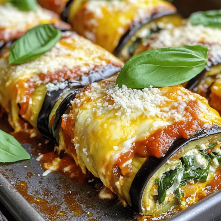 To make tasty eggplant lasagna roll ups, you need some key ingredients. Here’s what you’ll need: - 2 large eggplants, sliced lengthwise into 1/4-inch thick strips - 2 cups marinara sauce (homemade or store-bought) - 1 cup fresh spinach, chopped These ingredients form the base of your dish. The eggplants give a rich flavor, while marinara adds a nice touch of sweetness. Fresh spinach adds color and nutrition. The cheese mixture plays a big role in the flavor. For this, gather these items: - 1 cup ricotta cheese - 1 cup shredded mozzarella cheese - 1/2 cup grated Parmesan cheese These cheeses blend well together. Ricotta is creamy, mozzarella melts beautifully, and Parmesan gives a sharp taste. This mix makes your roll ups creamy and satisfying. Spices and extras help enhance the dish. Here’s what to add: - 1 teaspoon garlic powder - 1 teaspoon dried basil - Salt and pepper to taste - Olive oil for brushing These seasonings add depth to your roll ups. You can also add other veggies or herbs. Feel free to get creative! For the full recipe, check the complete guide. To start, I slice the eggplants into long strips, about 1/4 inch thick. This size helps them roll easily. I place the strips on a baking sheet with parchment paper. Then, I brush both sides lightly with olive oil, and sprinkle salt and pepper on top. I bake the eggplant at 375°F for 15 to 20 minutes. Flipping them halfway ensures even cooking. The goal is to soften the eggplant, making it pliable for rolling. In a bowl, I mix the ricotta cheese, half of the mozzarella, and the grated Parmesan cheese. Next, I add the chopped spinach, garlic powder, dried basil, and a pinch of salt and pepper. This mixture creates a creamy, flavorful filling. I stir it well until all the ingredients combine into a smooth blend. Once the eggplant is ready, I take each strip and spread about 2 tablespoons of the cheese mixture on it. I roll the strip tightly, placing it seam-side down in a greased baking dish. I repeat this for all the eggplant strips. Arranging them snugly helps them stay together while baking. After filling the baking dish, I pour marinara sauce evenly over the roll-ups. Then, I sprinkle the remaining mozzarella cheese on top. I cover the dish with aluminum foil and bake it for 25 minutes. After that, I remove the foil and bake for an extra 10 to 15 minutes. The cheese should be bubbly and slightly golden. Finally, I let the dish cool for about 5 minutes before serving. When picking eggplant, look for firm, smooth skin. The color should be vibrant and shiny. Avoid any with wrinkles or soft spots. Choose smaller eggplants for a sweeter taste. If you can, try to buy organic. This helps support local farmers and the environment. For the cheese mix, make sure your ricotta is creamy and smooth. If it’s too thick, add a splash of milk. Mix it with mozzarella and Parmesan for great flavor. This blend should spread easily on the eggplant. If the cheese is too runny, it may not hold the roll-up shape. One common mistake is skipping the pre-baking of the eggplant. This step makes the slices soft and easy to roll. Another error is overstuffing the eggplant strips. Too much filling can cause them to burst. Lastly, don’t forget to let the dish cool before serving. This helps the flavors settle. For a full recipe, check the Eggplant Lasagna Roll Ups. {{image_2}} You can make eggplant lasagna roll ups even better by adding other vegetables. Try spinach, mushrooms, or bell peppers. Slice them thin and layer them with the cheese mixture. Zucchini is a great choice too. It adds a nice crunch and flavor. Mix and match based on what you like or what’s in season. This makes each bite exciting and full of surprises. If you need a gluten-free option, don’t worry! You can replace the marinara sauce with a homemade tomato sauce that uses no flour. Also, check the cheese labels to ensure they are gluten-free. Some brands have gluten-free options that work well in this recipe. You can enjoy the same great taste without any gluten worries. Mixing different cheeses can change the flavor of your roll ups. Try adding feta or goat cheese to the ricotta for a tangy twist. You can also use smoked mozzarella for a unique smoky taste. Experiment with different cheese blends to find your perfect combo. Each variation can give you a new favorite dish! For more details on making these delicious roll ups, check out the Full Recipe. To keep your eggplant lasagna roll-ups fresh, first let them cool. Place them in an airtight container. You can store them in the fridge for up to three days. If you want to keep them longer, consider freezing them. When you are ready to enjoy leftovers, preheat your oven to 350°F (175°C). Place the roll-ups in a baking dish and cover them with foil. Bake for about 20 minutes, or until heated through. You can also microwave them for a quick meal, but the oven gives the best results. To freeze your eggplant roll-ups, wrap each one tightly in plastic wrap. Then, place them in a freezer-safe bag. They can last in the freezer for up to three months. When you want to eat them, thaw them overnight in the fridge before reheating. This keeps their taste and texture nice. For best results, eat them within a month for optimal flavor. Enjoy your meal anytime! Yes, you can use other types of cheese. Try using goat cheese or feta for a tangy taste. You might also like using provolone or gouda for a smokier flavor. Mixing cheeses can create a fun twist. Just keep the cheese balance in mind for the best texture. To reduce bitterness, sprinkle salt on the eggplant slices before cooking. Let them sit for about 30 minutes. This draws out moisture and bitterness. Rinse the slices and pat them dry with a paper towel. This way, you get rich flavor without the bitterness. Absolutely! Eggplant lasagna roll ups are perfect for meal prep. You can make them ahead and store them in the fridge for a few days. Just pop them in the oven when you're ready to eat. They also freeze well, so you can enjoy them later. Yes, zucchini makes a great substitute for eggplant. It has a mild flavor and a similar texture when baked. Slice the zucchini into strips like the eggplant. Follow the same steps in the recipe for delicious roll-ups. Each veggie adds its own twist to your dish. For the full recipe on how to make these tasty roll-ups, check the [Full Recipe]. In this article, we explored how to make delicious eggplant lasagna roll ups. We discussed main ingredients, like eggplant and cheese, along with seasoning options. The step-by-step guide helped you prepare, assemble, and bake these tasty rolls. Tips offered ways to pick the best eggplant and avoid common mistakes. Variations shared creative ideas to change the recipe. Finally, storage tips ensure your leftovers stay fresh. Try these roll ups for a satisfying meal that’s easy to enjoy anytime. Enjoy your cooking journey!